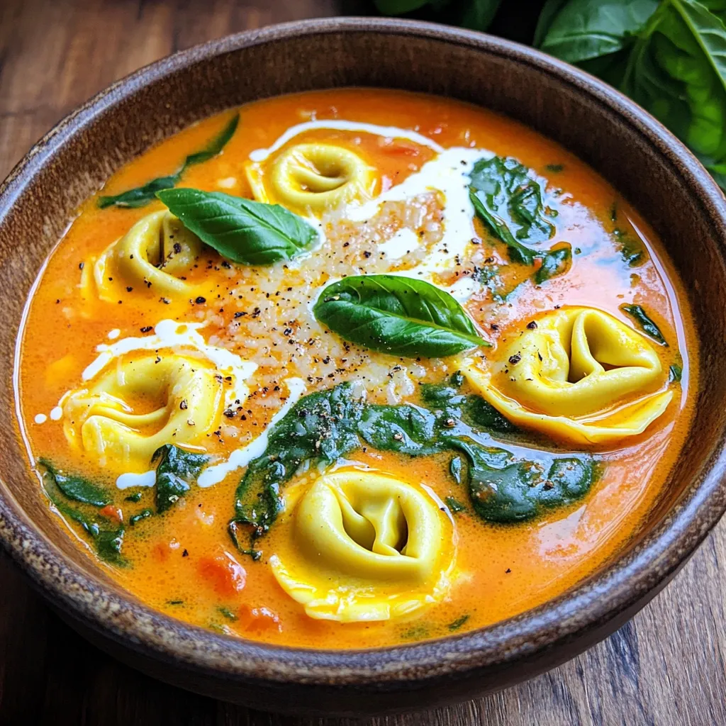 To make a rich and tasty soup, gather these essential items: - 2 tablespoons olive oil - 1 medium onion, diced - 3 cloves garlic, minced - 1 can (28 oz) crushed tomatoes - 4 cups vegetable broth - 1 teaspoon dried basil - 1 teaspoon dried oregano - Salt and freshly cracked black pepper to taste - 1 cup heavy cream - 2 cups cheese tortellini - 2 cups fresh spinach, roughly chopped - Grated Parmesan cheese for serving (optional) - Fresh basil leaves for garnish These ingredients work together to create a creamy, comforting soup. The crushed tomatoes bring a burst of flavor. The heavy cream adds richness, while the tortellini gives it heartiness. You can make this soup your own by adding optional ingredients. Consider these: - A splash of red wine for depth - Crushed red pepper flakes for heat - Chopped carrots or celery for extra veggies - A squeeze of lemon juice for brightness Adding these options can enhance flavors and add variety. Feel free to experiment to find your perfect blend. When choosing tortellini, you have options. I recommend: - Fresh tortellini for a tender bite - Frozen tortellini for quick prep - Whole wheat tortellini for extra fiber Each type works well in this soup. Fresh tortellini offers a soft texture, while frozen is convenient. Whole wheat adds a nice nutty flavor. Choose what fits your taste and needs. To start, gather all your ingredients. This makes cooking smooth and fun. You will need: - 2 tablespoons olive oil - 1 medium onion, diced - 3 cloves garlic, minced - 1 can (28 oz) crushed tomatoes - 4 cups vegetable broth - 1 teaspoon dried basil - 1 teaspoon dried oregano - Salt and freshly cracked black pepper - 1 cup heavy cream - 2 cups cheese tortellini - 2 cups fresh spinach, roughly chopped - Grated Parmesan cheese for serving - Fresh basil leaves for garnish Chop the onion and mince the garlic. Having everything ready makes cooking easier. 1. Heat the oil in a large pot over medium heat for about one minute. 2. Add the diced onion and sauté for 4-5 minutes. It should be soft and clear. 3. Add the minced garlic and stir for 1-2 minutes until fragrant. Don’t let it burn! 4. Pour in the crushed tomatoes and vegetable broth. Add the dried basil, oregano, salt, and pepper. Stir well. 5. Increase the heat to a gentle boil, then lower it to a simmer. Let it cook uncovered for 10 minutes. This is key for flavor. 6. Gradually stir in the heavy cream, mixing it well. Then add the tortellini. Cook based on the package instructions. 7. When the tortellini is done, mix in the chopped spinach. Let it wilt for 1-2 minutes. 8. Remove from heat and taste. Adjust seasoning as needed. 9. Serve in bowls, topping with Parmesan cheese and fresh basil. To save time, prep all ingredients first. This way, you won’t rush while cooking. Use fresh tortellini for a quicker meal. If using frozen tortellini, allow extra time. Cooking should be fun, not stressful! Using fresh herbs can make your soup pop. I recommend adding fresh basil and oregano. Add them near the end of cooking. This keeps their bright taste. If you have fresh herbs, use one tablespoon of each instead of dried. Chop the leaves finely to release their oils. Sprinkle them in right before serving for the best flavor. The key to a creamy soup is the heavy cream. Stir it in slowly after simmering your soup. This prevents curdling. If you want a lighter option, use coconut cream. It adds a sweet note and works well with tomatoes. Blend the soup for an ultra-smooth texture. You can use an immersion blender for ease. Just be careful not to over-blend. One common mistake is not tasting your soup as you cook. Always taste and adjust the seasoning. Too much salt can ruin your soup. Ensure your garlic does not burn. Burnt garlic can make the soup bitter. Lastly, avoid overcooking the tortellini. Follow the package directions closely, so they stay tender. {{image_4}} If you want a dairy-free version of this soup, use coconut cream instead of heavy cream. Coconut cream adds a rich flavor and a creamy texture. It also works well with the tomatoes and herbs. You can find coconut cream in cans at most grocery stores. Just replace the heavy cream with an equal amount of coconut cream in your recipe. This swap keeps the soup delicious and satisfying. You can easily add protein to your soup. Cooked chicken or sausage are great options. If you use chicken, shred it into bite-sized pieces and stir it in after adding the tortellini. For sausage, slice it and sauté it with the onions and garlic. Both choices add heartiness and flavor to your dish. Other proteins like shrimp or beans can also work well. Choose what you love! For a gluten-free meal, use gluten-free tortellini. Many brands offer gluten-free options made from rice, corn, or quinoa. Just follow the package instructions for cooking time. You could also replace the tortellini with gluten-free pasta or even zucchini noodles. This way, you still enjoy a tasty soup without gluten. To keep your creamy tomato tortellini soup fresh, store it in an airtight container. Let the soup cool down before sealing the lid. This step helps prevent moisture buildup. Label your container with the date. This way, you’ll remember when you made it. When reheating the soup, do it gently on the stovetop. Pour the soup into a pot and heat it over low to medium heat. Stir often to avoid sticking. If the soup seems too thick, add a splash of broth or cream. This helps regain the creamy texture. For long-term storage, freeze your soup in portions. Use freezer-safe bags or containers. Make sure to leave some space at the top, as liquids expand when frozen. When ready to eat, thaw it overnight in the fridge. Then, reheat as described above for the best results. Creamy Tomato Tortellini Soup stays fresh for about 3 to 4 days in the fridge. Make sure you store it in an airtight container. This helps keep the flavors intact and prevents spoilage. Always check for any changes in smell or texture before eating leftovers. Yes, you can make this soup ahead of time. It tastes even better after the flavors meld together. Just cook the soup but add the tortellini and spinach when you are ready to eat. This keeps the pasta from getting too soft. Absolutely! You can use fresh tomatoes in this soup. Aim for about 2 pounds of ripe tomatoes. Blanch them in boiling water for a minute, then peel and chop them. This adds a fresh taste, but it may require more cooking time to develop flavors. Yes, you can mix in other vegetables. Carrots, bell peppers, or zucchini work well. Just sauté them with the onions at the start. This adds more color and nutrients to your soup while keeping it delicious. This article covered how to make creamy tomato tortellini soup. We discussed key ingredients, cooking steps, and helpful tips. You learned about dietary variations and storage methods. This soup is easy to make and tastes great. You can switch up ingredients to fit your needs. Enjoy this simple meal, share it with friends, and make it your own!