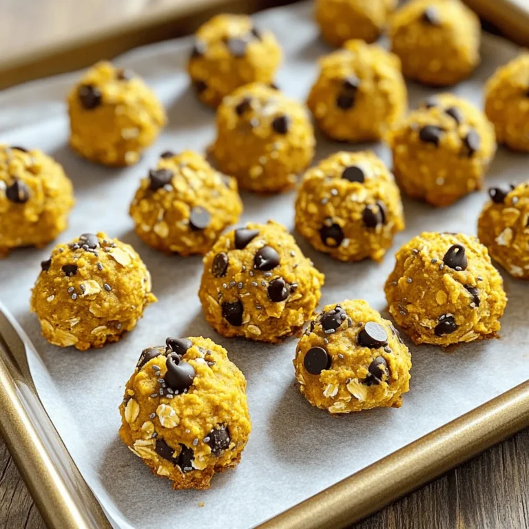 To make these tasty bites, you need: - 1 cup rolled oats - 1/2 cup canned pumpkin puree - 1/4 cup almond butter (or substitute with peanut butter) - 1/4 cup pure maple syrup - 1 teaspoon vanilla extract - 1/2 teaspoon ground cinnamon - 1/4 teaspoon ground nutmeg - 1/4 teaspoon fine sea salt - 1/2 cup chocolate chips (dark or semi-sweet) These ingredients create a delicious mix of flavors. The oats provide a hearty base. Pumpkin adds moisture and a lovely fall flavor. Almond butter gives a creamy texture, while maple syrup adds sweetness. The spices, cinnamon and nutmeg, bring warmth and depth. Finally, chocolate chips make every bite a treat. You can add 2 tablespoons of chia seeds for extra nutrition. Chia seeds are tiny but mighty. They boost fiber and protein in your bites. This addition makes the recipe even healthier without changing the taste. If you have allergies, there are some easy swaps: - Use sunflower seed butter if you're allergic to nuts. - Honey can replace maple syrup for sweetness. - Omit chocolate chips for a lower sugar option. Always check labels for allergens. This way, you keep your bites safe for everyone. Start with a large mixing bowl. Add 1 cup of rolled oats. Then, mix in 1/2 cup of canned pumpkin puree. Next, add 1/4 cup of almond butter or peanut butter. Pour in 1/4 cup of pure maple syrup. Use a spatula to mix everything until smooth. Make sure there are no lumps. Now, it’s time to add some flavor. Include 1 teaspoon of vanilla extract. Next, add 1/2 teaspoon of ground cinnamon and 1/4 teaspoon of ground nutmeg. Sprinkle in 1/4 teaspoon of fine sea salt. Stir well to combine. This will make your bites taste amazing. With clean hands, scoop the mixture. Roll each scoop into a ball about 1 inch in diameter. Place these balls on a parchment-lined baking tray. This step is fun! You’ll see how easy it is to shape your cookie dough bites. Once you finish rolling the bites, place the tray in the refrigerator. Let them chill for at least 30 minutes. This helps them firm up nicely. After chilling, transfer the bites to an airtight container. They can stay fresh in the fridge for up to a week. You can also freeze them for later! To get the perfect texture, use rolled oats. They give a nice chew. If you want a smoother bite, blend the oats first. Mixing in almond butter helps bind the dough. If you like crunch, add nuts or seeds. Chia seeds are a great option too. They add texture and nutrition. Store your cookie dough bites in an airtight container. This keeps them fresh for a week. If you want them to last longer, freeze them. Just place them in a freezer-safe bag. They stay tasty for up to three months. Let them thaw in the fridge before eating. Presentation matters! Serve the bites in a fun bowl or on a colorful platter. A sprinkle of cinnamon on top makes them look fancy. You can also add extra chocolate chips for a sweet touch. This makes them even more inviting to your guests. {{image_4}} You can easily change the taste of your No-Bake Pumpkin Oatmeal Cookie Dough Bites. Adding nuts gives you a nice crunch. Try chopped walnuts or pecans for a savory twist. Dried fruits like cranberries or raisins can add sweetness. You can also mix in seeds, like sunflower or pumpkin seeds, for extra texture. Each addition transforms the bites into something new and exciting. These bites can fit many diets. To make them gluten-free, use certified gluten-free oats. If you need a vegan option, make sure your chocolate chips are dairy-free. Swap out almond butter for sunflower seed butter to avoid nuts. This way, everyone can enjoy these tasty treats, no matter their dietary needs. You can adapt these bites for any holiday. For Halloween, add orange and black sprinkles or top them with candy corn. During Thanksgiving, sprinkle some chopped pecans and a drizzle of maple syrup on top. For Christmas, use peppermint extract instead of vanilla for a festive flavor. Each season gives you a chance to create something special with these bites. To keep your No-Bake Pumpkin Oatmeal Cookie Dough Bites fresh, store them in an airtight container. This helps keep moisture out and preserves flavor. Place the container in the refrigerator right after chilling. The bites will stay firm and tasty for your next snack. If you want to keep these bites longer, freezing is a great option. First, place the bites on a baking tray in a single layer. Freeze them for about an hour until they are solid. Then, transfer them to a freezer-safe bag or container. Make sure to remove as much air as possible. These bites can last up to three months in the freezer. In the fridge, your cookie dough bites will last up to a week. If you freeze them, you can enjoy them for about three months. Just remember to label your containers with the date. This way, you’ll know when to enjoy them. Yes, you can use fresh pumpkin. Just cook and puree it first. Fresh pumpkin can add a lovely flavor. Make sure it is smooth and not watery. This keeps your cookie dough bites from becoming too soggy. These bites last about a week in the fridge. Store them in an airtight container to keep them fresh. You can also freeze them for up to three months. Just remember to allow them to thaw before enjoying. Absolutely! These bites are fun and tasty for kids. They are packed with healthy ingredients. The chocolate chips make them even more appealing. Plus, they are easy to make together as a family. Yes, you can skip the nut butter. Try using sunflower seed butter or a seed-based spread. This keeps the texture nice and creamy. It also makes the bites nut-free, good for allergies. We explored how to make no-bake pumpkin oatmeal cookie dough bites. You learned about the main ingredients and some tasty options. I shared step-by-step instructions to guide you through the process. Tips showed how to perfect texture and serve well. We discussed fun variations for different diets and seasons. Lastly, you found storage tips for keeping these bites fresh. Enjoy creating these delicious treats at home! They're easy, tasty, and great for sharing.
