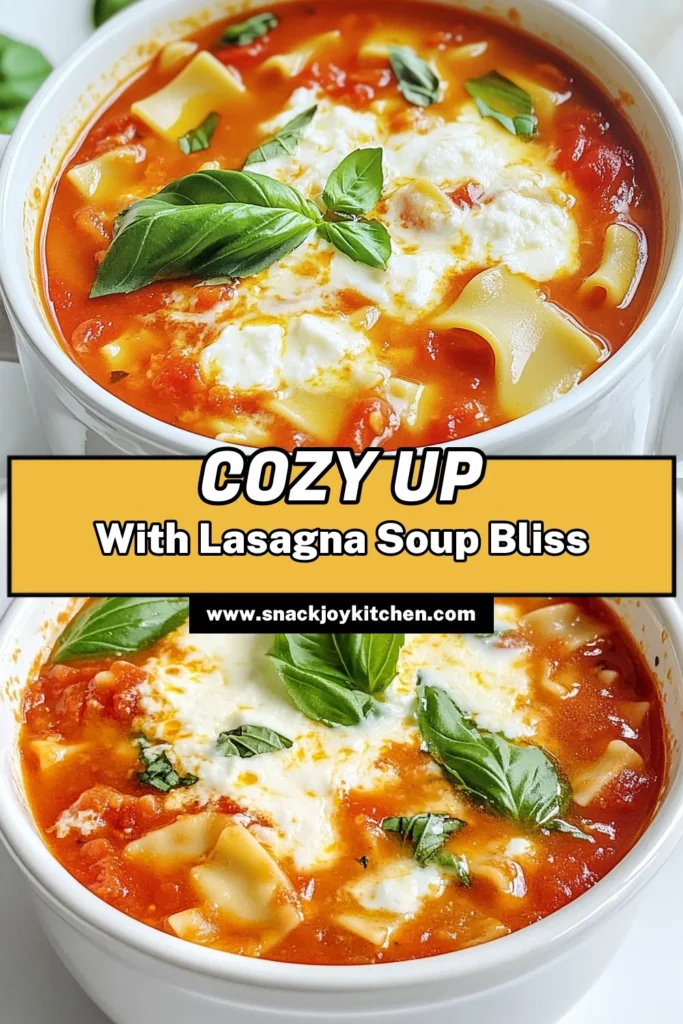 Indulge in the warmth of Lasagna Soup Delight, a comforting dish that combines hearty ingredients in a delicious bowl! This easy recipe features ground beef or turkey, vibrant crushed tomatoes, cheesy goodness, and flavors that will make your taste buds dance. Perfect for slow cooking, enjoy it with garlic bread or a fresh salad. Click to explore this delicious recipe and elevate your dinner game! #LasagnaSoup #ComfortFood #EasyRecipes #SlowCookerMeals