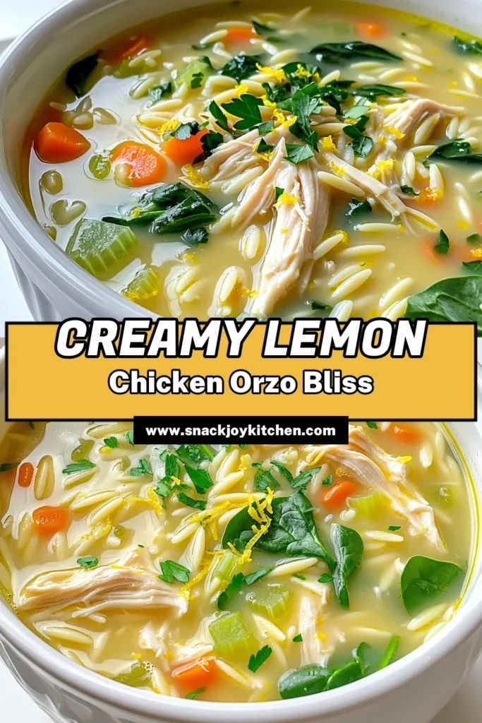 Warm up with a delicious bowl of creamy lemon chicken orzo soup that’s bursting with flavor and comfort! This easy recipe combines tender chicken, vibrant vegetables, and zesty lemon in a rich and creamy broth. Perfect for cozy nights or casual gatherings, it’s a must-try dish your family will love. Click through to discover how to make this comforting soup! #CreamyLemonChickenOrzoSoup #SoupRecipes #ComfortFood #EasyDinnerIdeas