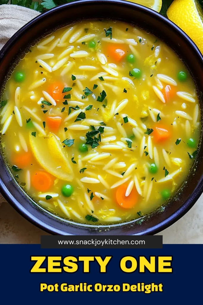 Warm up with this Bright and Zesty One Pot Lemon Garlic Orzo Soup! Packed with fresh flavors like lemon and garlic, this easy recipe comes together in just 25 minutes. With healthy veggies, tender orzo, and a sprinkle of parsley, it's perfect for any meal. Click through to discover how to make this delicious dish and enjoy a comforting bowl today! #LemonGarlicOrzo #OnePotRecipes #HealthyEating #ComfortFood