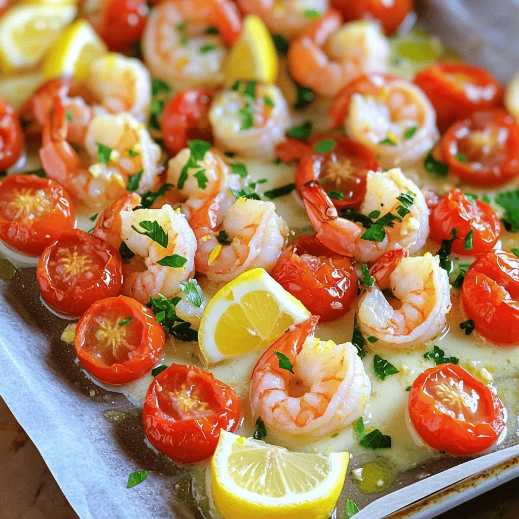 - 1 lb large shrimp, peeled and deveined - 8 oz linguine or spaghetti (uncooked) - 1/4 cup unsalted butter - 4 cloves garlic, minced - Zest and juice of 1 lemon - 1/4 teaspoon red pepper flakes - 1/2 cup cherry tomatoes, halved - 1/4 cup fresh parsley, finely chopped - Salt and pepper to taste To make this dish shine, you need fresh ingredients. The shrimp should be large, peeled, and deveined. This gives a nice texture and flavor. For the pasta, I recommend linguine or spaghetti. They hold the sauce well and cook evenly. Next, garlic is a key flavor here. Use fresh cloves for the best taste. Adding lemon zest and juice gives a bright touch. The red pepper flakes add just the right kick. Adjust them based on your heat preference. For fresh additions, pick ripe cherry tomatoes. They burst with flavor when baked. Fresh parsley adds color and a fresh taste. Don’t forget to season with salt and pepper to balance everything. Each ingredient plays a role in making your shrimp scampi tasty. Use the best you can find for a meal you’ll love. Start your cooking by preheating your oven to 400°F (200°C). This step is key for even cooking. Next, grab a large sheet pan and line it with parchment paper. This small step makes cleanup a breeze. In a big pot, bring water to a boil and add salt. This helps the pasta taste great. Add your uncooked linguine and cook it until just al dente. Follow the package directions for the best results. Once done, drain the pasta and set it aside. Now, let’s make the garlic butter sauce. In a small saucepan over medium heat, melt 1/4 cup of unsalted butter. After the butter melts, add 4 minced garlic cloves, lemon zest, and a pinch of red pepper flakes. Sauté this for 1 to 2 minutes until the garlic smells good but isn’t browned. Remove it from heat and stir in the fresh lemon juice. Time to assemble! Place the peeled and deveined shrimp and halved cherry tomatoes on your prepared sheet pan in a single layer. Drizzle the garlic butter mixture over the shrimp and tomatoes. Gently toss everything to coat evenly. Now, slide the sheet pan into the oven. Bake for about 8 to 10 minutes. You’ll know it’s done when the shrimp turn pink and opaque. When your shrimp are ready, take the sheet pan out of the oven. Carefully add the cooked linguine to the pan. Toss everything together gently. This helps the flavors mix well. Finally, sprinkle chopped fresh parsley on top for color and flavor. Serve with lemon wedges on the side for that extra citrus kick. To make great shrimp, avoid overcooking. Cooked shrimp should feel tender and juicy. The best sign is when shrimp turn pink and opaque. This usually takes 8-10 minutes in the oven. If you cook them longer, they may become rubbery, which is not what you want. You can easily change the taste of your dish. If you like heat, adjust red pepper flakes to your liking. Start with just a pinch and add more if you want it spicier. Adding more lemon juice also brightens the dish. This gives a fresh taste that pairs well with shrimp. For a fun and rustic look, serve directly from the sheet pan. This creates a casual vibe that guests love. If you want a more elegant touch, plate servings individually. Top with fresh parsley and a lemon wedge for that extra pop of color. {{image_4}} You can switch the pasta to fit your needs. Try gluten-free pasta if you need that option. Zoodles, or zucchini noodles, are also great. They add a fresh crunch and cut carbs. Use a spiralizer to make zoodles easily. Just remember, zoodles cook fast. Add them to the pan later to avoid mushiness. If shrimp isn't your thing, you have choices! Chicken works well in this dish. Dice it into bite-sized pieces and cook it like the shrimp. Scallops are another tasty option. They add a sweet, buttery flavor. Just make sure to adjust the cooking time since scallops cook faster than shrimp. Feel free to change the veggies with the seasons. In spring, add asparagus or peas for a pop of color. Summer is perfect for fresh corn or bell peppers. In fall, try adding butternut squash or Brussels sprouts. Each season brings different flavors. This keeps the dish fresh and exciting. Store leftover shrimp scampi in an airtight container. This keeps the shrimp fresh and tasty. Place it in the fridge, and it will last for about three days. Make sure to let it cool before sealing. This helps avoid moisture buildup inside the container. To reheat shrimp scampi, use the stovetop or microwave. For the stovetop, place the dish in a pan over low heat. Stir gently to avoid overcooking the shrimp. If using a microwave, heat in short bursts of 30 seconds. Stop to stir between each burst. This helps keep the shrimp juicy. You can freeze leftover shrimp scampi. Place it in a freezer-safe container. It will last for about two months in the freezer. Be sure to leave some space in the container for expansion. When you want to eat it, thaw it in the fridge overnight. Reheat using the stovetop or microwave for best results. It takes about 30 minutes total. You will need 10 minutes for prep and 20 minutes for cooking. This quick time means you can enjoy a tasty meal without spending hours in the kitchen. Yes, you can use frozen shrimp! Just make sure to thaw them first. To thaw, place them in the fridge overnight or run cold water over them for about 15 minutes. This way, they will cook evenly and taste fresh. Some great sides include garlic bread, a fresh green salad, or steamed broccoli. These options balance the rich flavors of the shrimp and enhance your meal. You can also try some roasted vegetables for a colorful plate. To add heat, increase the red pepper flakes. Start with a little extra, then taste. You can also add sliced jalapeños or a dash of hot sauce. Adjust to fit your spice level. Enjoy the kick! This dish combines shrimp, pasta, and flavorful garlic butter sauce for great taste. We prepared it with easy steps, using simple ingredients like lemon and red pepper flakes. Remember to avoid overcooking the shrimp for the best results. Feel free to mix in seasonal veggies or swap proteins for variety. Whether you’re serving it in a rustic way or on beautiful plates, this meal can shine. Try it out! It’s a fun dish you can customize and enjoy all year round.