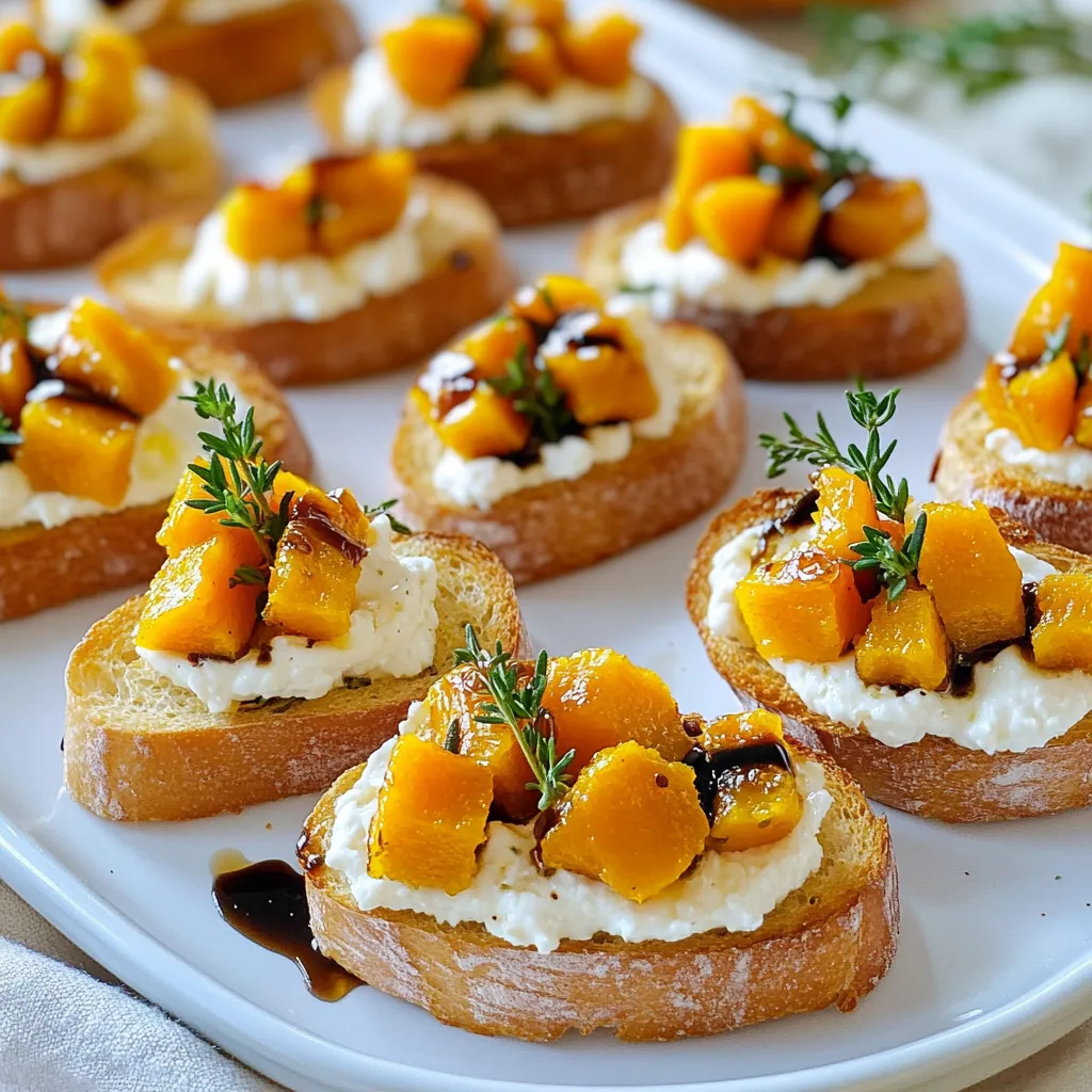 - 1 small butternut squash, peeled and diced into bite-sized cubes - 2 tablespoons extra virgin olive oil, plus more for brushing - 4 ounces goat cheese, softened to room temperature - Sea salt and freshly cracked black pepper to taste - 1 teaspoon ground cinnamon - 2 tablespoons honey - 1 French baguette, sliced into 1/2-inch thick pieces - 1 tablespoon fresh thyme leaves, plus extra for garnish - 1 tablespoon balsamic glaze for drizzling Let me share the magic of these ingredients. Butternut squash brings a sweet, nutty taste. It also adds a lovely, bright color. The goat cheese offers a creamy, tangy flavor that pairs well with the squash. Next, olive oil not only helps roast the squash but also keeps the baguette slices crispy. Sea salt and black pepper enhance all the flavors, while ground cinnamon adds warmth. Honey ties everything together with a hint of sweetness. You can’t forget the baguette! It forms the perfect base for the crostini. Fresh thyme leaves add a lovely herb note, and balsamic glaze gives a delightful finish. Each ingredient plays a key role. They come together to create a dish that is both tasty and beautiful. First, you need to dice the butternut squash. Peel it and cut it into bite-sized cubes. This size helps it cook evenly. In a bowl, mix the squash with olive oil, sea salt, black pepper, and ground cinnamon. Make sure each piece is coated well. Next, spread the squash on a baking sheet in a single layer. Roast it in a preheated oven at 425°F for 25-30 minutes. Halfway through, turn the squash with a spatula. It should be tender and caramelized when done. Now, let’s prepare the baguette slices. Cut the French baguette into half-inch thick pieces. Place them on a separate baking sheet. Brush each slice with olive oil on both sides. This step adds flavor and helps them crisp up. Toast the baguette slices in the oven for about 5-7 minutes. Watch them closely to avoid burning. They should turn golden brown and be crispy. While the squash and bread toast, it’s time to make the goat cheese spread. In a clean bowl, combine softened goat cheese, honey, and fresh thyme leaves. Mix these ingredients well until smooth. You want a creamy spread that will complement the squash. Once the squash cools, you can assemble your crostini. Start by spreading a good layer of the goat cheese mixture onto each toasted baguette slice. Cover the bread well with the cheese. Then, add a spoonful of the roasted butternut squash on top. Let some edges show for a rustic look. This adds color and texture to each bite. To finish, drizzle a little balsamic glaze over each crostini. This adds a sweet and tangy flavor. For a beautiful presentation, garnish with extra thyme leaves. This final touch makes the crostini look appealing and adds aroma. To roast butternut squash well, heat your oven to 425°F. This high temperature helps the squash cook through and caramelize nicely. Roast the cubes for 25 to 30 minutes. Turn them halfway to get even browning. When done, the squash should be tender and golden. A little char adds great flavor! You can add extra flavors to your crostini. Try mixing in some garlic powder or smoked paprika with the squash. This will give it a nice kick. If you want a different cheese, use feta or cream cheese instead of goat cheese. Each cheese brings its own taste and texture. These crostini work great for many occasions. Serve them at parties, as appetizers, or even at a cozy dinner. They pair well with drinks like white wine or sparkling cider. A light salad on the side makes for a balanced meal. Enjoy your savory bites warm or at room temperature for the best taste. {{image_4}} You can change the recipe based on the season. Try adding other veggies like roasted beets or sweet potatoes. They will add color and taste. You can also switch up the spices. In fall, use nutmeg or allspice. In spring, think about fresh herbs like basil or dill. This keeps your crostini fresh and fun. If you need gluten-free options, use gluten-free bread. There are many tasty choices available. For those who follow a vegan diet, swap goat cheese for cashew cheese or a nut-based spread. You can mix in a bit of nutritional yeast for a cheesy flavor. These changes make the dish friendly for everyone. To add more crunch, try adding nuts or seeds. Chopped walnuts or pumpkin seeds give a nice texture. You can also include fruits like pomegranate seeds or thin apple slices. These add sweetness and a burst of flavor. Experimenting with these additions can make your crostini even more exciting. To keep your crostini fresh, place leftovers in an airtight container. You can store them in the fridge for up to three days. This keeps the flavors intact while preventing them from drying out. Avoid stacking the crostini to keep them crispy. When reheating, place crostini on a baking sheet. Heat them in an oven at 350°F (175°C) for about 5-7 minutes. This method warms them without making them soggy. You want to maintain the crispiness of the bread. You can freeze the assembled crostini, but I recommend freezing the components separately for best results. Wrap the roasted butternut squash tightly in plastic wrap. Store the goat cheese spread in a sealed container. You can freeze these for up to a month. When you are ready to enjoy them, thaw in the fridge overnight before assembling and toasting. The best way to prepare butternut squash is to peel, dice, and roast it. Start by cutting the squash into bite-sized cubes. Toss the cubes with olive oil, sea salt, black pepper, and cinnamon for great flavor. Roast them at 425°F (220°C) for 25-30 minutes. The heat will caramelize the squash, giving it a sweet taste. Yes, you can make crostini ahead of time. Prepare the goat cheese spread and roasted squash in advance. You can also toast the baguette slices earlier in the day. Store the components separately in airtight containers. Assemble the crostini just before serving for the best flavor and texture. If you prefer a different cheese, you can use cream cheese or ricotta. Both provide a creamy texture. Feta cheese also makes a nice alternative with a tangy flavor. Choose a cheese that suits your taste. Check the squash for tenderness. It should be soft enough to pierce with a fork. The edges should be slightly caramelized for the best flavor. This usually takes 25-30 minutes in the oven, but keep an eye on it. You can use several types of bread for crostini. Sourdough, ciabatta, or whole grain bread work well. Just cut them into thin slices and toast them until crispy. Choose a bread that you enjoy to create your perfect crostini. This blog post covered how to make delicious butternut squash crostini. You learned about the key ingredients like butternut squash, goat cheese, and olive oil. We discussed simple steps for prepping and assembling, plus tips for perfect roasting. You can even customize it for seasons and dietary needs. Remember, leftovers can last a while if stored right. Enjoy creating this dish for gatherings or a quiet night in. Happy cooking!