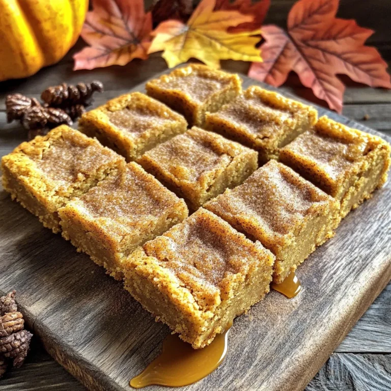 To make pumpkin spice snickerdoodle blondies, gather these ingredients: - 1 cup unsalted butter, melted - 1 1/2 cups brown sugar, tightly packed - 1/2 cup granulated sugar - 2 large eggs - 1 cup pure pumpkin puree - 2 teaspoons pure vanilla extract - 2 cups all-purpose flour - 2 teaspoons baking powder - 1 tablespoon pumpkin pie spice - 1/2 teaspoon salt - Optional: 1/2 cup white chocolate chips - Topping: 1/4 cup granulated sugar and 1 teaspoon ground cinnamon Each ingredient has a role. The butter gives richness, while the sugars add sweetness. Eggs help bind the mix. Pumpkin puree adds moisture and flavor. Vanilla boosts taste. Flour and baking powder create the structure. Pumpkin pie spice brings warmth and autumn vibes. Salt balances the sweetness. White chocolate chips offer a creamy touch. The topping makes it snickerdoodle-like, with sugar and cinnamon on top. Using fresh, quality ingredients makes a big difference. It enhances flavor and texture. Always check your pantry before you start. This way, you ensure you have everything ready. If you're missing something, it’s best to find a substitute before you begin. Enjoy the process of baking these delicious blondies! - Preheat your oven to 350°F (175°C). - Grease a 9x13 inch baking pan with butter or cooking spray. - Line the pan with parchment paper, leaving some overhang. - In a large bowl, combine melted butter, brown sugar, and granulated sugar. - Whisk until creamy and smooth. - Beat in the eggs one at a time. - Add pumpkin puree and vanilla extract, mixing until smooth. - In another bowl, whisk together flour, baking powder, pumpkin pie spice, and salt. - Gently mix the dry ingredients into the wet ingredients. - Stop mixing when just combined to keep the blondies soft. - If you want, fold in the white chocolate chips. - This adds a sweet, creamy touch to your blondies. - Spread the batter evenly in the prepared pan. - In a small bowl, mix granulated sugar and cinnamon for the topping. - Sprinkle this mixture over the batter. - Bake for 25-30 minutes. Use a toothpick to check; it should come out clean or with a few moist crumbs. - Let the blondies cool in the pan for 15 minutes. - Carefully lift them out using the parchment paper. - Transfer to a wire rack to cool completely before slicing. To get the best texture in your Pumpkin Spice Snickerdoodle Blondies, avoid overmixing the batter. When you mix too much, the blondies can become tough. Stir just until you see no dry flour. This keeps them soft and chewy. To check if your blondies are done, use a toothpick. Insert it in the center. If it comes out clean or with a few moist crumbs, they are ready. If not, bake a bit longer. For a stunning display, arrange your blondies on a rustic wooden board. You can also use an autumn-themed platter for a cozy feel. Drizzling warm caramel sauce on top adds a sweet touch. It enhances both the flavor and look of your treat. One common mistake is using canned pumpkin instead of fresh pumpkin puree. Canned pumpkin can have added sugars and spices, changing the taste. Fresh puree gives your blondies a rich, pure flavor. Not greasing the pan well can lead to a sticky mess. Always grease the pan or use parchment paper to lift out the blondies easily. This step helps keep your blondies intact when you serve them. {{image_4}} To make gluten-free pumpkin spice snickerdoodle blondies, you can swap the all-purpose flour. Use a gluten-free flour blend instead. Look for blends that contain xanthan gum, which helps with texture. This blend works well in most recipes. You won't lose any flavor or texture. If you want a vegan version, replace the eggs. Use 1/4 cup unsweetened applesauce for each egg. This keeps the blondies moist and fluffy. You can also use flax eggs, made by mixing one tablespoon of ground flaxseed with three tablespoons of water. Let it sit for five minutes to thicken. For dairy-free, use coconut oil instead of butter and almond milk for the liquid. You can enhance the flavor by adding chopped nuts, like walnuts or pecans. They add a nice crunch. Consider mixing in some raisins or cranberries for a fruity twist. Another option is to swap the white chocolate chips for dark or milk chocolate chips. You can even add a dash of ginger or nutmeg for extra warmth. These small changes make a big difference. To keep your pumpkin spice snickerdoodle blondies fresh, use an airtight container. This method helps maintain moisture. You can also cover them with foil, but it may not keep them as fresh. I recommend the airtight option for the best results. For long-term storage, freeze the blondies after they cool completely. Wrap each blondie in plastic wrap, then place them in a freezer bag. This keeps them tasty for up to three months. To thaw, leave them in the fridge overnight or on the counter for a few hours. Enjoy them at room temperature for the best taste. When stored properly, these blondies stay fresh for about a week. If you keep them in the fridge, they can last up to two weeks. Just remember to let them come to room temperature before serving for the best flavor. Yes, you can use pumpkin pie filling. It adds spices and sweetness. Just reduce the amount of added spices in the recipe. This makes your blondies sweeter and more flavorful. To make them more cake-like, add an extra egg. You can also use less flour and more baking powder. This change gives a lighter, fluffier texture. Use a sharp knife for clean cuts. Wait until they cool completely. For perfect squares, run the knife under hot water before cutting. This helps prevent sticking. Yes, you can make these blondies a day ahead. Store them in an airtight container. They taste great the next day and are easy to serve. Blondies are sweeter and have a butterscotch flavor. Brownies are rich and chocolatey. Blondies use brown sugar and vanilla, while brownies use cocoa powder. Each offers a unique taste experience. In this post, we explored how to make delicious pumpkin blondies. We covered the key ingredients, step-by-step instructions, and tips to avoid common mistakes. You learned about different variations, storage methods, and even answered some frequently asked questions. Pumpkin blondies are easy to make and perfect for fall gatherings. Trying out these recipes can delight your family and friends. Enjoy baking and let your creativity shine in the kitchen!