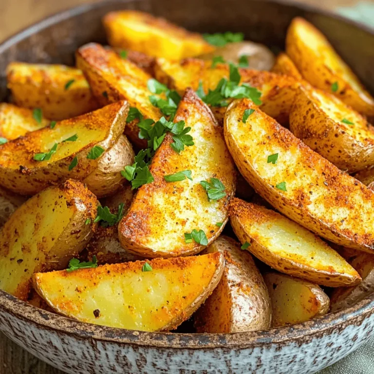 - 4 medium russet potatoes - 3 tablespoons extra virgin olive oil - 2 teaspoons Cajun seasoning - 1 teaspoon garlic powder - 1 teaspoon onion powder - ½ teaspoon smoked paprika - ½ teaspoon freshly ground black pepper - Salt, to taste - Fresh parsley, finely chopped Gathering the right ingredients is key to making tasty Air Fryer Cajun Potato Wedges. Start with medium russet potatoes. They have a great balance of starch and moisture. Next, grab extra virgin olive oil. This oil adds flavor and helps the spices stick. For the seasoning, focus on a mix that brings the heat and depth. Cajun seasoning gives the wedges their bold kick. Garlic powder and onion powder add savory notes. Smoked paprika gives a lovely earthy touch. Don’t skip the freshly ground black pepper and salt. They enhance all the flavors. Finally, fresh parsley isn’t just for looks. It brightens the dish and adds a fresh taste. When you have all your ingredients ready, you can move on to making the wedges. This part is where the fun begins! - Wash and dry the potatoes Start by washing the russet potatoes under running water. This step removes dirt and debris. Then, use a kitchen towel to dry them completely. Dry potatoes help achieve that perfect crisp. - Slice the potatoes into wedges Next, slice each potato into wedges. Aim for about eight wedges per potato. Make sure they are even in thickness. This helps them cook uniformly in the air fryer. - Combine oil and seasonings in a bowl In a large mixing bowl, mix three tablespoons of extra virgin olive oil with the seasoning. Add two teaspoons of Cajun seasoning, one teaspoon of garlic powder, one teaspoon of onion powder, half a teaspoon of smoked paprika, half a teaspoon of black pepper, and a pinch of salt. Stir well until combined. - Toss potato wedges with seasonings Carefully add the potato wedges to the bowl. Toss the wedges gently until coated with the seasoning mixture. Each wedge should be evenly covered to ensure great flavor in every bite. - Preheat air fryer to 400°F (200°C) Before cooking, preheat your air fryer to 400°F (200°C) for about five minutes. Preheating helps achieve that crispy finish. - Cook potato wedges in batches for 15-18 minutes Once preheated, place the seasoned wedges in the air fryer basket. Cook them in a single layer without overcrowding. This ensures they crisp up nicely. Cook for 15 to 18 minutes. - Shake basket halfway through cooking Halfway through, shake the basket gently. This step promotes even cooking and browning. After cooking, the wedges should be golden brown and crispy. Remove them and let them cool for a minute before serving. To get crispy potato wedges, cut them evenly. Aim for about 1 inch thick. This helps them cook at the same rate. If the wedges are uneven, some will cook too fast or too slow. Also, avoid overcrowding the air fryer basket. Place the wedges in a single layer. If you add too many at once, they will steam instead of crisp. Working in batches is best for that perfect crunch. Always preheat your air fryer to 400°F (200°C). This step is key for crispy results. Preheating helps the oil and heat work together to fry the potatoes well. While cooking, check the wedges for doneness around the 10-minute mark. If they need more time, add a few extra minutes. Each air fryer is different, so adjust as needed. Russet potatoes are the best for air frying. They have a high starch content, making them crispy outside and fluffy inside. When choosing potatoes, look for firm ones with no spots or blemishes. Fresh potatoes have a smooth skin and feel heavy for their size. This ensures you get the best flavor and texture in your wedges. {{image_4}} You can spice up your Cajun potato wedges in many ways. If you like heat, add cayenne pepper to the mix. Just a pinch can make a big difference. It adds a nice kick! You can also switch up your seasoning by using different herbs. Try thyme or oregano for a fresh twist. These options keep your wedges exciting and new. Want to take your wedges to the next level? You can add cheese! Grated Parmesan or cheddar can melt beautifully on top. Just sprinkle it on right after cooking. If you want more veggies, toss in some bell peppers or onions. They roast well and add color, flavor, and nutrition. Think about how to serve these crispy wedges. They pair well with dipping sauces. Ranch and spicy aioli are great choices. You can also use salsa or guacamole for a fun twist. For a meal, serve the wedges with grilled chicken or fish. They make a wonderful side dish. Enjoy your flavorful creations! To store your leftover Cajun potato wedges, let them cool first. Place them in an airtight container. This keeps them fresh and tasty. Store the container in the fridge. They will last for about 3 days. If you want to keep them longer, freezing is a great option. Place the wedges in a freezer-safe bag. Remove as much air as you can. This helps prevent freezer burn. They can stay in the freezer for up to 2 months. To reheat your leftovers, the air fryer is the best choice. Set it to 350°F (175°C). Place the wedges in a single layer. Heat them for about 5 to 7 minutes. This restores their crispiness. Avoid using the microwave if you want to keep them crispy. A microwave can make them soggy. If you must use it, heat them for a short time, but be ready for a softer texture. Cajun potato wedges are best when fresh but can last. In the fridge, they are safe for about 3 days. You will notice if they are bad. Look for changes in color or texture. If they smell off, it’s time to toss them. In the freezer, they can last about 2 months. After that, they may lose flavor and texture. Always check before you eat them. Yes, you can use other types of potatoes. Sweet potatoes work great too. Yukon gold potatoes add a buttery taste. Each type gives a different texture and flavor. Just remember to cut them into even wedges for even cooking. To make these wedges gluten-free, choose gluten-free Cajun seasoning. Many brands offer certified gluten-free options. Always check labels to be sure. You can also mix your own seasoning using spices like paprika and cayenne. This way, you control the flavor and avoid gluten. One common mistake is cutting potatoes unevenly. This causes some pieces to cook faster than others. Another mistake is overcrowding the air fryer. Always give the wedges space for air to flow. Lastly, not preheating the air fryer can lead to soggy wedges. Preheat it to get that perfect crisp! In this blog post, we explored how to make delicious Cajun potato wedges. We covered the main ingredients, the step-by-step cooking process in an air fryer, and tips for achieving perfect crispiness. You learned about variations, storage methods, and answers to common questions. By following these simple steps, you can create tasty, golden wedges with bold flavors. Experiment with seasonings and enjoy them with your favorite dips! Happy cooking!