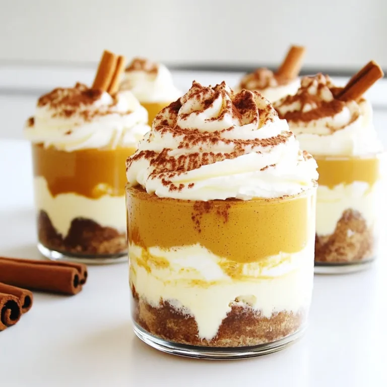 - 1 cup pumpkin puree - 1 cup mascarpone cheese - 1 cup heavy cream - ½ cup granulated sugar - 1 teaspoon pure vanilla extract - ½ teaspoon pumpkin spice blend - 2 tablespoons pure maple syrup - 1 cup brewed coffee (cooled) - 12 ladyfinger cookies - Cocoa powder and whipped cream for garnish Pumpkin Latte Tiramisu Cups are fun to make! You need simple, fresh ingredients. Start with pumpkin puree. This gives the dessert its rich flavor and color. Next, grab mascarpone cheese. It adds creaminess and a slight tang. Heavy cream is key for a fluffy texture. Granulated sugar sweetens the mix without overpowering the other flavors. To enhance the taste, use pure vanilla extract. This adds depth. The pumpkin spice blend brings warmth and coziness. Don't forget pure maple syrup. It adds a lovely sweetness and a hint of earthiness. For the essential components, you need brewed coffee, cooled to room temperature. It flavors the ladyfingers without making them soggy. Ladyfinger cookies are crucial for that classic tiramisu texture. Finally, cocoa powder and whipped cream make for beautiful garnishes. They also add a nice finish to each cup. First, take a large mixing bowl. Add 1 cup of mascarpone cheese, 1 cup of heavy cream, and ½ cup of granulated sugar. Next, pour in 1 teaspoon of pure vanilla extract and ½ teaspoon of pumpkin spice blend. Now, grab your handheld mixer. Whip the mixture on medium-high speed. Watch for stiff peaks to form. This step makes the mixture light and airy. In a separate bowl, pour in 1 cup of cooled brewed coffee. Add 2 tablespoons of pure maple syrup. Stir well to mix. This creates a sweet coffee dip. It will balance all the flavors in your tiramisu cups. Now it’s time to assemble! Take each ladyfinger cookie. Quickly dip it into the coffee mixture for just 2 seconds. Make sure not to soak it too long. You want a tender cookie that stays intact. In individual serving cups, start layering. Place one dipped ladyfinger at the bottom of each cup. Spoon a layer of the pumpkin mascarpone mixture over the ladyfinger. Spread it evenly for a smooth look. Repeat the process: add another dipped ladyfinger, then more pumpkin mixture. Keep layering until you reach the top. Finish with a final layer of the creamy mascarpone mixture. After you assemble your cups, cover them with plastic wrap. Refrigerate for at least 4 hours, but overnight is best. This waiting time lets all the flavors come together. When you are ready to serve, dust each cup with cocoa powder. Add a dollop of whipped cream on top. For a special touch, place a cinnamon stick on each cup. Enjoy your delicious Pumpkin Latte Tiramisu Cups! To whip mascarpone and cream correctly, start with cold ingredients. This helps them whip up nicely. Use a handheld mixer on medium-high speed. Mix until you see stiff peaks. This means it holds its shape well. Be gentle but firm when mixing. Next, avoid soggy ladyfingers. Dip each ladyfinger in the coffee mixture for just two seconds. You want them to soak some flavor, but not fall apart. The goal is a soft, but firm texture. Chill time is key for flavor development. Let your tiramisu cups sit in the fridge for at least four hours. This allows the flavors to blend well. For the best results, refrigerate overnight. When storing, cover each cup with plastic wrap. This keeps them fresh and prevents any fridge odors from getting in. For serving dishes, use clear cups or small glasses. This shows off the beautiful layers. To garnish, dust cocoa powder on top. Add a dollop of whipped cream for a creamy touch. A cinnamon stick can make a lovely addition too. To complement this dessert, serve it with a warm fall drink. A spiced chai latte or a nice coffee pairs well. These drinks enhance the cozy flavors of the tiramisu. {{image_4}} You can play with the flavors in your Pumpkin Latte Tiramisu Cups. One fun idea is to add chocolate or caramel. These flavors mix well with pumpkin and coffee. Just drizzle chocolate or caramel sauce between the layers. You can also sprinkle some chocolate shavings on top for extra flair. Another option is to use different spices. Instead of pumpkin spice, try nutmeg or allspice. Each spice gives a unique twist to your cups. Nutmeg adds warmth, while allspice brings a hint of sweetness. Mix and match to find your favorite flavor blend. If you need gluten-free options, there are choices for ladyfingers. Look for gluten-free ladyfinger cookies in stores. You can also make your own with gluten-free flour. This way, everyone can enjoy the dessert. For those who prefer dairy-free, you have options too. Swap out mascarpone cheese for a dairy-free cream cheese. Use coconut cream instead of heavy cream. These changes keep the dessert creamy and delicious without dairy. You can easily scale the recipe for larger gatherings. Simply double or triple the ingredients. Use bigger cups or bowls to serve. This way, you can share the joy of Pumpkin Latte Tiramisu Cups with more friends and family. For a fun twist, try making miniature versions. Use small cups or shot glasses. These bite-sized treats are perfect for parties. They look cute and let guests enjoy a taste without too much dessert. To keep your Pumpkin Latte Tiramisu Cups fresh, store them in the fridge. Use airtight containers to prevent any odors from other foods. I recommend glass containers, as they are safe and easy to clean. If you don’t have glass containers, plastic ones work too. Just ensure they seal tightly. If you want to freeze these cups, follow these simple steps: 1. Assemble the cups as usual. 2. Wrap each cup tightly in plastic wrap. 3. Place them in a freezer-safe container or bag. When you are ready to eat them, move the cups to the fridge. Let them defrost slowly overnight. This method keeps the flavor and texture intact. In the fridge, your Pumpkin Latte Tiramisu Cups last about 3 to 5 days. Check for any changes in smell or texture. If you see any liquid pooling or if the cream looks grainy, it’s best to toss them. Always trust your senses; they are your best guide! Yes, you can make these cups ahead of time. I suggest preparing them the day before. This allows the flavors to blend well. The longer they chill, the better they taste. Just cover them tightly with plastic wrap. Keep them in the fridge until you are ready to serve. If you cannot find ladyfingers, you have options. You can use sponge cake or pound cake. These will give a similar soft texture. You can even try graham crackers for a different twist. Just be careful with the dipping time to avoid sogginess. This recipe is not gluten-free as written. To make it gluten-free, use gluten-free ladyfingers. You can find these in many stores or online. Ensure other ingredients, like the mascarpone and cream, are also gluten-free. Check labels to be safe. Yes, you can adjust the sweetness. If you want it less sweet, reduce the sugar to ⅓ cup. To make it sweeter, add an extra tablespoon of sugar. Just remember to keep the texture in mind. Too much sugar can change how the dessert sets. This blog post guides you through making Pumpkin Latte Tiramisu Cups. We started with the key ingredients like pumpkin puree and mascarpone cheese. Then, I shared step-by-step instructions for mixing, preparing, and layering. Tips included perfect consistency and refrigeration. We explored variations for flavor and dietary needs. Remember to store leftovers properly for the best taste. Enjoy this unique dessert, embracing the flavors of fall while impressing friends and family with your skills!