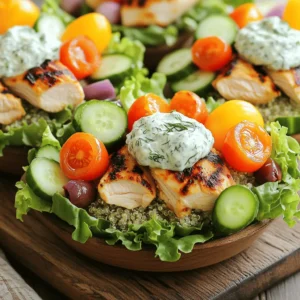 - 1 lb boneless, skinless chicken thighs - 2 tablespoons olive oil - 2 cloves garlic, finely minced - 2 teaspoons dried oregano - 1 teaspoon smoked paprika - Salt and black pepper, to taste - 1 cup cooked quinoa - 1 cup cherry tomatoes, halved - 1 cucumber, diced - 1 red onion, thinly sliced - 1 cup mixed lettuce leaves - 1/2 cup Kalamata olives, pitted - 1 cup plain Greek yogurt - 1/2 cucumber, grated and excess moisture squeezed out - 2 cloves garlic, finely minced - 1 tablespoon fresh lemon juice - Salt and black pepper, to taste - 1 tablespoon fresh dill, chopped To get the best results, use fresh ingredients. Here’s how to measure them right: - For herbs and spices, use measuring spoons. - For liquids, use a liquid measuring cup. - When measuring dry ingredients like quinoa, use a dry measuring cup. - Always be precise with your amounts for the best taste. - Fresh herbs should be packed lightly into the cup for accuracy. Now you have all you need to create your Chicken Gyro Bowls with Tzatziki! Each ingredient plays a role in flavor, bringing a taste of the Mediterranean to your table. Enjoy the process of measuring and preparing. It makes a big difference! To make the chicken tasty, start by mixing the marinade. In a mixing bowl, whisk together: - 2 tablespoons olive oil - 2 cloves garlic, finely minced - 2 teaspoons dried oregano - 1 teaspoon smoked paprika - Salt and black pepper, to taste Once mixed, add the chicken thighs. Make sure they are fully coated. Cover the bowl and refrigerate. For deep flavor, let the chicken marinate for at least 30 minutes. If you have more time, let it soak for up to 2 hours. You can grill or cook the chicken on the stovetop. Preheat your grill pan or outdoor grill to medium-high heat. When hot, place the marinated chicken thighs on the grill. Cook them for about 6-7 minutes on each side. The chicken is done when the juices run clear and the internal temperature hits 165°F. After cooking, let the chicken rest for a few minutes. This helps keep it juicy. Then, slice the chicken into strips. Now, let’s whip up the tzatziki. In a separate bowl, combine: - 1 cup plain Greek yogurt - 1/2 cucumber, grated and moisture squeezed out - 2 cloves garlic, finely minced - 1 tablespoon fresh lemon juice - Salt and black pepper, to taste - 1 tablespoon fresh dill, chopped Stir the mixture until smooth and creamy. Taste it and adjust the seasoning if needed. Cover and refrigerate the sauce until you’re ready to serve. This lets the flavors blend well. Time to put it all together! In each serving bowl, start with a layer of cooked quinoa. Next, add a handful of mixed lettuce leaves. On top, place the sliced grilled chicken. Then, artfully arrange: - Halved cherry tomatoes - Diced cucumber - Thinly sliced red onion - Kalamata olives Make it colorful for a great look. Finally, spoon a generous amount of the chilled tzatziki sauce over each bowl. Let it cascade a bit into the other ingredients for added flavor. Drizzle a little olive oil on top and sprinkle some fresh dill for a nice touch. Enjoy your meal! To boost the flavors of your chicken gyro bowls, consider adding spices like cumin or coriander. Fresh herbs like parsley or mint can also give a fresh taste. If you like heat, try adding a pinch of chili flakes or a splash of hot sauce to the tzatziki. You can customize the dish by using different toppings. Try adding feta cheese or roasted red peppers for a twist. Grilling the chicken gives it a nice smoky flavor. If you prefer, you can bake it at 400°F for about 25 minutes. Always check that the chicken reaches 165°F inside. For cooking quinoa, rinse it first to remove bitterness. Use two parts water to one part quinoa. Bring it to a boil, then simmer for about 15 minutes until fluffy. These chicken gyro bowls work well for lunch or dinner. Pair them with pita bread or a side salad for extra crunch. They are great for gatherings, quick meals, or meal prep. You can even set up a build-your-own bowl bar. This way, everyone can choose their favorite toppings and sauces. {{image_4}} You can easily make this dish vegetarian. Instead of chicken, use plant-based proteins. Tofu or tempeh works great. Marinate them just like the chicken. Use the same olive oil, garlic, and spices for flavor. Cook them on the grill or sauté in a pan until golden. This keeps the same taste and texture, making it a win for everyone. Get creative with your toppings! Try adding diced bell peppers or avocado for extra creaminess. Feta cheese can add a salty kick. You might also like pickled red onions for a tangy bite. For a spicy flair, drizzle some sriracha or harissa sauce. These toppings can change the whole flavor of your bowl. Want to spice things up? Use global flavors! Try adding cumin and coriander for a Middle Eastern twist. For a Mexican flavor, use taco spices with black beans. You can even add a splash of soy sauce and sesame seeds for an Asian flair. Mixing in these spices can bring a whole new vibe to your gyro bowls. To keep your chicken gyro bowls fresh, place them in airtight containers. Make sure the chicken and veggies stay separate from the quinoa to avoid sogginess. Store the tzatziki sauce in a smaller container. This method helps maintain the dish's flavor and texture. In the fridge, the chicken gyro bowls can last about 3-4 days. Always check for any signs of spoilage before eating. When reheating, make sure to heat the chicken and veggies safely. Use a microwave or stovetop. If using a microwave, heat in short bursts. Stir the food to avoid hot spots. To keep your chicken juicy, add a splash of water before reheating. For the quinoa, use a bit of olive oil to help it regain its fluffy texture. Remember, it's best to reheat only what you plan to eat to keep leftovers fresh. A gyro is a popular Greek dish. It has meat cooked on a vertical rotisserie. The meat is often wrapped in pita bread. It is served with fresh veggies and a creamy sauce. Common toppings include tomatoes, onions, and tzatziki. Tzatziki is a yogurt-based sauce with cucumber and garlic. Gyros are flavorful and very satisfying. Yes, you can use other proteins for your gyro bowls. Beef and lamb are great alternatives. They add rich flavors that pair well with the toppings. If you prefer a plant-based option, tofu works nicely too. Just marinate it the same way as chicken. You can also try seitan for a meat-like texture. To make quinoa, start by rinsing 1 cup of quinoa under cold water. This removes the bitter coating. Then, add the rinsed quinoa to a pot with 2 cups of water. Bring the water to a boil over medium heat. Once boiling, lower the heat and cover the pot. Let it simmer for about 15 minutes. After that, remove it from heat and let it sit for 5 minutes. Fluff it with a fork before adding it to your bowls. Yes, you can make tzatziki sauce in advance. It tastes even better after chilling. Combine the yogurt, grated cucumber, garlic, lemon juice, salt, pepper, and dill in a bowl. Mix well and store in the fridge. It can last up to three days. Just give it a good stir before serving. There are many great sides to serve with gyro bowls. Consider a Greek salad with feta and olives. You can also add pita bread or rice for extra carbs. A light lemony drink or iced tea pairs well too. If you want dessert, baklava is a sweet choice. Chicken gyro bowls are a fun and tasty meal. We covered main ingredients like chicken, quinoa, and tzatziki sauce. You learned how to prepare these bowls step by step, with helpful cooking tips and flavor ideas. Don't forget to store any leftovers properly to keep them fresh. This dish is flexible; feel free to try different proteins and toppings. Enjoy making your own gyro bowls that suit your taste!