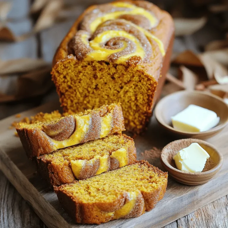 To make this tasty bread, you need a few key ingredients: - 1 cup pumpkin puree - 1/2 cup vegetable oil - 1 cup granulated sugar - 1/2 cup packed brown sugar - 3 large eggs - 1 teaspoon vanilla extract - 2 cups all-purpose flour - 1 teaspoon baking soda - 1/2 teaspoon baking powder - 1 teaspoon ground cinnamon - 1/2 teaspoon ground nutmeg - 1/4 teaspoon ground ginger - 1/2 teaspoon salt - 1/4 cup granulated sugar (for the swirl) - 2 teaspoons ground cinnamon (for the swirl) Using correct measurements is key for great results. I always recommend using dry measuring cups for flour and sugar. For liquids, use a liquid measuring cup. This helps keep your bread light and fluffy. When measuring brown sugar, pack it firmly into the cup for the best flavor. You can customize your pumpkin bread with add-ins. Consider adding nuts, like walnuts or pecans, for crunch. Chocolate chips add a sweet twist. If you want a dairy-free option, swap vegetable oil for melted coconut oil. You can also use homemade pumpkin puree instead of canned for a fresher taste. Start by preheating your oven to 350°F (175°C). This temperature helps the bread rise well. Next, take a standard 9x5 inch loaf pan and grease it thoroughly. Use cooking spray or a bit of oil on a paper towel to coat the pan evenly. This step is key to preventing the bread from sticking. Set the pan aside for later. In a large mixing bowl, combine the pumpkin puree, vegetable oil, granulated sugar, brown sugar, eggs, and vanilla extract. Use a whisk to mix until everything blends nicely. This creates a smooth and creamy base. In another bowl, sift together the all-purpose flour, baking soda, baking powder, ground cinnamon, ground nutmeg, ground ginger, and salt. This helps mix the dry ingredients well. Gradually add the dry mix to the wet mix. Fold gently with a spatula until just combined. Be careful not to overmix, as this makes the bread dense. For the cinnamon swirl, grab a small bowl. Mix together 1/4 cup of granulated sugar and 2 teaspoons of ground cinnamon. Stir until it is well mixed. Now, take half of the pumpkin batter and pour it into your loaf pan, spreading it evenly. Sprinkle half of the cinnamon mixture over this layer. Pour the remaining batter on top, then sprinkle the rest of the cinnamon mixture over it. To create a swirl, use a knife or a toothpick. Gently swirl the layers together, but don’t mix them completely. This gives the bread a beautiful marbled look. To make the best Cinnamon Swirl Pumpkin Bread, start with room temperature ingredients. This helps the batter mix well. When mixing, use a gentle hand. Overmixing can lead to dense bread. Mix until the flour almost disappears. A few lumps are okay. Make sure your oven is at the right temperature. An oven thermometer can help. Creating the perfect swirl is all about layers. Pour half of the batter into the pan first. Then sprinkle half of the cinnamon-sugar mix on top. Pour the rest of the batter over this. Finally, add the rest of the cinnamon-sugar mix. Use a knife or toothpick to swirl gently. Don’t mix too much. You want to see the pretty swirl. If your bread sinks in the middle, it may be underbaked. Always check with a toothpick. If it comes out clean, it’s done. If the top browns too fast, cover it with foil. This helps it cook evenly without burning. For dry bread, check your oven temperature. It might be too hot. Adding a bit more pumpkin puree can also help keep it moist. {{image_4}} You can easily make this bread gluten-free. Use gluten-free flour instead of all-purpose flour. I recommend a 1:1 gluten-free blend for the best results. This blend should include xanthan gum. This will help give your bread the right texture. Follow the rest of the recipe as is. You will still enjoy that warm, spiced flavor! To make a vegan version, swap the eggs with flaxseed meal. Mix 1 tablespoon of flaxseed meal with 2.5 tablespoons of water. Let it sit for about 5 minutes to thicken. Use a plant-based oil instead of vegetable oil, like coconut or canola oil. Replace granulated sugar with coconut sugar for a healthier option. Lastly, pick a vegan-friendly pumpkin puree. This way, you can savor every bite without any animal products. You can boost your bread's flavor by adding nuts or chocolate. Walnuts or pecans add a nice crunch. Chop them into small pieces and fold them into the batter. If you love chocolate, add chocolate chips instead. Sprinkle them on top before baking or mix them into the batter. Both options give your pumpkin bread a tasty twist! To keep your pumpkin bread fresh, wrap it tightly in plastic wrap. You can also place it in an airtight container. This helps keep it moist and tasty. Store it at room temperature for up to three days. If you want to keep it longer, consider freezing it. To freeze your pumpkin bread, let it cool completely first. Wrap the loaf in plastic wrap, then in aluminum foil. This extra layer prevents freezer burn. You can freeze the bread for up to three months. When you're ready to enjoy it, just thaw it overnight in the fridge. To reheat your pumpkin bread, slice it into pieces. Place the slices in a toaster or oven. Heat at 350°F (175°C) for about 10 minutes. This warms the bread and revives its great taste. You can also use a microwave for quick heating. Just warm it for about 15 seconds per slice. Enjoy the warm, cozy flavors! Yes, you can use homemade pumpkin puree. Make sure it is smooth. If it’s watery, drain some liquid. This will help keep the bread from getting too soggy. Store-bought pumpkin puree works well too. Both types give a lovely pumpkin flavor. To check if the bread is done, insert a toothpick into the center. If it comes out clean, the bread is ready. The edges should be golden brown. A slight spring back when touched is also a good sign of doneness. Cinnamon Swirl Pumpkin Bread is tasty on its own. For a treat, serve it with whipped butter or cream cheese. You can also add a sprinkle of cinnamon on top for extra flavor. Pair it with a warm cup of coffee or tea for a cozy experience. This bread stays fresh at room temperature for about 3 to 4 days. Keep it in an airtight container to keep it moist. If you want it to last longer, consider freezing it. Just make sure to wrap it well to prevent freezer burn. Cinnamon swirl pumpkin bread is a delight you can easily make. You now know the key ingredients, how to prep, and step-by-step instructions. I shared tips to mix and bake it just right. Plus, there are fun variations, storage tips, and answers to common questions. Now, you can enjoy this tasty treat anytime. Happy baking!
