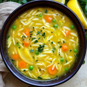 For this bright and zesty soup, you will need the following simple ingredients: - 1 tablespoon olive oil - 1 medium onion, finely diced - 3 cloves garlic, minced - 2 medium carrots, peeled and diced - 2 celery stalks, diced - 6 cups vegetable broth - 1 cup orzo pasta - 1 cup frozen peas - Zest of 1 lemon - Juice of 1 lemon - 1 teaspoon dried thyme - Salt and freshly ground black pepper to taste - Fresh parsley, chopped, for garnish Each ingredient plays a key role in the soup's flavor. The onion and garlic form a tasty base, while the carrots and celery add sweetness and crunch. The orzo gives the soup a hearty feel, and the lemon juice brightens every bite. If you don’t have certain items, don’t worry. Here are some easy swaps you can make: - Olive oil: Use canola oil or butter. - Onion: Leeks or shallots work well too. - Carrots: Try parsnips or bell peppers for a different taste. - Celery: Fennel or green beans can be good stand-ins. - Vegetable broth: Use chicken broth for a richer flavor. These swaps can make the soup fit your pantry or taste preferences without losing its charm. To make your soup look and taste even better, consider these garnishes: - Fresh parsley, chopped - Lemon wedges for extra zest - Grated Parmesan cheese for creaminess These extra touches can elevate your dish, making it more appealing and delicious. Feel free to mix and match based on what you love! To start, gather your ingredients. You will need: - 1 tablespoon olive oil - 1 medium onion, finely diced - 3 cloves garlic, minced - 2 medium carrots, peeled and diced - 2 celery stalks, diced - 6 cups vegetable broth - 1 cup orzo pasta - 1 cup frozen peas - Zest of 1 lemon - Juice of 1 lemon - 1 teaspoon dried thyme - Salt and freshly ground black pepper to taste - Fresh parsley, chopped, for garnish Chop the onion, garlic, carrots, and celery. This helps them cook evenly. Measure the broth and orzo. Having everything ready makes cooking fast and fun! Heat the olive oil in a large pot over medium heat. Add the diced onion. Sauté it for 3-4 minutes until it turns soft. Then, mix in the minced garlic, carrots, and celery. Cook for another 3-4 minutes. Stir often so it does not burn. After the vegetables soften, pour in the vegetable broth. Bring it to a rolling boil. Once boiling, add the orzo, thyme, and a pinch of salt and pepper. Lower the heat and let it simmer. Cook for 8-10 minutes, stirring now and then. You want the orzo to be al dente, which means it should still have a slight bite. Next, stir in the frozen peas, lemon zest, and lemon juice. This adds brightness to the soup. Cook for an extra 2-3 minutes until everything heats through. Taste and adjust the seasoning if needed. To get the best orzo, watch the cooking time closely. You want it to be firm but not mushy. Stir the pot often to prevent sticking. If you need to, add a little more broth or water. This keeps the soup from getting too thick. Let the soup sit for a few minutes off the heat. This helps the flavors blend. When serving, sprinkle fresh parsley on top for color. Enjoy your bright and zesty dish! To boost the taste of your One Pot Lemon Garlic Orzo Soup, use fresh herbs. Fresh parsley adds a bright finish. You can also try adding basil or dill for a unique twist. Dried herbs work well too. Consider using thyme or oregano. Just remember, fresh herbs bring a more vibrant taste. Timing is key for great flavor. When cooking the onion, stir it for 3-4 minutes. This makes it soft and sweet. Add garlic for just 1 minute before the other veggies. This way, it stays fragrant and does not burn. When you add the orzo, keep an eye on it. Cook for 8-10 minutes until it's al dente. This gives the soup a nice bite. One pot cooking is easy and fun. Start with warming the oil, then layer your ingredients. Add them in the right order to build flavor. Sauté the onion and garlic first, then add the carrots and celery. This helps release their natural sugars. Make sure to scrape the pot often to avoid sticking. Let the soup sit for a few minutes before serving. This helps all the flavors meld together perfectly. {{image_4}} You can easily add protein to this soup. Cooked chicken or shrimp works well. Just toss it in during the last few minutes of cooking. For a plant-based option, add chickpeas or lentils. This boosts the soup's nutrition and keeps it filling. To make this soup vegan, use vegetable broth and skip any animal products. You can also swap the orzo for gluten-free pasta. Quinoa is another great choice. It cooks quickly and adds more protein. Always check the labels to ensure everything fits your diet. Feel free to get creative with your ingredients. Use different veggies like spinach, kale, or bell peppers. If you want a spicy kick, add red pepper flakes. You can also switch out the lemon for lime for a different twist. Each swap brings a new flavor to the dish! To store leftover soup, first let it cool. Once cooled, transfer it to an airtight container. You can keep it in the fridge for up to three days. Make sure to label the container with the date. This way, you can enjoy your soup later without worry. When it’s time to reheat, pour the soup into a pot. Use low to medium heat to warm it up slowly. Stir often to avoid sticking. You can also add a splash of water or broth if the soup seems thick. Heat until it is hot throughout, about 5-10 minutes. For long-term storage, you can freeze the soup. Pour cooled soup into freezer-safe containers, leaving some space at the top. This allows the soup to expand as it freezes. Seal tightly and label with the date. It will keep well in the freezer for about three months. To thaw, move the container to the fridge overnight before reheating. Yes, you can make One Pot Lemon Garlic Orzo Soup ahead of time. This soup tastes great after sitting for a while. The flavors mix well, and it becomes even tastier. Store it in an airtight container in the fridge. It will last for about three to four days. When you want to eat it, just reheat on the stove. Add a splash of broth to loosen it up if needed. You can add many vegetables to One Pot Lemon Garlic Orzo Soup. Some good choices are: - Spinach - Kale - Bell peppers - Zucchini - Green beans These veggies add color and nutrients. Just chop them into small pieces. Add them when you cook the carrots and celery. This way, they will cook through and become tender. To make more servings of One Pot Lemon Garlic Orzo Soup, simply increase the ingredients. For each additional serving, add: - 1 cup of broth - 1/4 cup of orzo - 1/4 cup of vegetables Keep the seasonings the same. You can taste and adjust as you go. Use a larger pot to hold all the soup. This way, you won't spill while cooking. Enjoy your larger batch with family or friends! This blog post covered key aspects of making Lemon Garlic Orzo Soup. You learned about essential ingredients, substitutions, and garnishes to enhance flavor. I shared easy steps for preparing and cooking the soup, along with tips for perfect texture and taste. Variations for proteins and dietary needs were discussed, plus storage methods for leftovers. I hope you feel ready to try this soup. It’s simple, tasty, and adaptable. Enjoy making this comforting dish!
