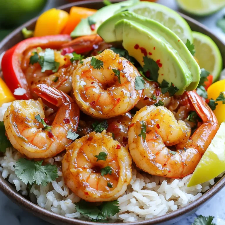 - 1 pound large shrimp, peeled and deveined - 2 tablespoons olive oil - 4 garlic cloves, finely minced - Juice of 1 lime - 2 cups cooked jasmine rice - 1 cup colorful bell peppers, thinly sliced (mix of red, yellow, and green) - 1 ripe avocado, sliced - 1 teaspoon red chili flakes (adjust to taste for spice level) - Salt and freshly ground black pepper to taste - ½ cup green onions, sliced - Fresh cilantro leaves for garnish In this dish, shrimp is the star, bringing a sweet and tender bite. I love using large shrimp for this recipe. They soak up all the flavors well. Garlic adds a fragrant punch. Fresh lime juice brightens the dish, making it lively. Colorful bell peppers add crunch and make the meal look stunning. Olive oil is key for cooking. It helps achieve that nice sear on the shrimp. For garnishing, I use green onions and cilantro. Both add freshness and a pop of color. Red chili flakes bring heat. You can adjust them based on your spice level. Salt and black pepper enhance the flavors. This mix of ingredients makes for a simple yet flavorful meal that you can enjoy any night of the week. To start, combine the shrimp with lime juice, minced garlic, and red chili flakes. This mixture gives the shrimp a bright, zesty taste. Add salt and black pepper to enhance the flavor. Let the shrimp marinate for 10 minutes. This step allows the shrimp to soak up all the tasty spices. Next, heat olive oil in a large skillet over medium-high heat. Once the oil shimmers, add the marinated shrimp in a single layer. Cook each side for about 1-2 minutes. The shrimp should turn pink and become opaque. This cooking method keeps the shrimp juicy and tender. After removing the shrimp, add the colorful bell peppers to the same skillet. Sauté them for about 3-4 minutes. Stir occasionally to keep them bright and crunchy. You want them tender but still crisp. This step adds color and texture to your bowl. Now, it’s time to build your bowls. Start with a scoop of jasmine rice as the base. Next, layer on the sautéed bell peppers. Top it off with a generous amount of the chili garlic shrimp. For added creaminess, place sliced avocado on top. Finally, sprinkle sliced green onions and fresh cilantro for a burst of flavor. This layering makes your dish look amazing and taste even better. To get the best chili garlic shrimp, follow these tips: - Marinate for Taste: Let the shrimp sit in lime juice for 10 minutes. This helps them soak up the flavors. - Cook Time: Sauté shrimp for 1-2 minutes per side. They should turn pink and opaque. - Heat Control: Use medium-high heat to cook shrimp and veggies quickly without losing texture. Want to change the heat? Here’s how: - Chili Flakes: Start with 1 teaspoon. Add more if you want it spicier. - Taste as You Go: Cook a small sample to check the spice level. Adjust before serving. Make your bowls look great with these tips: - Layering: Start with rice, then add veggies, and top with shrimp. - Add Color: Use a mix of red, yellow, and green bell peppers for a vibrant look. - Garnish: Finish with sliced avocado, green onions, and fresh cilantro. Serve lime wedges on the side to squeeze over the dish. This adds brightness and flavor. {{image_4}} If you want a change, try chicken or tofu. Chicken works great with the same marinade. Use boneless, skinless chicken breast, cut into bite-sized pieces. Cook it the same way as shrimp. Tofu is a fun choice too! Use firm tofu, cut into cubes. Make sure to press it to remove excess water. Marinate like you do with shrimp and cook until golden. Adding more veggies boosts nutrition and flavor. Consider using broccoli, snap peas, or zucchini. Chop them into small pieces. Sauté them with the bell peppers for a colorful mix. You could also use spinach or kale. These greens add great color and health benefits. Just toss them in for the last minute of cooking. While jasmine rice is tasty, consider other grains. Quinoa is a great choice, full of protein. Brown rice offers a nuttier flavor and more fiber. You can also try farro or barley for a hearty alternative. These grains add unique tastes and textures. They make your bowl even more satisfying! Keep your leftover Minute Chili Garlic Shrimp Bowls in a good container. Use glass or plastic containers with tight lids. Store them in the fridge. They stay fresh for 2 to 3 days. Make sure the shrimp is fully cooled before you seal them. This helps prevent sogginess. To reheat, use a skillet on low heat. Add a splash of olive oil. This keeps the shrimp moist and tasty. Stir gently to heat evenly. You can also use a microwave. Cover the bowl with a damp paper towel. This helps keep the shrimp from drying out. Heat for 30 seconds, then check. Repeat until warm. To freeze, place the chili garlic shrimp in a freezer-safe bag. Remove as much air as you can. This prevents freezer burn. You can freeze the shrimp for up to 3 months. When ready to eat, thaw in the fridge overnight. Reheat in a skillet for the best texture and flavor. You should marinate the shrimp for about 10 minutes. This time allows the shrimp to soak in the lime juice, garlic, and spices. If you marinate it longer, the shrimp can become too soft. Keep it to just 10 minutes for the best taste and texture. Yes, you can prepare parts of this dish ahead of time. Cook the shrimp and sauté the veggies in advance. Store them in separate containers in your fridge. When you are ready to eat, just reheat them. This makes it easy for busy days when you want a quick meal. Chili garlic shrimp bowls go well with a few sides. Here are some tasty options: - Steamed broccoli for a healthy crunch. - A fresh salad with mixed greens for a light touch. - Garlic bread to soak up extra sauce. - Quinoa for a nutty flavor and added protein. These sides bring out the flavors of the shrimp and make your meal more complete. You learned how to make a tasty chili garlic shrimp dish. We covered ingredients, cooking steps, and tips for perfecting each element. You can adjust spice levels, try different proteins, and add new veggies for variety. Storing leftovers and meal prep can save time too. With these simple steps, you can create a flavorful and colorful meal. Enjoy experimenting and making this dish your own!