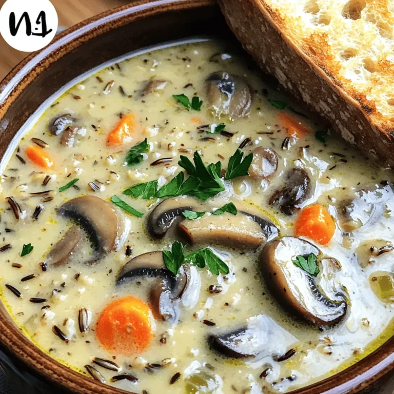 - 1 cup wild rice, thoroughly rinsed - 2 tablespoons extra virgin olive oil - 1 medium onion, finely diced - 3 cloves fresh garlic, minced - 8 ounces cremini mushrooms, sliced - 2 medium carrots, diced - 2 stalks celery, diced - 6 cups rich vegetable broth The wild rice serves as the heart of this soup. It adds a unique texture and nutty flavor. Rinsing the rice helps remove any dirt and extra starch. Olive oil adds richness and helps sauté the veggies. Fresh vegetables like onion, garlic, carrots, and celery create a strong base for flavor. Cremini mushrooms bring an earthy taste that complements the rice. Finally, rich vegetable broth ties all these ingredients together in a warm embrace. - 1 teaspoon dried thyme - 1 teaspoon dried rosemary - Salt and freshly ground black pepper, to taste - 1 cup creamy coconut milk or heavy cream - Fresh parsley, finely chopped (for garnish) Herbs like thyme and rosemary give the soup a warm, aromatic flavor. Salt and pepper are essential for balancing those flavors. Adding creamy coconut milk or heavy cream makes the soup rich and smooth. Finally, fresh parsley not only adds color but also a burst of freshness that brightens every bowl. Start by heating the olive oil in a medium skillet over medium heat. Once it's hot, add the diced onion and minced garlic. Sauté them for about 4 to 5 minutes. Stir occasionally, and wait until the onion looks clear and smells great. Next, add the sliced cremini mushrooms to the skillet. Cook them for another 5 minutes. Stir now and then, so they soften and give off their moisture. This step adds a rich flavor to your soup. Now, carefully move the onion, garlic, and mushroom mixture to the slow cooker. Add the rinsed wild rice, diced carrots, and diced celery. Pour in the vegetable broth and sprinkle the dried thyme and rosemary. Season with salt and pepper to taste. Mix everything well, so the flavors blend. Cover the slow cooker with its lid. You can set it to low for 6 to 8 hours or high for 3 to 4 hours. The low setting lets the flavors build up slowly, while the high setting cooks it faster. If you choose low, plan for a longer wait. This is great if you want to set it in the morning and enjoy it later. If you’re short on time, the high setting works well, too. Just make sure to check it as it cooks. The soup is done when the wild rice is tender and has expanded. You’ll know it’s ready when it looks fluffy and soft. Once the cooking time is up, stir in the coconut milk or heavy cream. This gives your soup a nice, creamy texture. Mix it well, so every spoonful is rich and delicious. Taste your soup and see if it needs more salt or pepper. Adjust the seasoning to fit your taste. This step makes a big difference in flavor. When serving, ladle the soup into deep, rustic bowls. Sprinkle fresh parsley on top for a pop of color. You can also add a slice of crusty artisan bread on the side. This makes your meal even more comforting. To make your soup shine, sautéing your onions and garlic first is key. This step adds depth. Raw ingredients may not give you the same rich flavor. Sauté them in olive oil until soft and fragrant. Balance is also important. Use salt and pepper wisely. Too much salt can overpower the dish. Taste as you go to find the right mix. Fresh herbs like parsley and thyme add brightness. Stir them in at the end for a fresh pop. Choosing the right slow cooker is vital. Look for one with a good seal. This helps keep the heat inside. A programmable model can make cooking easier too. Cleaning is simple. Most slow cooker pots are removable and dishwasher-safe. If you hand wash, a soft sponge works best. Avoid harsh scrubbers as they can scratch the surface. If you want a creamy soup, consider alternatives to coconut milk. Heavy cream gives a rich taste, but you can also use cashew cream for a nutty flavor. Blending part of the soup can create a thick, creamy texture. Use an immersion blender or regular blender for this. Just blend a small portion, then stir it back in. This will make your soup smooth and comforting. {{image_4}} You can easily change the grains in this soup. Quinoa adds a nutty flavor and cooks faster. Brown rice is another great option, offering a heartier texture. Both options keep the soup healthy and tasty. If you want a dairy-free soup, use coconut milk. It gives a creamy touch without dairy. Almond milk or oat milk works too, but they may alter the flavor slightly. Adding protein can make this soup more filling. Cooked chicken adds warmth and heartiness. If you prefer plant-based options, tofu is a great choice. Just cut it into small cubes and add it to the slow cooker. Mixing in different vegetables can change the soup's taste. Try adding bell peppers, spinach, or kale for added nutrients. Each veggie brings its own unique flavor to the dish. Adjusting the spice level is easy. If you like heat, toss in some crushed red pepper flakes. A pinch of cayenne can also spice things up. Start with a little and taste as you go. Nuts can add texture and flavor. Chopped walnuts or sliced almonds give a nice crunch. Just add them in during the last hour of cooking. In fall, you can use pumpkin or squash to bring warmth to the soup. They add a sweet flavor and a rich color. Just chop them into small pieces and toss them in. In winter, adding leafy greens can make the soup heartier. Spinach or Swiss chard are perfect choices. They add nutrition and color, making the soup even more comforting. After you finish enjoying your slow cooker mushroom wild rice soup, store any leftovers right. Let the soup cool down to room temperature. Use airtight containers for storing. - Refrigerating Leftovers: Place the soup in the fridge if you plan to eat it within three days. This keeps it fresh and ready to enjoy later. - Freezing for Long-Term Storage: For longer storage, pour the soup into freezer-safe containers. Leave space at the top for expansion. This soup can last up to three months in the freezer. When it's time to enjoy your soup again, you can reheat it easily. - Stovetop vs. Microwave: The stovetop is best for even heating. Pour the soup into a pot and warm it over medium heat, stirring often. If you're in a hurry, the microwave works too. Heat it in short bursts, stirring in between to avoid hot spots. - Enhancing Leftover Flavor: Add a splash more coconut milk or cream when reheating. This adds creaminess and freshness to the soup. Knowing how long your soup lasts is key for safety and taste. - How Long it Lasts in Fridge: The soup stays good in the fridge for about 3 days. After that, it may lose flavor or freshness. - Best Use by Date for Freezing: For the best taste, use frozen soup within 3 months. After that, it may still be safe, but flavors might fade. Can I make this soup vegan? Yes, you can easily make this soup vegan. Use coconut milk for cream and vegetable broth. How do I thicken the soup? To thicken the soup, mash some of the rice with a fork. This adds creaminess without extra calories. Can I use different types of rice? Yes, you can use brown rice or quinoa. Keep in mind that cooking times may change. How to know when the rice is cooked? The rice is done when it is tender and has expanded. It should be soft but not mushy. What to serve with Mushroom Wild Rice Soup? This soup pairs well with crusty bread or a fresh side salad. Both add great texture and flavor. Can I cook this soup overnight? Yes, you can cook this soup overnight on low. Just make sure to set it properly before bed. What are the best substitutes for wild rice? Best substitutes include brown rice and quinoa. These grains will change the flavor slightly but still taste great. Can I use dried herbs instead of fresh ones? Yes, you can use dried herbs. Just use about one-third of the amount called for in fresh herbs. Is there a low-sodium option for broth? Yes, choose low-sodium vegetable broth. This helps control salt levels while keeping the soup tasty. This blog post covered how to make a tasty Mushroom Wild Rice Soup. We explored key ingredients, cooking steps, helpful tips, and variations to try. Remember, using fresh herbs and proper seasoning will enhance the flavor. You can easily adapt this recipe to fit different diets or taste preferences. Store leftovers correctly to enjoy later. With these easy steps, you can make a warm, inviting meal any time. Enjoy cooking and experimenting with this delicious soup!