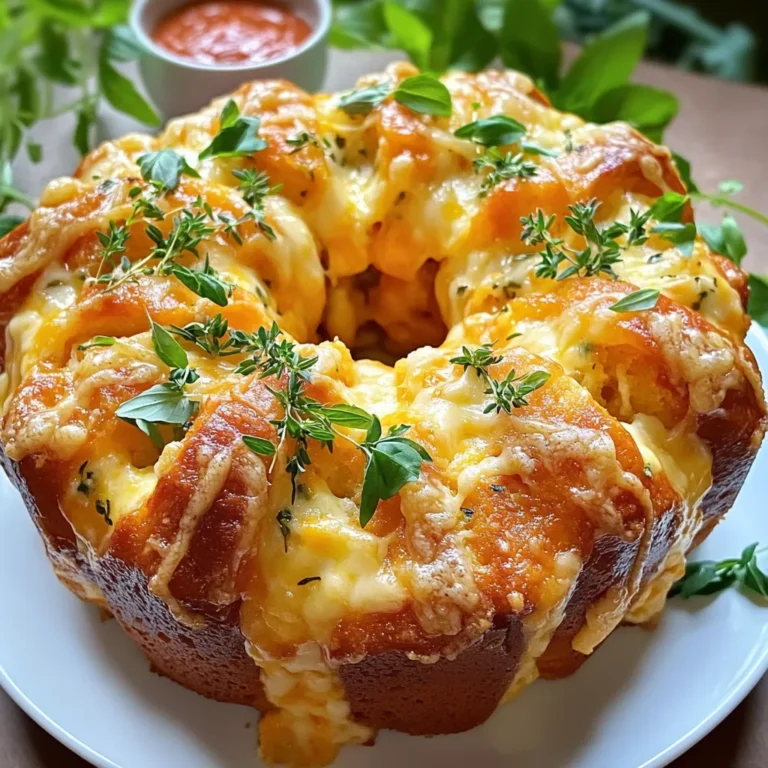 To make herb cheese monkey bread, you need: - 2 cans of refrigerated biscuit dough (about 16 oz each) - 1 cup shredded mozzarella cheese - 1 cup shredded cheddar cheese - 1/2 cup unsalted butter, melted - 2 tablespoons fresh parsley, chopped - 2 tablespoons fresh basil, chopped - 1 tablespoon fresh thyme, chopped - 2 cloves garlic, minced - 1 teaspoon garlic powder - 1/2 teaspoon onion powder - Salt and pepper to taste These items create a delicious and cheesy treat. While mozzarella and cheddar are great, feel free to try other cheeses. You can use: - Gruyère for a nutty flavor - Fontina for creaminess - Parmesan for a salty kick Mixing cheeses adds layers of flavor. Experiment to find your favorite combination! Garnishes make your dish pop. Consider these options: - Extra fresh herbs like parsley or basil - A sprinkle of grated Parmesan - A drizzle of olive oil These garnishes not only look nice but also enhance the taste. Enjoy your herb cheese monkey bread with a touch of creativity! First, preheat your oven to 350°F (175°C). This step is key for even baking. While the oven heats, grab your bundt pan. Grease it well with butter or non-stick spray. This will help your monkey bread come out smoothly. In a medium bowl, melt the butter. Then, add minced garlic, parsley, basil, thyme, garlic powder, onion powder, salt, and pepper. Whisk all the ingredients together. You want to create a fragrant herb butter that will coat the biscuit pieces well. Open the cans of biscuit dough. Use kitchen scissors or a sharp knife to cut each biscuit into quarters. This makes small pieces that will soak up the herb butter. Place the quartered biscuit pieces in a large bowl. Drizzle half of the herb butter over them. Next, sprinkle half of the mozzarella and cheddar cheese on top. Toss gently until the dough is well coated. Now, start layering the coated biscuit pieces into your greased bundt pan. Place half of the dough at the bottom. Then, sprinkle the remaining cheese on top. Drizzle the rest of the herb butter mixture over this layer. Finish layering with the remaining biscuit pieces for even distribution. Put the bundt pan in your preheated oven. Bake the monkey bread for 30 to 35 minutes. You’ll know it’s done when it turns golden brown. A toothpick should come out clean when poked in the center. After baking, remove the bread from the oven. Let it cool in the pan for about 5 minutes. This helps it set. Next, carefully invert the bundt pan onto a serving platter. The monkey bread should gently fall out. If it sticks, give the pan a light tap. Enjoy the warm, cheesy treat! To boost the flavors in your herb cheese monkey bread, add more fresh herbs. Try using chives for a mild onion taste. You can also mix in some oregano or dill for a unique twist. Feel free to experiment with herbs you love. Just remember to chop them finely to release their full flavor. Adding a bit of rosemary can also give your bread a lovely aroma. When serving herb cheese monkey bread, presentation matters. After you bake it, let it cool for a few minutes. This helps it hold its shape. For a beautiful display, garnish the top with extra fresh herbs. This adds a pop of color and makes it look fresh. Serve the bread on a large platter. You can also place a small bowl of warm marinara sauce beside it for dipping. This combo makes it even more fun to eat! While marinara sauce is a classic choice, you can try other dips too. A creamy ranch or garlic aioli pairs nicely with this bread. For a tangy kick, serve it with a spicy salsa. You can even make a simple cheese sauce for extra cheesiness. Each of these options will enhance the flavors of your herb cheese monkey bread, making each bite a delight! {{image_4}} You can make Herb Cheese Monkey Bread even better by mixing in different cheeses. Instead of just mozzarella and cheddar, try using gouda or pepper jack. These cheeses add new flavors and textures. You can also mix in creamy cheeses like ricotta or goat cheese for a more unique taste. Each cheese brings its own magic to the bread. If you want to change the herbs, that's easy too! You can use dried herbs if fresh ones are not available. Oregano, rosemary, or dill can all work well. If you love a stronger flavor, add more garlic or use garlic salt. This way, you can create a flavor that matches your taste. Feel free to add more ingredients to your monkey bread! Spinach is a great choice. It adds color and nutrition. Sun-dried tomatoes give a sweet and tangy kick. You can also add cooked bacon or sausage for a savory touch. Just make sure to chop any add-ins small so they mix well with the dough. Mixing in these extras makes the bread even more fun and tasty! To keep your herb cheese monkey bread fresh, let it cool completely. Then, wrap it tightly in plastic wrap. Place the wrapped bread in an airtight container. This method keeps it soft and flavorful. You can store it at room temperature for up to two days. If you want it to last longer, consider refrigeration. However, refrigerating may change the texture slightly. When you're ready to enjoy the leftover monkey bread, preheat your oven to 350°F (175°C). Remove the plastic wrap and place the bread in a baking dish. Cover it loosely with aluminum foil to prevent it from drying out. Heat it for about 10 to 15 minutes. This method warms the bread evenly while keeping it soft. If you want a crisp crust, uncover it for the last few minutes of reheating. Freezing is a great option if you want to save some for later. First, let the monkey bread cool completely. Wrap it tightly in plastic wrap and then in aluminum foil. This double wrapping helps prevent freezer burn. You can freeze it for up to three months. When you’re ready to enjoy it, thaw it in the fridge overnight. Reheat it in the oven as described above for the best results. Monkey bread is a fun, pull-apart bread made from biscuit dough. You cut the dough into small pieces, coat them in butter and herbs, then bake them together. The result is a warm, cheesy bread that you can share with friends and family. It’s perfect for gatherings or as a tasty snack! Yes, you can prepare the dough ahead of time. You can cut the biscuits and mix them with the cheese and herb butter. Just store the mixture in the fridge for up to 24 hours. When you’re ready, layer it in the bundt pan and bake it. This makes it easy to serve fresh monkey bread when you need it. Check the color and texture of the bread. It should be golden brown and firm. Insert a toothpick into the center. If it comes out clean, the bread is done. If not, bake it for a few more minutes and check again. Herb Cheese Monkey Bread pairs well with a warm bowl of marinara sauce for dipping. You can also serve it with a fresh salad or a side of garlic butter. These sides complement the flavors of the cheesy bread nicely. To make this recipe gluten-free, swap the regular biscuit dough for a gluten-free version. Look for gluten-free refrigerated biscuit dough at your local store. The rest of the ingredients can stay the same. Always check labels to ensure they are gluten-free. This blog post covered how to make Herb Cheese Monkey Bread. We discussed key ingredients, types of cheese, and optional toppings. You learned the steps for mixing, baking, and cooling the bread. I shared tips to enhance flavor and offered variations for creativity. You also found important storage info and answers to common questions. Making this bread can impress your guests. Enjoy good food and fun times with family. Remember, the key is to experiment and make it your own!