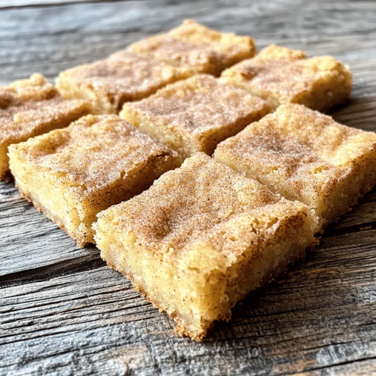 To make snickerdoodle blondies, you will need the following ingredients: - 1 cup unsalted butter, softened - 1 cup packed brown sugar - 1/2 cup granulated sugar - 2 large eggs - 2 teaspoons pure vanilla extract - 2 cups all-purpose flour - 1 teaspoon baking powder - 1/2 teaspoon baking soda - 1/2 teaspoon salt - 1 tablespoon ground cinnamon - Cinnamon sugar topping: 1/4 cup granulated sugar & 1 tablespoon ground cinnamon These ingredients create a rich, sweet base for the blondies. The butter and sugars provide a soft texture. The eggs add moisture and help the blondies rise. Flour gives structure, while baking powder and baking soda help with that perfect lift. Ground cinnamon brings warmth and flavor, making these treats feel cozy and comforting. The cinnamon sugar topping adds a sweet crunch to the top. This simple blend of sugar and cinnamon enhances the classic snickerdoodle flavor. With these ingredients, you are set to bake a delicious batch of snickerdoodle blondies. Each bite is soft, chewy, and full of flavor! - Preheat to 350°F (175°C). - Line a 9x13-inch baking pan with parchment paper. Start by preheating your oven to 350°F. This step is key. It sets the stage for even baking. Next, grab a 9x13-inch baking pan. Line it with parchment paper. Let the paper hang over the sides. This helps you lift out the blondies later. - Cream softened butter with brown sugar and granulated sugar. In a large bowl, add softened butter. Use an electric mixer to cream it with brown sugar and granulated sugar. Mix at medium speed for about 2-3 minutes. The mixture should be smooth and creamy. This step adds air, making the blondies soft. - Incorporate eggs one at a time. - Mix in vanilla extract. Now, it's time to add the eggs. Add one egg at a time, mixing well after each. This ensures a good blend. Next, pour in the vanilla extract. Mix until it's fully combined. The vanilla adds a lovely flavor. - Whisk together flour, baking powder, baking soda, salt, and cinnamon. In a separate bowl, combine your dry ingredients. Whisk together flour, baking powder, baking soda, salt, and ground cinnamon. Make sure everything is mixed well. This mix gives the blondies their structure and flavor. - Gradually add dry ingredients to wet mixture. Slowly add your dry mixture to the wet ingredients. Stir gently with a spatula. Be careful not to overmix. This keeps the blondies soft and chewy. You want just a few flour streaks left. - Spread batter in prepared pan and sprinkle cinnamon sugar topping. - Bake for 20-25 minutes. Next, spread the batter evenly in the prepared pan. Smooth the top with a spatula. In a small bowl, mix granulated sugar and ground cinnamon. Sprinkle this topping over the batter. Bake in the oven for 20-25 minutes. The edges should be golden, and a toothpick should come out with moist crumbs. - Cool on wire rack and slice into squares. Once baked, take the pan out of the oven. Let it cool on a wire rack for about 20 minutes. Use the parchment paper to lift the blondies out. Set them on the rack to cool completely. When cool, slice into squares. Enjoy these delicious, soft, and chewy treats! To make snickerdoodle blondies soft and chewy, do not overmix the batter. Overmixing can make the blondies tough. Mix just until you see no dry flour. Also, use room temperature ingredients. This helps them blend smoothly and creates a better texture. For the best flavor, use fresh spices. Fresh ground cinnamon adds a warm aroma. You can also try add-ins like nuts or chocolate chips. These can enhance the taste and make each bite even more fun. When serving, arrange the blondies on a tiered cake stand or a colorful platter. This makes them look more appealing. Before serving, dust the top with extra cinnamon sugar. It adds a nice touch and makes them look fancy. {{image_4}} You can change the classic blondie by adding cocoa powder. Use about 1/3 cup of cocoa powder and mix it in with the dry ingredients. This gives a rich chocolate flavor. To make it even better, add 1 cup of chocolate chips. The chips melt and create gooey pockets of chocolate in every bite. If you want a crunch, try nuts! Walnuts or pecans work great. Chop about 1 cup of nuts and fold them into the batter. This adds a lovely texture and flavor. The nuts complement the cinnamon and sugar perfectly, making each bite exciting. For a gluten-free take, swap regular flour for gluten-free flour. You can use a blend that works well for baking. Make sure it has a good structure to keep the blondies soft and chewy. This way, everyone can enjoy these treats without worry! To keep your snickerdoodle blondies fresh, store them in an airtight container. This helps prevent them from drying out. You can keep them at room temperature for up to four days. If your kitchen is warm, it’s best to store them in the fridge. This keeps them moist and chewy. If you want to save some blondies for later, freezing is a great option. First, let the blondies cool completely. Then, wrap them tightly in plastic wrap. After that, place them in a freezer-safe bag or container. They can last in the freezer for up to three months. When you’re ready to enjoy them, just thaw them at room temperature. To enjoy leftover blondies, you can reheat them in the microwave. Heat them for about 10-15 seconds. This warms them up and makes them soft again. If you prefer a crispy edge, you can warm them in the oven at 350°F for 5-10 minutes. Enjoy that fresh-baked taste all over again! Snickerdoodle blondies are a soft and chewy dessert. They blend classic snickerdoodle flavors with a blondie base. You get the sweet taste of brown sugar and cinnamon in every bite. The buttery texture makes them rich and satisfying. These treats are great for sharing or enjoying alone. To check if the blondies are done, look for a few signs: - The edges should be lightly golden. - A toothpick inserted in the center should come out with a few moist crumbs. - The top should look set and not shiny. Bake them for 20-25 minutes for the best results. If you follow these cues, you will have perfectly baked blondies. Yes, you can use different types of sugar. Each type will change the flavor and texture: - White sugar gives a lighter flavor. - Brown sugar adds moisture and depth. - Coconut sugar offers a caramel taste. Experiment with what you have to find your favorite blend. If you want a vegan version, you can use several egg substitutes: - 1/4 cup applesauce for each egg. - 1/4 cup mashed banana for each egg. - 2 tablespoons ground flaxseed mixed with 6 tablespoons water can also work well. These options will help keep the blondies soft and tasty without eggs. In this guide, I shared a simple recipe for Snickerdoodle Blondies. You learned about the key ingredients, step-by-step instructions, and helpful tips. I also covered variations like chocolate and nutty versions and offered storage advice to keep your blondies fresh. These blondies are delicious, easy to make, and perfect for sharing. Enjoy baking and experimenting with flavors to find your favorite!