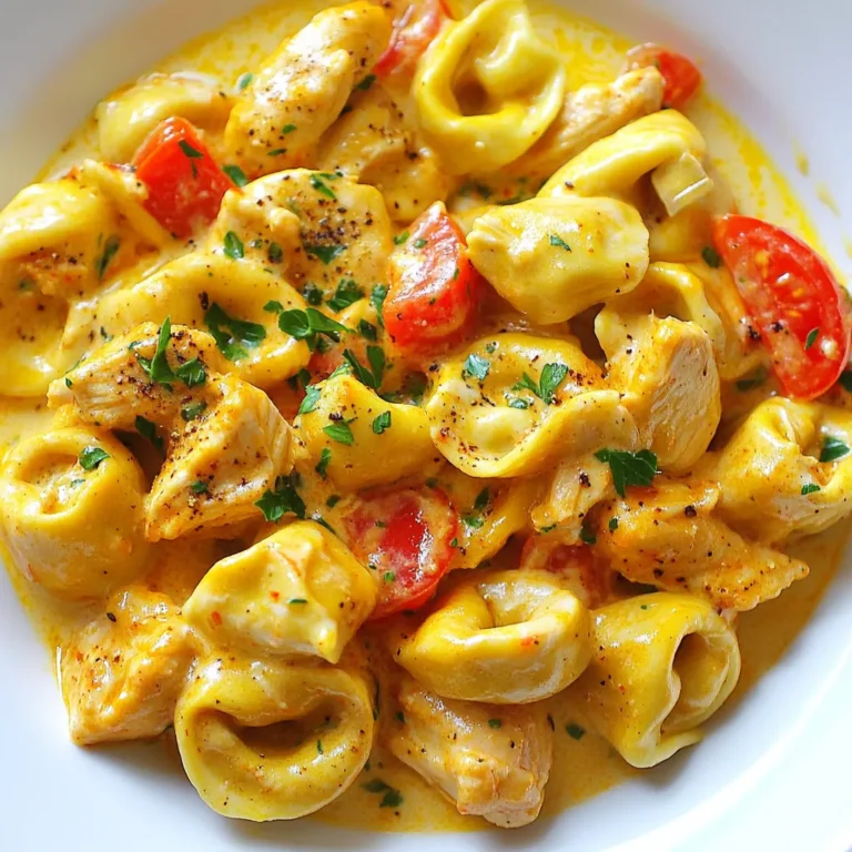 - 2 cups cheese tortellini - 1 lb boneless, skinless chicken breast - 2 tablespoons Cajun seasoning - 1 medium onion - 1 red bell pepper - 3 cloves garlic - 1 cup heavy cream - 1 cup diced tomatoes - 1 tablespoon olive oil - Salt and pepper to taste This dish starts with three main ingredients. Cheese tortellini brings a soft and cheesy base. Boneless, skinless chicken breast adds protein and heartiness. Cajun seasoning gives a spicy kick. Next, we have vegetables and aromatics. A medium onion adds sweetness and depth. A chopped red bell pepper brings color and crunch. Minced garlic adds a strong flavor that ties it all together. For sauces and seasonings, heavy cream makes the dish rich and smooth. Diced tomatoes add freshness and acidity. Olive oil helps sauté the chicken and veggies. Finally, salt and pepper enhance all the flavors. Together, these ingredients create a tasty and filling meal. You can easily adjust them to your taste. Want more spice? Add more Cajun seasoning. Prefer more creaminess? Use extra heavy cream. Enjoy making this dish your own! {{ingredient_image_2}} First, bring a large pot of salted water to a boil. Once boiling, add 2 cups of cheese tortellini. Cook for 3-5 minutes, or until the tortellini is al dente. Drain the tortellini in a colander and set it aside. This step ensures your pasta has the perfect texture. Next, take 1 pound of boneless, skinless chicken breast and cut it into bite-sized cubes. In a mixing bowl, sprinkle 2 tablespoons of Cajun seasoning over the chicken. Toss the chicken pieces until they are evenly coated. This seasoning adds a spicy kick to your dish. In a large skillet, heat 1 tablespoon of olive oil over medium heat. Once hot, add the seasoned chicken in a single layer. Cook for about 5-7 minutes, turning occasionally, until the chicken is golden brown and cooked through. Remove the chicken from the skillet and set it aside on a plate. This step locks in the flavors and gives the chicken a nice color. Using the same skillet, add 1 medium onion, finely diced, and 1 red bell pepper, chopped. Sauté for 3-4 minutes, stirring often, until the vegetables soften. Then, add 3 cloves of minced garlic and cook for 1 more minute. This adds layers of flavor to the dish. Return the cooked chicken to the skillet with the sautéed vegetables. Pour in 1 cup of diced tomatoes and 1 cup of heavy cream. Stir everything together and let it simmer for 3-4 minutes. This step melds the flavors and creates a creamy sauce. Gently fold the cooked tortellini into the creamy chicken and vegetable mixture. Stir carefully to coat the tortellini well with the sauce. Cook for an additional 2-3 minutes, adjusting salt and freshly cracked black pepper to taste. This ensures every bite is flavorful. Finally, transfer the Cajun chicken tortellini to serving bowls or plates. Garnish with freshly chopped parsley for a bright finish. This final touch adds color and freshness to your meal. Enjoy your delicious creation! To get perfect tortellini texture, cook them in salted water. Bring the water to a boil first. Toss the tortellini in and let them cook for about 3-5 minutes. They should be tender but still firm, or al dente. Drain them well and set aside. For crispy chicken, coat your chicken pieces with Cajun seasoning. Use a hot skillet with olive oil. Spread the chicken in a single layer. This helps it brown nicely on all sides. Cook it for 5-7 minutes, turning it often. The goal is a tasty golden crust. You can add more spices to boost the flavor. Try a pinch of smoked paprika or cayenne for heat. These spices complement the Cajun seasoning well. Using fresh herbs can brighten up the dish. Parsley is a great choice for garnish. It adds color and a fresh taste. You can also use basil or cilantro, depending on your taste. Cajun chicken tortellini pairs well with a fresh salad. A simple green salad with a light vinaigrette works great. You can also serve it with garlic bread for a hearty meal. When plating, aim for a colorful presentation. Use a large bowl for serving. Pile the tortellini high and sprinkle parsley on top. This makes it look appetizing and inviting. Serve in portions of one to one and a half cups for a great meal size. Pro Tips Use Fresh Ingredients: For the best flavor, opt for fresh vegetables and herbs whenever possible. Fresh ingredients elevate the dish and enhance its overall taste. Adjust the Spice Level: If you prefer a milder dish, reduce the amount of Cajun seasoning or use a mild version. Conversely, for a spicier kick, add extra seasoning or a dash of hot sauce. Perfectly Cook Tortellini: Be careful not to overcook the tortellini; they should be al dente. This ensures they maintain their shape and texture when combined with the creamy sauce. Add Protein Variations: Feel free to substitute the chicken with shrimp or sausage for a different flavor profile. Adjust cooking times accordingly to ensure the protein is cooked through. {{image_4}} You can easily make Cajun chicken tortellini vegetarian. Simply swap the chicken for tofu or chickpeas. Tofu will soak up the Cajun seasoning well. Use firm tofu for the best texture. Just press it to remove extra water, then cut it into cubes. If you're using chickpeas, canned ones work great. Rinse and drain them before adding. Both options give a nice protein boost. You can switch up the creamy sauce too. Instead of heavy cream, try half-and-half or coconut cream for a lighter feel. Cream cheese can also add a tangy twist. If you want a cheesy finish, mix in some parmesan or mozzarella. Each option will change the flavor and richness of the dish. Choose what suits your taste best! Adjusting the spice level is simple. To make it milder, use less Cajun seasoning. You can also add a splash of cream to tone it down. If you want more heat, sprinkle in some cayenne pepper or red pepper flakes. Taste as you go, and find your perfect balance of flavors. You can enjoy it just how you like! To store leftovers safely, let the dish cool to room temperature first. Then, transfer it into an airtight container. Keep it in the fridge for up to three days. This helps maintain flavor and prevents spoilage. When you're ready to eat, you can easily reheat it. You can freeze Cajun chicken tortellini for later use. To do this, place the cooled dish in a freezer-safe container. Make sure it is sealed tightly. It can last in the freezer for up to three months. When you want to enjoy it again, let it thaw in the fridge overnight before reheating. For the best reheating, use the stovetop. Place the tortellini in a skillet over medium heat. Add a splash of water or cream to keep it moist. Stir frequently until it is heated through. You can also use the microwave, but be cautious. Heat it in short bursts, stirring often to prevent hot spots. Cajun Chicken Tortellini is a creamy pasta dish. It mixes cheese tortellini with seasoned chicken and vegetables. The dish has roots in Cajun cuisine, known for its bold flavors. Cajun cooking comes from Louisiana and blends French, African, and Spanish influences. This recipe gives a twist to classic tortellini by adding spice and warmth. Yes, you can use frozen tortellini. Frozen tortellini cooks quickly and is easy to use. Just follow the package instructions to boil them. It saves time and still tastes great. Use frozen tortellini to make this dish even easier on busy nights. To make Cajun Chicken Tortellini gluten-free, choose gluten-free tortellini. Many brands offer this option made from rice or corn. Also, check your Cajun seasoning for gluten. Most spices are safe, but it's best to verify. This way, you can enjoy the dish without worry. Yes, you can prepare Cajun Chicken Tortellini ahead of time. Cook the dish and let it cool. Store it in an airtight container in the fridge. It stays fresh for up to three days. Reheat it on the stove or in the microwave. This is a great option for meal prep. Several sides pair well with Cajun Chicken Tortellini. A simple green salad adds freshness. Garlic bread also complements the creamy sauce nicely. For a heartier option, serve it with roasted vegetables. These sides enhance the meal without overpowering the flavors. In this blog post, we explored the delicious recipe for Cajun chicken tortellini. We discussed the main ingredients, like cheese tortellini, chicken, and Cajun seasoning. You learned how to cook everything step by step, from boiling the tortellini to serving your dish. I shared handy tips, variations for dietary needs, and storage advice. Now, you have the knowledge to create this flavorful meal at home. Enjoy your cooking, and don't hesitate to experiment with your own twists!