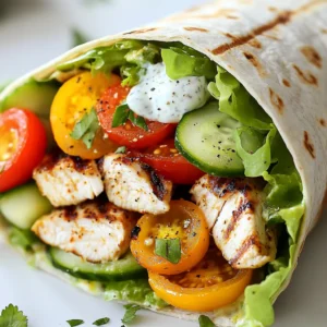 - 2 boneless, skinless chicken breasts - 4 large whole wheat tortillas, warm - 1 cup romaine lettuce, finely chopped - 1 cup cherry tomatoes, halved - 1/2 cup cucumber, thinly sliced - 2 tablespoons extra virgin olive oil - 2 teaspoons smoked paprika - 1 teaspoon cayenne pepper - 1 teaspoon garlic powder - 1 teaspoon onion powder - Salt and freshly cracked black pepper - 1/2 cup creamy Greek yogurt - 2 tablespoons tahini - Juice of 1 fresh lemon The main ingredients form the heart of your wrap. Chicken breasts provide protein and flavor. Whole wheat tortillas keep it healthy and filling. Fresh vegetables add color and crunch. The marinade components are key for taste. Extra virgin olive oil adds richness. Smoked paprika brings depth. Cayenne pepper adds heat, while garlic and onion powders offer aroma and sweetness. Salt and pepper enhance all the flavors. The dressing elements complete your wrap. Greek yogurt gives creaminess. Tahini adds a nutty twist. Fresh lemon juice brightens everything up. Together, these ingredients create a balanced and tasty meal. {{ingredient_image_2}} - Preparing the Marinade In a bowl, mix 2 tablespoons of extra virgin olive oil, 2 teaspoons of smoked paprika, 1 teaspoon of cayenne pepper, 1 teaspoon of garlic powder, 1 teaspoon of onion powder, salt, and pepper. Whisk it until smooth. This mix adds a rich flavor to your chicken. - Marinating Duration Place 2 boneless, skinless chicken breasts in the marinade. Make sure they are well-coated. Cover the bowl and let it sit for at least 30 minutes. For even better taste, marinate overnight in the fridge. This makes the chicken juicier and tastier. - Preheating the Grill Heat your grill or grill pan over medium-high heat. Wait until it is hot and ready for cooking. This step is key to getting nice grill marks and a great flavor. - Cooking Time and Temperature Place the marinated chicken on the grill. Cook for about 6-7 minutes on each side. You want the chicken to reach an internal temperature of 165°F (75°C). When it's done, let the chicken rest for 5 minutes before slicing it into strips. This helps keep it moist. - Preparing the Dressing In a small bowl, mix 1/2 cup of creamy Greek yogurt, 2 tablespoons of tahini, and the juice of 1 fresh lemon. Whisk until smooth. Season it with salt and pepper to taste. This dressing adds a tangy flavor to your wrap. - Layering Ingredients Take 4 warm whole wheat tortillas and lay them flat. Spread a spoonful of the yogurt-tahini dressing in the center of each tortilla. Next, add chopped romaine lettuce, thinly sliced cucumbers, halved cherry tomatoes, and the sliced grilled chicken on top. Layer them evenly for a fresh taste. - Wrapping it Up To wrap, fold in the sides of the tortilla first. Then, starting from the bottom, roll it tightly upwards. This keeps all the yummy fillings secure. Enjoy making your spicy grilled chicken wrap! Ensuring Proper Heat Start by preheating your grill. You want it hot, around medium-high heat. Use a grill thermometer if needed. This helps the chicken cook evenly and get nice grill marks. If the grill is too cool, the chicken may dry out. Checking Chicken Doneness To know if the chicken is ready, use a meat thermometer. The inside should reach 165°F (75°C). If you do not have a thermometer, cut into the chicken. It should be white all the way through, not pink. Serving Suggestions Serve your wraps on a colorful platter. This makes them look fun and inviting. You can add a side of fresh fruit or a light salad to complement the meal. Garnishing Ideas Garnish with fresh cilantro leaves. They add a pop of color and flavor. You can also sprinkle some extra smoked paprika on top for a nice touch. Keeping Wraps Fresh To keep wraps fresh, wrap them tightly in plastic wrap. Store them in the fridge. They stay good for 2-3 days. Avoid stacking them, as this can make them soggy. Reheating Instructions When ready to eat, take them out of the fridge. Unwrap and place them in a skillet over low heat. Heat for about 5 minutes on each side. This keeps them warm and crispy. You can also use the microwave, but this may make them soft. Pro Tips Marinate Longer for Flavor: For the best flavor, consider marinating the chicken overnight. This allows the spices to penetrate deeply, resulting in a more flavorful dish. Watch the Grill Temperature: Ensure your grill is at medium-high heat before placing the chicken on it. This helps achieve a nice char while keeping the chicken juicy inside. Customize Your Veggies: Feel free to add or substitute veggies based on your preferences. Roasted bell peppers or shredded carrots can add extra flavor and color to your wrap. Use Fresh Herbs: Fresh cilantro not only garnishes the wrap beautifully but also adds a burst of freshness. Experiment with other herbs like parsley or mint for different flavor profiles. {{image_4}} You can easily swap chicken for turkey or tofu. Turkey has a similar texture and flavor. It will still absorb the marinade well. Tofu is a great option for a plant-based meal. Just press it to remove extra water. Marinate it just like the chicken. Grill it until golden brown, and you will have a tasty wrap. If you want a twist on the yogurt sauce, try these ideas: - Herbed Yogurt Sauce: Add fresh herbs like dill or parsley. This makes the sauce even fresher. - Spicy Yogurt Sauce: Mix in some sriracha or chili flakes for heat. This will give your dressing a spicy kick. You can also try other tangy dressings. A zesty vinaigrette or ranch dressing works well too. Just pick one that complements the chicken. Add more crunch with different vegetables. Here are great options: - Bell Peppers: Thinly sliced for a sweet crunch. - Radishes: They add a nice bite and color. - Carrots: Shredded carrots boost flavor and texture. Think about the seasons when choosing veggies. In summer, use fresh zucchini or corn. In fall, roasted squash or sweet potatoes can add warmth. More veggies make your wrap even more colorful and fun! - Estimated Calories per Serving: About 400 calories This wrap packs a flavorful punch with a reasonable calorie count. If you watch your intake, this dish fits well into a balanced meal. - Protein: 30 grams - Fats: 18 grams - Carbohydrates: 35 grams The chicken provides a rich source of protein, helping with muscle growth and repair. Whole wheat tortillas add fiber, aiding digestion. - Chicken: High in protein and low in fat. - Olive Oil: Contains healthy fats and antioxidants. - Vegetables: Fresh vegetables supply vitamins and minerals. - Greek Yogurt: Rich in protein and probiotics for gut health. - Tahini: Packed with healthy fats and calcium. This wrap is not only tasty but also offers many health benefits. Each ingredient plays a role in making it a nutritious choice. You get protein, healthy fats, and plenty of vitamins from the veggies. Enjoy your flavorful and healthy meal! This recipe can be as spicy as you want! The cayenne pepper gives it heat. You can adjust the spice level by adding less cayenne or more if you love heat. If you want more flavor without adding heat, try smoked paprika instead. It adds great taste without making it too spicy. Yes, you can make this wrap ahead! I suggest preparing the chicken and dressing in advance. Marinate the chicken and grill it earlier in the day. You can store it in the fridge. Just assemble the wrap when you're ready to eat. This keeps the veggies crisp and fresh. These wraps are great with many sides! You can serve them with a fresh salad or some crunchy chips. A small bowl of salsa or guacamole adds a nice touch. You might also try some sweet corn or a fruit salad for a colorful plate. Absolutely! If you don’t have whole wheat tortillas, you can use any type you like. Flour tortillas are soft and easy to roll. Corn tortillas add a nice taste, too! You can even try lettuce leaves for a low-carb option. This blog post covered a delicious wrap recipe. We discussed key ingredients, including chicken, tortillas, and fresh veggies. You learned how to marinate and grill chicken, then assemble your wrap. I shared grilling tips, presentation advice, and ways to store leftovers. You also discovered variations for proteins, dressings, and vegetables to keep it exciting. Enjoy trying this recipe to elevate your meals. Don't hesitate to experiment and find your favorite twist!