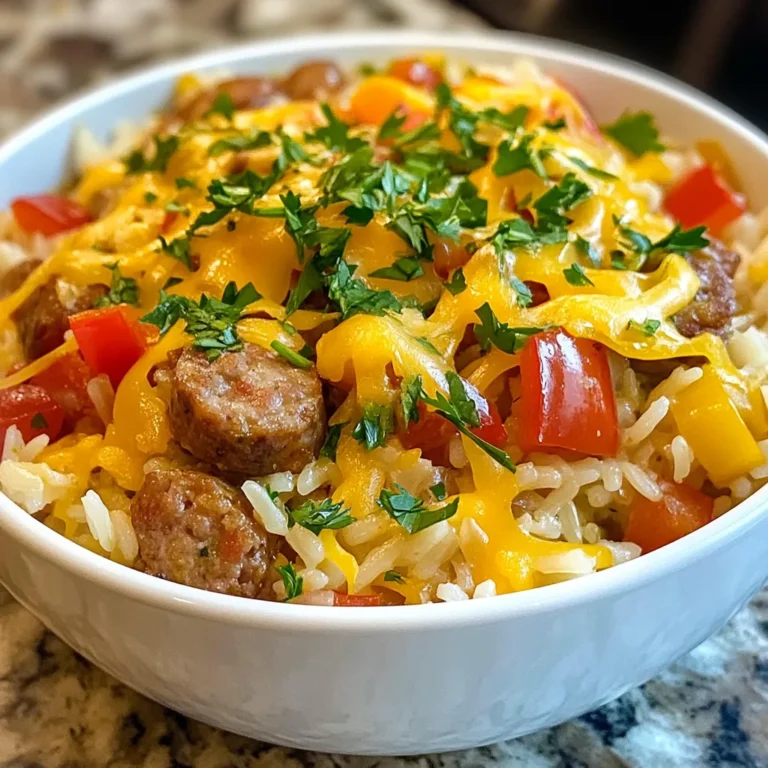 - 1 pound Italian sausage - 1 cup long-grain rice - 2 cups chicken broth - 1 cup diced bell peppers - 1 cup onion, finely chopped - 1 teaspoon garlic powder - 1 teaspoon Italian seasoning - 2 cups shredded cheese - Fresh parsley for garnish - Salt and pepper to taste When I make Cheesy Sausage Rice Skillet, I love using fresh ingredients. The Italian sausage gives it a rich flavor. You can use mild or spicy sausage, depending on your taste. The rice absorbs all the tasty broth, making it soft and flavorful. I like to mix colorful bell peppers and onions for a nice crunch and sweetness. Garlic powder and Italian seasoning add great depth. Remember, you can adjust the spices to suit your taste. For the best cheesy goodness, I use a mix of sharp cheddar or a cheese blend. Topping it with fresh parsley adds a pop of color and freshness. Always taste your dish before serving and add salt and pepper as needed. {{ingredient_image_2}} First, take a large skillet and warm two tablespoons of olive oil over medium heat. Once the oil is hot, add one cup of finely chopped onion and one cup of diced bell peppers. Sauté them for about five minutes. You want them to soften and start to caramelize. This step gives your dish a great flavor base. Next, add one pound of Italian sausage to the skillet. Be sure to remove the casings first. Use a wooden spoon to break the sausage into smaller pieces. Cook it for about seven to ten minutes. Stir often until the sausage turns a nice brown color and is fully cooked. There should be no pink left. Now, add one cup of long-grain rice to the skillet. Stir it well to coat the rice in the sausage mixture. Toast the rice for about two to three minutes. It should become slightly opaque and fragrant. Then, pour in two cups of chicken broth. Season the mixture with salt and pepper to taste. Raise the heat to high and let it boil. Once boiling, reduce the heat to low and cover. Let it simmer for 15 to 20 minutes until the rice is tender and the liquid is absorbed. Finally, take the skillet off the heat. Gently fold in two cups of shredded cheese. Stir it in until it melts and becomes creamy. This step makes the dish rich and comforting. Before you serve, sprinkle fresh parsley on top for color. Enjoy your delicious Cheesy Sausage Rice Skillet! To cook sausage and rice well, start by using a big skillet. Warm the olive oil first. Then, add onions and bell peppers. Sauté them for about 5 minutes until they are soft. Next, add the sausage, breaking it into small pieces with a spoon. Cook until it turns brown, about 7 to 10 minutes. To get the rice just right, toast it in the skillet. Stir it with the sausage for 2 to 3 minutes. This gives your rice a great flavor. When you add the broth, make sure to taste and season with salt and pepper. You can add more flavor with herbs and spices. Try using fresh basil or oregano for a brighter taste. A pinch of red pepper flakes can give it a spicy kick. You can also use smoked paprika for a nice smoky flavor. Experiment with these to find your favorite blend! For a nice look, serve the dish directly from the skillet. It adds a cozy, rustic feel. If you want a more elegant touch, plate the rice in bowls. Top each bowl with extra cheese and a sprinkle of parsley. This not only looks good but makes each serving feel special. Pro Tips Brown the Sausage Well: Ensure the sausage is browned and caramelized for maximum flavor. This step adds depth to the dish and enhances the overall taste. Use Quality Broth: Opt for a good quality chicken broth or homemade stock. It significantly impacts the flavor of the rice and sausage, making the dish more delicious. Cheese Variations: Feel free to experiment with different cheeses such as mozzarella or pepper jack for a different flavor profile. Each cheese brings its unique taste and texture. Rest Before Serving: Allow the skillet to sit covered for a few minutes after cooking. This helps the flavors meld together and makes serving easier. {{image_4}} You can switch the Italian sausage for other options. Turkey sausage is a healthier choice. Chicken sausage offers a lighter flavor. If you want a meat-free dish, try plant-based sausage. These options keep the dish tasty and fun. Cheese is key in this recipe. You can use sharp cheddar for a strong taste. If you crave something milder, try mozzarella. A mix of cheeses adds depth too. Experiment with pepper jack for some spice. Each cheese brings a unique flavor. Feel free to get creative with veggies. Spinach adds color and nutrients. Zucchini or corn gives a different texture. You could even add beans for extra protein. Try topping the dish with crushed chips for crunch. These tweaks make your meal more exciting! To keep your Cheesy Sausage Rice Skillet fresh, store leftovers in an airtight container. Let the dish cool down to room temperature before sealing it. You can refrigerate it for up to three days. If you want to keep it longer, freeze it in freezer-safe bags. Squeeze out as much air as possible before sealing. When you're ready to enjoy leftovers, pick the best method to reheat. You can use the microwave for quick meals. Place the dish in a microwave-safe bowl, cover it, and heat in 1-minute intervals, stirring in between. For the stovetop, add a splash of broth to a skillet and heat on low. This keeps the rice moist and tasty. In the fridge, your Cheesy Sausage Rice Skillet lasts about three days. If you freeze it, aim to eat it within three months for the best flavor. Remember to label your containers with the date. This way, you’ll know when it’s time to enjoy your yummy meal! To make this dish, follow these steps: 1. Sauté Vegetables: Heat 2 tablespoons of olive oil in a large skillet over medium heat. Add 1 cup of finely chopped onion and 1 cup of diced bell peppers. Cook for about 5 minutes until they soften. 2. Cook Sausage: Add 1 pound of Italian sausage to the skillet. Break it into pieces and cook for 7-10 minutes until it's browned and cooked through. 3. Add Spices: Stir in 1 teaspoon of garlic powder and 1 teaspoon of Italian seasoning. Cook for 1 minute to release the flavors. 4. Toast Rice: Add 1 cup of long-grain rice. Mix well and toast for 2-3 minutes until the rice turns slightly opaque. 5. Add Broth: Pour in 2 cups of chicken broth. Season with salt and pepper. Bring to a boil, then lower the heat and cover. Let it simmer for 15-20 minutes until the rice is tender. 6. Mix in Cheese: Remove from heat and fold in 2 cups of shredded cheese until it melts. 7. Garnish: Top with fresh chopped parsley before serving. Yes, you can use brown rice. However, it takes longer to cook. - Cooking Time: Brown rice usually needs about 40-45 minutes to cook. - Adjustments: Use the same amount of broth, but check the rice for doneness often. You may need to add more water if it dries out. This recipe is very flexible! - Gluten-Free: Use gluten-free sausage and broth to make it gluten-free. - Low-Carb: Substitute rice with cauliflower rice. Cook it for a shorter time after adding the broth. Feel free to experiment with your favorite ingredients! This blog covered how to make a Cheesy Sausage Rice Skillet from start to finish. We discussed the main ingredients, cooking steps, and tips to enhance flavor. You can customize this dish with different proteins and cheeses. Storing and reheating tips ensure leftovers taste great. Enjoy making this easy yet tasty meal that fits many diets. I hope you find joy and confidence in your cooking!