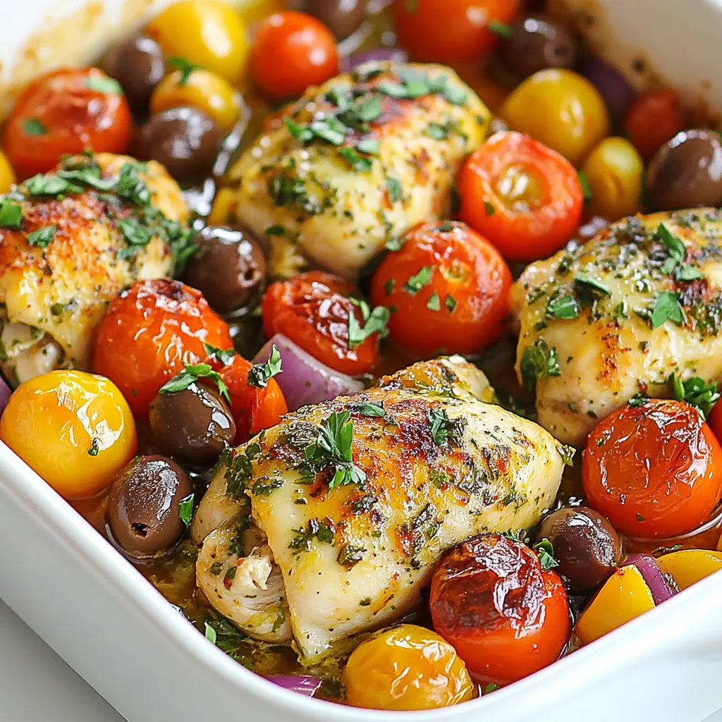 For this Mediterranean Chicken Bake, gather these fresh and vibrant ingredients: - 4 boneless, skinless chicken breasts - 1 cup cherry tomatoes, halved - 1 bell pepper (red or yellow), diced - 1 medium red onion, thinly sliced - 1 cup Kalamata olives, pitted and halved - 2 cloves garlic, finely minced - 1 tablespoon dried oregano - 1 teaspoon paprika - 1/4 cup extra virgin olive oil - Salt and freshly ground black pepper to taste - Fresh parsley, chopped (for garnish) - 1 lemon, zest and juice This dish serves four people, and each serving provides a healthy balance of protein, carbs, and fats. The chicken is lean and high in protein, helping to build muscle. The vegetables add fiber and vitamins, while olives and olive oil give healthy fats. Here’s a rough breakdown per serving: - Calories: 320 - Protein: 30g - Carbohydrates: 15g - Fat: 15g - Fiber: 3g You can swap some ingredients if needed. If you don’t have Kalamata olives, green olives work well too. For the bell pepper, use any color you like, or skip it altogether. If you want a milder taste, try using shallots instead of red onion. You can also use fresh herbs if you have them on hand, like fresh oregano or basil. This dish is flexible and allows for your own touch! {{ingredient_image_2}} First, set your oven to 400°F (200°C). This heat will cook the chicken and veggies just right. Grab a 9x13 inch baking dish. Lightly grease it with cooking spray or a little olive oil. This helps keep the food from sticking. Next, take a large mixing bowl. Add 1 cup of halved cherry tomatoes, 1 diced bell pepper, and 1 thinly sliced red onion. Toss in 1 cup of Kalamata olives too. Mix everything well. Make sure all the veggies are combined and ready to shine. In a smaller bowl, whisk together 1/4 cup of extra virgin olive oil, 2 minced garlic cloves, 1 tablespoon of dried oregano, and 1 teaspoon of paprika. Add the grated zest and juice of 1 lemon. Don’t forget to season with salt and black pepper. This mixture packs a lot of flavor. Lay the 4 chicken breasts in your greased baking dish. Drizzle half of your olive oil mixture over the chicken. Make sure each piece gets coated well. Next, spoon the veggie mix around and on top of the chicken. Drizzle the rest of the olive oil mixture over everything. This creates a tasty blend. Cover the dish tightly with aluminum foil. Bake it for 25 minutes in your preheated oven. After 25 minutes, take off the foil. Bake it uncovered for another 15-20 minutes. The chicken should reach an internal temperature of 165°F (75°C). The veggies will be tender and smell amazing. Once done, let it rest for a few minutes. Garnish with fresh chopped parsley for a pop of color. Enjoy your meal! To cook chicken safely, check the internal temperature. It should reach 165°F or 75°C. Use a meat thermometer for accuracy. Insert it into the thickest part of the chicken. This will help you avoid undercooked or dry chicken. Remember to let the chicken rest after baking. This keeps juices inside, making it tender. For a deeper flavor, marinate the chicken before baking. Use the olive oil mixture and let it sit for at least 30 minutes. You can also add more herbs, like thyme or basil, for extra taste. Fresh herbs work well, too! When baking, cover the dish with foil for the first part of cooking. This traps steam and keeps everything moist. Serve the Mediterranean Chicken Bake right from the dish for a warm feel. For a fancier look, plate it on individual servings. Add a fluffy bed of couscous or quinoa underneath. This adds height and color. Top with fresh parsley and a lemon wedge. The lemon gives a nice pop of brightness. Pro Tips Marinate for Extra Flavor: For an elevated flavor profile, consider marinating the chicken breasts in the olive oil mixture for at least 30 minutes before baking. This will allow the flavors to penetrate the chicken, making it even more delicious. Vegetable Variations: Feel free to swap out the vegetables based on what you have on hand. Zucchini, eggplant, or artichokes can add unique flavors and textures to your Mediterranean Chicken Bake. Cheese, Please: For a cheesy twist, sprinkle some crumbled feta cheese over the vegetables 5 minutes before the baking time is up. It will melt beautifully and provide a creamy contrast to the dish. Leftover Magic: This dish makes fantastic leftovers! Store any extras in an airtight container in the fridge and enjoy them cold in salads or reheated for a quick meal. {{image_4}} You can easily swap ingredients to suit your taste. Try skinless turkey breasts instead of chicken. For veggies, use zucchini or eggplant for added flavor. If you don’t like olives, capers work well too. You can try different herbs like thyme or basil for a new twist. For a spicy kick, add some red pepper flakes or fresh chili. You can cook this dish in different ways. If you prefer grilling, marinate the chicken in the olive oil mixture and grill it. Use a grill basket for the veggies. If you want a quicker option, try cooking it in an air fryer. Set it to 375°F and cook for about 20 minutes. You can check the chicken's doneness with a meat thermometer. Serving can be fun and creative. You can serve the chicken bake straight from the dish for a cozy feel. If you want a fancy touch, plate it over couscous or quinoa. Add some lemon wedges on the side for zest. Fresh parsley on top brightens the dish and adds color. For extra texture, serve with crusty bread to soak up the juices. After you make the Mediterranean Chicken Bake, let it cool. Place leftovers in an airtight container. Store in the fridge for up to three days. Always recheck for freshness before eating. To freeze, let the dish cool completely. Transfer it to a freezer-safe container. Wrap it well to prevent freezer burn. You can freeze it for up to three months. Label the container with the date for easy tracking. When ready to eat, thaw the chicken bake overnight in the fridge. Preheat your oven to 350°F (175°C). Place the dish in the oven for about 20 minutes. Check if it’s heated through. You can also use a microwave for quick reheating. Just cover the dish to keep moisture in. Enjoy your tasty meal! You can pair Mediterranean Chicken Bake with many tasty sides. Some great options include: - Couscous - Quinoa - Rice - A fresh green salad - Garlic bread Each choice adds flavor and makes the meal more filling. I love serving it with couscous. It soaks up the juices and adds a nice texture. To check if your chicken is done, use a meat thermometer. The internal temperature should reach 165°F (75°C). If you don't have a thermometer, cut into the chicken. The juices should run clear, not pink. This method works well, but I always prefer the thermometer for accuracy. Yes, you can prepare Mediterranean Chicken Bake ahead of time. Just follow these steps: 1. Assemble the dish as directed. 2. Cover it tightly with foil. 3. Store it in the fridge for up to 24 hours. When ready to bake, just add 10-15 minutes to the cooking time. This makes it a great option for busy nights. Absolutely! To make this dish in a slow cooker: 1. Prepare the chicken and veggies as you would for baking. 2. Place everything in the slow cooker. 3. Cook on low for 4-6 hours or high for 2-3 hours. This method keeps everything moist and full of flavor. It’s a great way to enjoy this dish without heating your oven. This blog post covered a delicious Mediterranean Chicken Bake. We explored ingredients and their nutrition. You learned how to prep and cook the dish step-by-step. Tips helped ensure perfect cooking and great presentation. We also shared variations and how to store leftovers. Enjoy experimenting with this recipe in your kitchen. You'll have a tasty meal ready for any occasion!