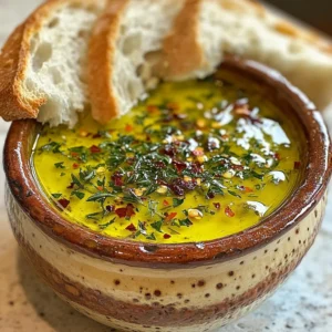 - 1 cup extra virgin olive oil - 2 tablespoons balsamic vinegar - 1 teaspoon garlic powder - 1 teaspoon onion powder - 1 teaspoon red pepper flakes - 1 tablespoon fresh rosemary, finely chopped - 1 tablespoon fresh parsley, finely chopped - 1 tablespoon sun-dried tomatoes, finely chopped - 1 teaspoon sea salt - Freshly cracked black pepper to taste To make a flavorful dipping oil, gather these simple ingredients. Each one adds a unique taste. The base is a cup of extra virgin olive oil. This oil gives a rich, fruity flavor. Next, you need two tablespoons of balsamic vinegar. This adds sweetness and depth. For some warmth, use one teaspoon of garlic powder and one teaspoon of onion powder. These will bring a savory note. Add one teaspoon of red pepper flakes for a little kick. If you like herbs, use one tablespoon each of fresh rosemary and fresh parsley. These herbs add freshness and brightness. Don’t forget about the sun-dried tomatoes! One tablespoon, finely chopped, will add a lovely tang. To finish, you’ll need one teaspoon of sea salt and freshly cracked black pepper to taste. Adjust these to suit your preference. With these ingredients ready, you can create a dipping oil that will impress everyone. This simple blend of flavors will make your bread dipping experience truly special. {{ingredient_image_2}} Start by pouring 1 cup of extra virgin olive oil into a medium bowl. Next, add 2 tablespoons of balsamic vinegar. Take a whisk and blend these two until they form a smooth mixture. This step creates a rich, flavorful base for your oil. Now, sprinkle in 1 teaspoon of garlic powder and 1 teaspoon of onion powder. Stir well to mix these spices into the oil blend. These powders bring a nice depth of flavor and aroma to your dipping oil. Next, add 1 teaspoon of red pepper flakes for a hint of heat. Then, fold in 1 tablespoon each of freshly chopped rosemary and parsley. These herbs add freshness and color. Carefully mix in 1 tablespoon of finely chopped sun-dried tomatoes. This step ensures every bite is packed with flavor. Finally, season with 1 teaspoon of sea salt and freshly cracked black pepper to taste. Adjust the seasoning to suit your preference. Let the mixture rest at room temperature for 30 minutes. This resting time allows the flavors to meld together, enhancing the overall taste. After this, your loaded bread dipping oil is ready to serve. Enjoy it with warm, crusty bread for the best experience. To make your loaded bread dipping oil shine, adjust the spices to match your taste. Maybe you like it spicier? Add more red pepper flakes for a kick. If you enjoy a milder flavor, cut back on the garlic powder or onion powder. Letting the oil sit for at least 30 minutes is key. This time allows the flavors to mix well. The longer it sits, the stronger the taste becomes. Try it and see how much you enjoy that depth of flavor. Serve your oil in rustic pottery or fun decorative bowls. These choices add charm to your table. To make it even fancier, drizzle a little extra olive oil on top. This adds a glossy look that is sure to impress your guests. You can also place a small dish of fresh herbs or olives alongside the oil. This enhances the visual appeal and gives more flavor options for dipping. The best bread for dipping includes crusty baguettes, ciabatta, or focaccia. These breads soak up the oil well and add a great texture. You can also serve it with warm pita or sourdough for a twist. For toppings, consider adding fresh basil leaves, grated cheese, or roasted garlic. These choices complement the oil nicely and create a full flavor experience. Mix and match to find your perfect pairing! Pro Tips Use Fresh Herbs: Fresh herbs elevate the flavor profile of your dipping oil. Try experimenting with different herbs like thyme or basil for a unique twist. Let It Rest: Allowing the oil to sit for at least 30 minutes helps the flavors to meld together, resulting in a more robust and harmonious taste. Adjust the Heat: Customize the level of spiciness by varying the amount of red pepper flakes according to your preference. Presentation Matters: Serve the dipping oil in a beautiful bowl and consider adding some whole olives or a sprig of fresh herb for an appealing presentation. {{image_4}} You can change the herbs in this recipe. Try using thyme for a warm flavor. Basil gives a fresh taste that brightens the dish. Chives add a mild onion flavor too. Fresh herbs make your dipping oil unique and fun. Don't be afraid to mix and match! Adding cheese can make your dipping oil richer. Parmesan brings a nutty taste, while feta adds creaminess. Just crumble some into the mix and stir. You can also bring in zesty citrus flavors. Lemon zest wakes up the oil with a burst of freshness. Just a little can go a long way! The base oil can change the whole taste. Extra virgin olive oil is great, but you can explore others. Try flavored oils like garlic or chili oil for extra punch. Infused oils can add depth, too. Each type gives a new twist to your loaded dipping oil! To keep your loaded bread dipping oil fresh, use a glass jar with a tight lid. Glass jars do not absorb flavors, so they work best. You can also use an airtight container. Store it in the fridge to keep it safe and tasty. In the fridge, this oil lasts up to two weeks. After that, its taste and quality may fade. Look for signs of spoilage. If you see any mold or it smells off, it’s time to toss it. Always trust your senses; they guide you well. Crusty bread is the best choice for this dish. Here are some great options: - Baguette: Its crunchy crust holds up well. - Ciabatta: This Italian bread has a soft inside and a nice chew. - Focaccia: With its airy texture, it soaks up the oil beautifully. - Sourdough: The tangy flavor adds depth to each bite. These breads not only taste great but also make for a fun dipping experience. Absolutely! You can use flavored olive oils for extra taste. Here are some ideas: - Garlic-infused oil: Adds a strong garlic flavor. - Chili oil: Great for a spicy kick. - Herb-infused oil: Enhances the herbal notes in your dish. Just remember to adjust the seasoning in your recipe. Flavored oils can change the taste, so taste as you go! Making the dipping oil vegan is simple. Follow these tips: - Use extra virgin olive oil: It’s already vegan-friendly. - Skip the cheese: If you want a cheesy flavor, try nutritional yeast. - Check your balsamic vinegar: Most are vegan, but some may contain additives. With these changes, you can enjoy this tasty treat without any animal products! This blog post covers a simple and tasty recipe for bread dipping oil. We explored the ingredients, mixing methods, and tips for the best flavor. You can even customize and store this oil easily. Remember, it's all about fresh herbs and quality oil. Experiment with flavors and have fun with presentation. Enjoy this easy recipe with your favorite bread. It’s a great way to share good food with friends or family.