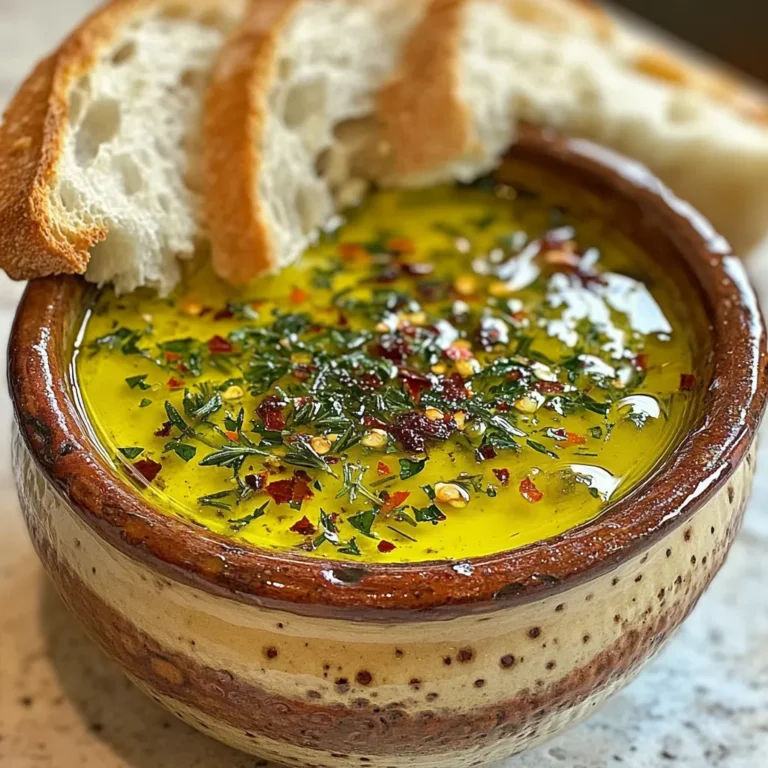 - 1 cup extra virgin olive oil - 2 tablespoons balsamic vinegar - 1 teaspoon garlic powder - 1 teaspoon onion powder - 1 teaspoon red pepper flakes - 1 tablespoon fresh rosemary, finely chopped - 1 tablespoon fresh parsley, finely chopped - 1 tablespoon sun-dried tomatoes, finely chopped - 1 teaspoon sea salt - Freshly cracked black pepper to taste To make a flavorful dipping oil, gather these simple ingredients. Each one adds a unique taste. The base is a cup of extra virgin olive oil. This oil gives a rich, fruity flavor. Next, you need two tablespoons of balsamic vinegar. This adds sweetness and depth. For some warmth, use one teaspoon of garlic powder and one teaspoon of onion powder. These will bring a savory note. Add one teaspoon of red pepper flakes for a little kick. If you like herbs, use one tablespoon each of fresh rosemary and fresh parsley. These herbs add freshness and brightness. Don’t forget about the sun-dried tomatoes! One tablespoon, finely chopped, will add a lovely tang. To finish, you’ll need one teaspoon of sea salt and freshly cracked black pepper to taste. Adjust these to suit your preference. With these ingredients ready, you can create a dipping oil that will impress everyone. This simple blend of flavors will make your bread dipping experience truly special. {{ingredient_image_2}} Start by pouring 1 cup of extra virgin olive oil into a medium bowl. Next, add 2 tablespoons of balsamic vinegar. Take a whisk and blend these two until they form a smooth mixture. This step creates a rich, flavorful base for your oil. Now, sprinkle in 1 teaspoon of garlic powder and 1 teaspoon of onion powder. Stir well to mix these spices into the oil blend. These powders bring a nice depth of flavor and aroma to your dipping oil. Next, add 1 teaspoon of red pepper flakes for a hint of heat. Then, fold in 1 tablespoon each of freshly chopped rosemary and parsley. These herbs add freshness and color. Carefully mix in 1 tablespoon of finely chopped sun-dried tomatoes. This step ensures every bite is packed with flavor. Finally, season with 1 teaspoon of sea salt and freshly cracked black pepper to taste. Adjust the seasoning to suit your preference. Let the mixture rest at room temperature for 30 minutes. This resting time allows the flavors to meld together, enhancing the overall taste. After this, your loaded bread dipping oil is ready to serve. Enjoy it with warm, crusty bread for the best experience. To make your loaded bread dipping oil shine, adjust the spices to match your taste. Maybe you like it spicier? Add more red pepper flakes for a kick. If you enjoy a milder flavor, cut back on the garlic powder or onion powder. Letting the oil sit for at least 30 minutes is key. This time allows the flavors to mix well. The longer it sits, the stronger the taste becomes. Try it and see how much you enjoy that depth of flavor. Serve your oil in rustic pottery or fun decorative bowls. These choices add charm to your table. To make it even fancier, drizzle a little extra olive oil on top. This adds a glossy look that is sure to impress your guests. You can also place a small dish of fresh herbs or olives alongside the oil. This enhances the visual appeal and gives more flavor options for dipping. The best bread for dipping includes crusty baguettes, ciabatta, or focaccia. These breads soak up the oil well and add a great texture. You can also serve it with warm pita or sourdough for a twist. For toppings, consider adding fresh basil leaves, grated cheese, or roasted garlic. These choices complement the oil nicely and create a full flavor experience. Mix and match to find your perfect pairing! Pro Tips Use Fresh Herbs: Fresh herbs elevate the flavor profile of your dipping oil. Try experimenting with different herbs like thyme or basil for a unique twist. Let It Rest: Allowing the oil to sit for at least 30 minutes helps the flavors to meld together, resulting in a more robust and harmonious taste. Adjust the Heat: Customize the level of spiciness by varying the amount of red pepper flakes according to your preference. Presentation Matters: Serve the dipping oil in a beautiful bowl and consider adding some whole olives or a sprig of fresh herb for an appealing presentation. {{image_4}} You can change the herbs in this recipe. Try using thyme for a warm flavor. Basil gives a fresh taste that brightens the dish. Chives add a mild onion flavor too. Fresh herbs make your dipping oil unique and fun. Don't be afraid to mix and match! Adding cheese can make your dipping oil richer. Parmesan brings a nutty taste, while feta adds creaminess. Just crumble some into the mix and stir. You can also bring in zesty citrus flavors. Lemon zest wakes up the oil with a burst of freshness. Just a little can go a long way! The base oil can change the whole taste. Extra virgin olive oil is great, but you can explore others. Try flavored oils like garlic or chili oil for extra punch. Infused oils can add depth, too. Each type gives a new twist to your loaded dipping oil! To keep your loaded bread dipping oil fresh, use a glass jar with a tight lid. Glass jars do not absorb flavors, so they work best. You can also use an airtight container. Store it in the fridge to keep it safe and tasty. In the fridge, this oil lasts up to two weeks. After that, its taste and quality may fade. Look for signs of spoilage. If you see any mold or it smells off, it’s time to toss it. Always trust your senses; they guide you well. Crusty bread is the best choice for this dish. Here are some great options: - Baguette: Its crunchy crust holds up well. - Ciabatta: This Italian bread has a soft inside and a nice chew. - Focaccia: With its airy texture, it soaks up the oil beautifully. - Sourdough: The tangy flavor adds depth to each bite. These breads not only taste great but also make for a fun dipping experience. Absolutely! You can use flavored olive oils for extra taste. Here are some ideas: - Garlic-infused oil: Adds a strong garlic flavor. - Chili oil: Great for a spicy kick. - Herb-infused oil: Enhances the herbal notes in your dish. Just remember to adjust the seasoning in your recipe. Flavored oils can change the taste, so taste as you go! Making the dipping oil vegan is simple. Follow these tips: - Use extra virgin olive oil: It’s already vegan-friendly. - Skip the cheese: If you want a cheesy flavor, try nutritional yeast. - Check your balsamic vinegar: Most are vegan, but some may contain additives. With these changes, you can enjoy this tasty treat without any animal products! This blog post covers a simple and tasty recipe for bread dipping oil. We explored the ingredients, mixing methods, and tips for the best flavor. You can even customize and store this oil easily. Remember, it's all about fresh herbs and quality oil. Experiment with flavors and have fun with presentation. Enjoy this easy recipe with your favorite bread. It’s a great way to share good food with friends or family.