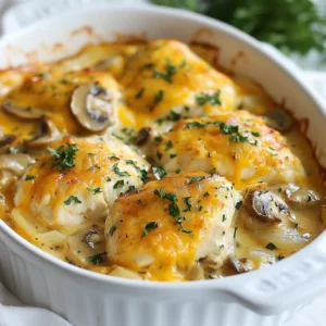 - 4 boneless, skinless chicken breasts - 2 cups button mushrooms, sliced - 1 medium onion, diced - 4 cloves garlic, minced - 1 cup chicken broth - 1 cup heavy cream - 1 teaspoon dried thyme - 1 teaspoon dried oregano - 1 cup shredded sharp cheddar cheese - 1 cup cooked rice (white or brown) - 2 tablespoons olive oil - Salt and freshly ground black pepper to taste - Fresh parsley, chopped (for garnish) When making garlic mushroom chicken casserole, these ingredients create a rich taste. The chicken provides protein, while mushrooms add texture. Garlic brings a strong flavor, and cheese adds creaminess. The rice acts as a great base, soaking up all those delicious juices. - 1/2 cup frozen peas - 1/2 teaspoon smoked paprika - 1 cup spinach, chopped Adding frozen peas or spinach can boost nutrition. Smoked paprika gives a hint of smokiness. Experiment with these options to find your favorite mix. - Large skillet - Casserole dish - Wooden spoon - Measuring cups and spoons - Sharp knife and cutting board These tools help you prepare this dish smoothly. A large skillet is key for sautéing. The casserole dish holds your masterpiece while it bakes. Having these tools ready makes cooking fun and easy. {{ingredient_image_2}} Start by heating 2 tablespoons of olive oil in a large skillet over medium heat. Add 1 medium diced onion and sauté it for about 3-4 minutes until it turns clear. Next, stir in 4 cloves of minced garlic and 2 cups of sliced button mushrooms. Cook them for 5-7 minutes. The mushrooms will get soft and release their juices. While they cook, season 4 boneless, skinless chicken breasts with salt, black pepper, 1 teaspoon of dried thyme, and 1 teaspoon of dried oregano. Once the mushrooms are ready, push the mixture to one side. Place the seasoned chicken breasts on the other side. Sear them for about 3-4 minutes on each side until they are golden brown. Now, carefully pour in 1 cup of chicken broth and 1 cup of heavy cream. Stir the mixture well to combine all the flavors. Let it simmer gently for a moment. Then, add in 1 cup of cooked rice and half of 1 cup of shredded sharp cheddar cheese. Mix everything together until well combined and heated through. Transfer the entire mixture into a greased casserole dish, spreading it evenly. Sprinkle the remaining cheddar cheese on top. Cover the dish with aluminum foil. Bake in your preheated oven at 375°F (190°C) for 20 minutes. After this, remove the foil and bake for another 10-15 minutes. You want the cheese to be bubbly and golden brown. Once out of the oven, let it rest for a few minutes. Before serving, add some chopped fresh parsley on top for a pop of color. Enjoy your meal! To get juicy chicken, start with fresh breasts. Make sure they are about the same size. This helps them cook evenly. Season them well with salt, pepper, thyme, and oregano. Sear the chicken in a hot skillet. Cook each side for 3-4 minutes until brown. This step locks in the flavor. Don't overcrowd the pan; work in batches if needed. After cooking, let the chicken rest for a few minutes. This helps the juices stay inside. Cheese adds great flavor to your casserole. Sharp cheddar cheese works well. It melts nicely and gives a rich taste. You can also try gouda or mozzarella for a different twist. For a sharper bite, use crumbled feta or blue cheese. Mix different cheeses for a fun flavor blend. Sprinkle the cheese on top in the last few minutes of baking. This creates a bubbly, golden crust that everyone loves. To make your casserole even creamier, add more heavy cream. You can also mix in some cream cheese. This gives a rich and smooth texture. If you want a lighter option, try sour cream or Greek yogurt. These ingredients add creaminess without being too heavy. Stir them in just before baking to keep the texture. For extra flavor, consider adding a splash of white wine to the broth. This adds depth and richness to the dish. Pro Tips Choose the Right Mushrooms: Opt for cremini or shiitake mushrooms for a deeper flavor compared to button mushrooms. Perfectly Season the Chicken: Allow the chicken to marinate with spices for at least 30 minutes before cooking to enhance flavor. Add Fresh Herbs: Incorporate fresh thyme or oregano right before serving for an aromatic boost. Ensure Even Cooking: Cut chicken breasts to a uniform size for consistent cooking and tenderness throughout. {{image_4}} You can change the chicken in this dish. Try turkey breasts for a leaner option. Pork chops also work well, adding a different flavor. If you want to keep it easy, use rotisserie chicken. Just shred it and mix it in when adding the rice. This saves you time and still gives great taste. If you prefer a vegetarian dish, swap chicken for tofu. Use firm tofu for the best texture. Cut it into cubes and sauté it with the mushrooms and onions. Use vegetable broth instead of chicken broth for the sauce. This change keeps the dish hearty and flavorful while adding healthy plant protein. Want more nutrition? Add veggies! Broccoli, spinach, or bell peppers fit well. Chop them up and mix them in with the mushrooms. Carrots also add color and sweetness. This not only boosts the nutrition but also makes your dish look more appealing. Don't be shy to experiment with your favorite vegetables! Store leftover garlic mushroom chicken casserole in an airtight container. Let it cool to room temperature before sealing. This helps keep flavors fresh. Store it in the fridge for up to three days. If you want to enjoy it later, freezing is a great option. To reheat, place the casserole in an oven-safe dish. Cover it with foil to prevent it from drying out. Heat it at 350°F (175°C) for about 20-25 minutes. Stir it halfway through for even warming. You can also microwave individual portions. Heat for a minute at a time, stirring in between. To freeze the casserole, let it cool completely. Transfer it to a freezer-safe container or wrap it tightly with plastic wrap. Label the container with the date. It can last up to three months in the freezer. To enjoy, thaw it in the fridge overnight before reheating. Yes, you can use different types of cheese. Try mozzarella, gouda, or parmesan. Each cheese adds a unique flavor. Mozzarella gives a stretchy texture, while gouda adds a smoky taste. Parmesan adds a sharp finish. Feel free to mix and match your favorites! To make this dish gluten-free, choose gluten-free chicken broth. Also, use gluten-free rice. Most cheeses are gluten-free, so they work well too. Always check labels, as some processed foods may contain gluten. This way, everyone can enjoy a hearty meal! Serve this casserole with a fresh salad or steamed vegetables. A vibrant green salad offers a nice crunch. You could add a light vinaigrette for extra flavor. Garlic bread or crusty rolls also pair well. They are perfect for soaking up all the creamy sauce! This blog covered all you need for a great Garlic Mushroom Chicken Casserole. We reviewed key ingredients and cooking tools. I shared simple steps and handy tips for perfect cooking. You can even switch proteins or make it vegetarian for more options. Remember to store leftovers well for future meals. Try different cheeses or sides to mix it up. Enjoy making this tasty dish, and have fun experimenting!