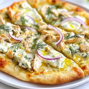 - 1 pre-made pizza crust - 1 cup cooked chicken breast, shredded - 1 cup cucumber, finely diced - 1/2 cup plain Greek yogurt - 2 tablespoons fresh dill, chopped - 2 tablespoons lemon juice - 1 clove garlic, minced - 1 cup shredded mozzarella cheese - 1/4 cup red onion, thinly sliced - Salt and pepper to taste - Olive oil for brushing For this recipe, you need one crust. You can buy it or make one. You will use one cup of chicken that is already cooked. One cup of cucumber needs to be diced very small. The yogurt should be plain and in half a cup. You will want two tablespoons each of dill and lemon juice. One clove of garlic should be minced. Grab one cup of mozzarella cheese, and a quarter cup of red onion. Use salt and pepper as you like. Finally, keep some olive oil for brushing the crust. If you don’t have a pizza crust, you can use pita bread or flatbread. You can swap the chicken for cooked turkey or even plant-based chicken for a vegetarian twist. Instead of Greek yogurt, you could use sour cream. For dill, fresh mint or parsley adds a nice touch. If you don’t like red onion, try green onions or skip it altogether. Feel free to mix the cheese with feta for a tangy kick. This recipe is flexible, so make it your own! {{ingredient_image_2}} First, preheat your oven to 475°F (245°C). This high heat helps the crust get nice and crispy. A hot oven makes a big difference for the best pizza. Next, let’s make the tzatziki sauce. In a medium bowl, mix one cup of plain Greek yogurt, one cup of finely diced cucumber, and two tablespoons of fresh dill. Add two tablespoons of lemon juice and one minced garlic clove. Season with salt and pepper. Stir until it's smooth. This sauce adds a fresh taste to your pizza. Now, prepare the pizza crust. Roll out your pre-made crust on a floured surface. It should be uniform in thickness. Place it on a baking sheet or pizza stone. Spread the shredded chicken evenly on the crust. Then, dollop your tzatziki sauce on top. Spread it gently, but leave some chicken visible. Next, sprinkle one cup of shredded mozzarella cheese over the sauce. Add thin red onion slices on top for crunch. Lightly brush the edges of the crust with olive oil for a golden finish. Place the pizza in the preheated oven. Bake for about 12 to 15 minutes. Look for a golden-brown crust and bubbling cheese. Once done, take it out and let it cool for a few minutes. Slice it into wedges and serve hot. For extra flavor, garnish with more fresh dill. Enjoy your tasty Tzatziki Chicken Pizza! To get a great crust, start with a hot oven. Preheat it to 475°F (245°C). This helps the crust rise and turn golden. If using a stone, place it in the oven while it heats. Roll out the crust evenly, about ¼ inch thick. Lightly flour your surface to prevent sticking. Brush the edges with olive oil for a nice color. You can add more taste to your pizza. Try mixing in some feta cheese with the mozzarella for a tangy kick. For extra crunch, consider adding bell peppers or olives. A sprinkle of paprika or cayenne can add heat. You can also toss in some spinach or arugula after baking for a fresh touch. Serve your Tzatziki Chicken Pizza with a side salad. A simple mix of greens, tomatoes, and cucumbers works well. You can also pair it with a glass of chilled lemonade. The drink adds a refreshing contrast to the flavors. If you like dips, hummus or extra tzatziki on the side is a great choice! Pro Tips Use Fresh Ingredients: For the best flavor, use fresh cucumbers and herbs in your tzatziki sauce. Fresh ingredients enhance the overall taste of the pizza. Customize Your Toppings: Feel free to add additional toppings like olives, cherry tomatoes, or feta cheese for an extra burst of flavor and texture. Let the Sauce Sit: Allow the tzatziki sauce to sit for at least 15 minutes before spreading it on the pizza. This helps the flavors to develop and meld together beautifully. Check for Doneness: Keep an eye on the pizza as it bakes. Ovens can vary, so check for a golden crust and bubbling cheese to ensure it's perfectly cooked. {{image_4}} You can switch up the protein in your Tzatziki Chicken Pizza. Instead of chicken, try shredded pork or beef. Grilled shrimp also adds a nice twist. If you want to keep it light, use turkey. Each option gives new flavors while keeping the base recipe intact. For a vegetarian twist, skip the meat altogether. Use roasted vegetables like bell peppers, zucchini, and mushrooms as toppings. You can also add chickpeas for extra protein. This keeps the pizza hearty and satisfying without meat. While tzatziki is great, feel free to experiment with sauces. Try a garlic aioli or hummus for a unique taste. You can also change the cheese. Feta cheese adds a salty kick, or use goat cheese for creaminess. Each variation gives your pizza a fresh spin. To keep your Tzatziki Chicken Pizza fresh, store leftovers in an airtight container. Let the pizza cool down first. Place a piece of parchment paper between slices to avoid sticking. The pizza stays tasty for about two to three days in the fridge. Reheat your pizza for the best taste. Use an oven or toaster oven for even heating. Preheat your oven to 350°F (175°C). Place the pizza on a baking sheet and cover it with foil. Heat for about 10-15 minutes. This keeps the crust crispy. You can also microwave it, but the crust may get soggy. Heat for 1-2 minutes on medium power. You can freeze Tzatziki Chicken Pizza for longer storage. Wrap each slice in plastic wrap, then foil to prevent freezer burn. Store in a freezer-safe bag or container. It lasts up to two months in the freezer. When you’re ready to eat it, thaw in the fridge overnight. Reheat in the oven for the best taste. Tzatziki sauce is a cool and creamy dip. It comes from Greek cuisine. The main ingredients are yogurt, cucumber, garlic, and herbs. You mix these to create a refreshing flavor. This sauce adds a nice touch to the Tzatziki Chicken Pizza. It keeps the pizza moist and tasty. The Greek yogurt gives it a creamy texture. The cucumber adds crunch, while garlic gives a little kick. You can enjoy tzatziki with pita bread or veggies, too. Yes, you can use a different type of crust. You can try whole wheat crust for a healthier option. Cauliflower crust is great for a low-carb choice. If you want a gluten-free crust, look for store-bought options. You can also make your own from almond flour or chickpea flour. Just make sure the crust is sturdy enough to hold all the toppings. This flexibility lets you enjoy Tzatziki Chicken Pizza in many ways! To make Tzatziki Chicken Pizza gluten-free, simply choose a gluten-free crust. Many stores sell ready-made gluten-free pizza crusts. You can also use a DIY option with gluten-free flour. Just follow a recipe for gluten-free pizza dough. The rest of the ingredients are naturally gluten-free. This way, everyone can enjoy this delicious pizza. It’s easy to make it fit your dietary needs! This blog post covered the ingredients and steps to make Tzatziki Chicken Pizza. You learned about the key ingredients and their measurements. We discussed substitutions, oven prep, and making the tzatziki sauce. I shared tips for the perfect crust and serving ideas. Additionally, variations for proteins, sauces, and storage tips were provided. Making this pizza is fun and easy. Now you can impress your friends and family with your tasty creation! Enjoy every bite and feel proud of your cooking skills.