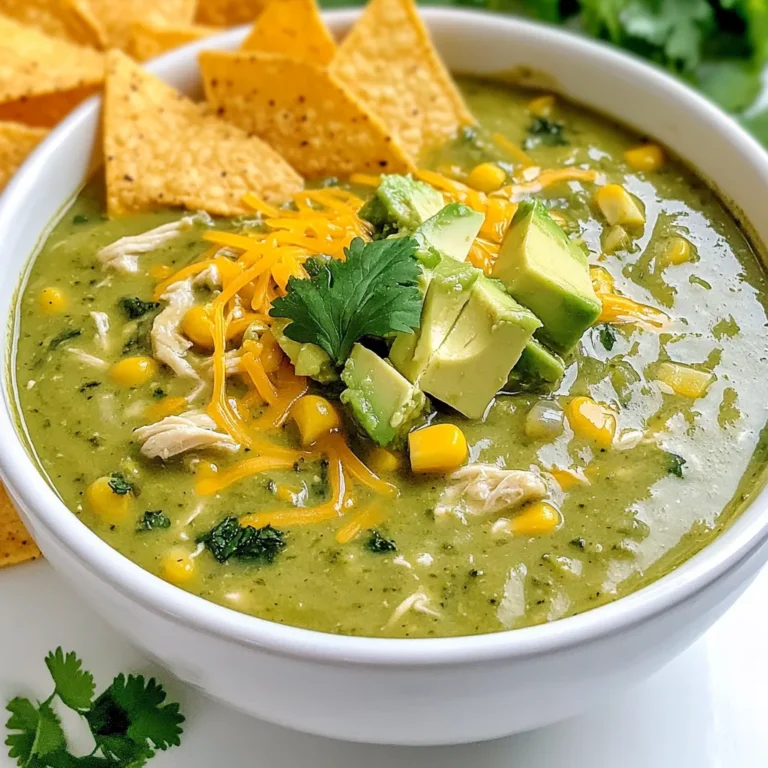 - 2 cups cooked shredded chicken - 1 can (15 oz) green enchilada sauce - 4 cups chicken broth - 1 cup corn (canned or frozen) - 1 can (14 oz) black beans, rinsed and drained - 1 medium onion, diced - 3 cloves garlic, minced - 1 teaspoon ground cumin - 1 teaspoon smoked paprika - Salt and pepper to taste - 1 cup shredded cheese (Monterey Jack or Mexican blend) - 1/4 cup fresh cilantro, chopped - 2 ripe avocados, diced - Tortilla chips for serving When I make green enchiladas chicken soup, I love to gather all the ingredients first. It keeps me organized and makes cooking more fun. The main ingredients start with shredded chicken. You can use leftovers or cook some fresh chicken. I also rely on a can of green enchilada sauce for rich flavor. The chicken broth adds depth and warmth, while corn brings a nice sweetness. For the additional ingredients, I like to include black beans. They add protein and fiber. Diced onion and minced garlic bring out great flavors when sautéed. They make the base of this soup smell amazing. Seasonings are key to making this dish pop. Ground cumin and smoked paprika add warmth and a hint of smokiness. I always taste and adjust with salt and pepper to get it just right. For toppings, I suggest shredded cheese, fresh cilantro, and diced avocado. They make each bowl look and taste even better. And don’t forget the tortilla chips! They add a nice crunch and are perfect for dipping. {{ingredient_image_2}} First, I heat a drizzle of olive oil in a large pot over medium heat. Next, I add the diced onion and sauté it for about five minutes. I stir it occasionally until the onion becomes soft and clear. Then, I add the minced garlic to the pot. I cook it for one more minute, stirring all the time until the garlic smells great and turns a little brown. Now, I pour in four cups of chicken broth. I stir it gently and bring the mixture to a light simmer. After that, I carefully stir in the green enchilada sauce. I also add the shredded chicken, corn, and drained black beans at this stage. It’s important to mix everything well. Then, I add ground cumin, smoked paprika, salt, and pepper. I reduce the heat to low and let the soup simmer for 15 to 20 minutes. This allows all the flavors to mix nicely. After simmering, I taste the soup to check the flavor. If it needs more, I add a little salt and pepper. This step helps balance the taste perfectly. When ready to serve, I ladle the hot soup into bowls. I like to sprinkle shredded cheese on top, add diced avocado, and finish with chopped cilantro for freshness. I serve the soup with crispy tortilla chips on the side. These chips are great for dipping or crushing on top for extra crunch! To make your green enchiladas chicken soup truly shine, I recommend using homemade chicken broth. It adds a rich depth of flavor that store-bought broth can't match. If you don’t have time to make it, choose a high-quality brand. Spice levels can vary, so taste as you go. If you like heat, add more cumin or a dash of cayenne. You can also use fresh jalapeños for a kick. Presentation matters! Serve your soup in colorful bowls. This makes the dish pop and look inviting. Add lime wedges on the side for a zesty touch. For garnish, sprinkle fresh cilantro and diced avocado on top. These not only add flavor but also make the soup look appealing. Want to save time? Prep your ingredients ahead of time. Chop the onion, mince the garlic, and shred the chicken. Store them in the fridge until you’re ready to cook. This way, you can assemble the soup quickly and enjoy it on a busy day. Pro Tips Use Rotisserie Chicken: For a quicker prep time, use store-bought rotisserie chicken instead of cooking your own. It adds flavor and saves you time! Adjust the Spice Level: If you prefer a spicier soup, add some diced jalapeños or a dash of hot sauce to the mix for an extra kick. Fresh Herbs Matter: Don’t skip the cilantro! It adds freshness that elevates the whole dish. You can also try adding fresh lime juice for extra brightness. Customizable Toppings: Feel free to get creative with toppings! Consider adding sour cream, diced tomatoes, or even some pickled red onions for added flavor and texture. {{image_4}} You can make this soup vegetarian by swapping out the chicken. Use a plant-based protein like tofu or tempeh. These options add great texture and soak up the soup's flavors. You can also try using canned jackfruit for a pulled chicken effect. The key is to choose something that will absorb the green enchilada sauce well. For a heartier soup, think about adding grains. Quinoa or rice work great here. They boost the soup’s nutrition and make it more filling. Just cook the grains separately and stir them in before serving. This simple step transforms the dish into a more complete meal. Plus, they add a nice texture that complements the broth. If you want to pack even more nutrients into your soup, add extra veggies. Diced bell peppers, zucchini, or spinach can enhance the flavor and color. These colorful veggies not only taste good, but they also provide vitamins and minerals. Toss them in during the simmering stage. This way, they stay crisp and add a lovely bite to your soup. I recommend storing any leftovers in an airtight container. This keeps the soup fresh for up to 3 days. When you’re ready to enjoy it again, just take it out and warm it up. If you want to save some for later, freezing is a great option. Pour the soup into portions and freeze them. It can last up to 3 months in the freezer. This is perfect for meal prep or busy days. To reheat the soup, use the stovetop or microwave. If the soup seems thick, add some broth. This will help bring it back to the right consistency and make it nice and warm. To make green enchiladas chicken soup from scratch, gather these basic ingredients: - 2 cups cooked chicken, shredded - 1 can (15 oz) green enchilada sauce - 4 cups chicken broth - 1 cup corn (canned or frozen) - 1 can (14 oz) black beans, rinsed and drained - 1 medium onion, diced - 3 cloves garlic, minced - 1 teaspoon ground cumin - 1 teaspoon smoked paprika - Salt and pepper to taste - 1 cup shredded cheese (like Monterey Jack) - 1/4 cup fresh cilantro, chopped - 2 ripe avocados, diced - Tortilla chips for serving Start by heating some olive oil in a large pot. Sauté the diced onion until it becomes soft. Then, add the minced garlic and cook until fragrant. Pour in the chicken broth and bring it to a simmer. Now, stir in the green enchilada sauce, shredded chicken, corn, and black beans. Finally, season it and let it simmer for about 15-20 minutes. Top it off with cheese, avocado, and cilantro. Serve with tortilla chips! Yes, you can use rotisserie chicken in this recipe. It saves time and adds great flavor. Just shred the chicken and mix it into your soup. This shortcut makes the cooking process fast and easy while still giving you a tasty meal. Plus, it’s a great way to use leftover chicken from a previous meal. You can serve this soup with several tasty options. Here are a few ideas: - Crispy tortilla chips - Fresh avocado slices - Sour cream or Greek yogurt - Lime wedges for a zesty kick - Fresh cilantro for garnish These sides and toppings add flavor and texture, making each bite even more enjoyable. The spiciness of the soup depends on the green enchilada sauce you choose. Most sauces have a mild heat. If you prefer less spice, look for a mild version. For more heat, try a hot sauce or add diced jalapeños. You can adjust the spice level based on your taste. Enjoy it just how you like! This soup combines tasty ingredients like chicken, beans, and creamy avocado. The step-by-step guide makes it easy to create a hearty meal. You can even customize it to fit your preferences. Try a vegetarian twist or add some grains for extra texture. Store leftovers to enjoy later, or impress guests at your next gathering with its vibrant presentation. Enjoy this dish that warms both your body and spirit. Happy cooking!