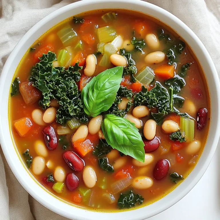 - Mixed Beans Overview For this soup, I use 2 cups of mixed beans. Cannellini, kidney, and black beans work well. Soak them overnight, rinse, and drain. This step helps soften them and makes cooking easier. - Fresh Vegetables Needed You will need: - 1 large onion, finely diced - 3 cloves garlic, minced - 2 medium carrots, peeled and diced - 2 stalks celery, diced - 2 cups fresh kale, stems removed and chopped - 1 can (14.5 oz) diced tomatoes, including juice These fresh veggies add nutrition and flavor to your soup. They create a nice base and add color. - Seasonings and Optional Ingredients For seasoning, gather: - 4 cups vegetable broth (homemade or store-bought) - 1 tablespoon Italian seasoning blend - 1 teaspoon red pepper flakes (optional for added heat) - Salt and freshly ground black pepper to taste - 1 tablespoon extra virgin olive oil - Fresh basil leaves, for garnish The Italian seasoning gives the soup its classic flavor. Red pepper flakes can add a nice kick if you like spice. Salt and pepper enhance all the tastes, while basil adds a fresh touch when serving. Start by heating olive oil in a skillet over medium heat. Add diced onion, carrots, and celery. Sauté these for about five minutes. Stir often until the veggies soften and the onion turns translucent. Then, add minced garlic and cook for one more minute. This step builds a great base for your soup. Once done, transfer the sautéed vegetables to your slow cooker. Make sure to scrape in all those tasty bits from the skillet. Now, it’s time to layer the ingredients. Add the soaked and drained mixed beans next. Then, pour in the can of diced tomatoes with all their juice. Follow this with vegetable broth and your Italian seasoning. If you like heat, sprinkle in red pepper flakes as well. After adding everything, stir gently to mix all the ingredients. This helps ensure even flavor throughout the soup. Cover the slow cooker with its lid. You can choose to cook on low for six to eight hours or on high for three to four hours. The cooking time will depend on your schedule. Check for doneness by tasting a bean. It should be tender and flavorful, ready to enjoy. About 15 minutes before serving, stir in the chopped kale. It will wilt quickly in the warm soup. This adds a fresh touch to your meal. Finally, taste the soup and adjust the seasoning with salt and freshly ground black pepper. This step is key to making the flavors pop. Enjoy serving your Tuscan bean soup in warmed bowls, topped with fresh basil leaves for a lovely finish. To make your Slow Cooker Tuscan Bean Soup burst with flavor, focus on herbs and spices. I recommend using: - 1 tablespoon Italian seasoning blend - 1 teaspoon red pepper flakes (optional for heat) These add depth. You can also try adding fresh herbs like rosemary or thyme for a fragrant note. For texture, consider adding a splash of balsamic vinegar or a squeeze of lemon juice just before serving. This brightens the flavors and adds a zing. Pair your soup with crusty artisan bread. This adds a nice crunch to each bite. You can also serve it with a simple salad for a fresh touch. For garnishing, sprinkle fresh basil leaves on top just before serving. A drizzle of extra virgin olive oil also enhances the soup’s look and taste. This recipe is already vegetarian. To make it vegan, simply ensure your vegetable broth is free from animal products. You can also add more veggies like bell peppers or zucchini for added nutrition. For extra flavor, toss in some nutritional yeast. It gives a cheesy taste without dairy. {{image_4}} You can mix beans for more flavor and texture. Try these options: - Navy Beans: Creamy and mild, they add richness. - Pinto Beans: Earthy and soft, they blend well with spices. - Chickpeas: Add a nutty taste and extra protein. Using different beans gives you a unique taste. Each type has its own benefits. It can change your soup from ordinary to extraordinary! Adding protein makes the soup heartier. Here are two easy ways: - Incorporating Sausage or Chicken: Slice cooked sausage or diced chicken into the pot. Both add a savory flavor. Use Italian sausage for a spicy kick. - Vegetarian Protein Sources: For a meat-free option, add lentils or quinoa. They are great sources of protein and keep the soup filling. These options allow you to customize your dish based on your diet or mood. You can give your soup a local twist. Here are some ideas: - Italian Variants to Try: Add some pancetta or prosciutto for a smoky flavor. Top with grated Parmesan for an authentic touch. - Cultural Influences on Ingredients: Use spices from other cultures, like cumin or coriander. This adds a new dimension to your soup. Exploring these adaptations can make your Tuscan Bean Soup exciting and new every time! - Store leftovers in airtight containers. - Let soup cool before sealing it. - Keep in the fridge for up to 4 days. - To freeze, use freezer-safe containers. - Leave some space at the top for expansion. - Thaw overnight in the fridge before reheating. - Use within three months for best taste. - Reheat in a pot over low heat. - Stir often to heat evenly. - If soup is thick, add a splash of broth. - Serve hot and enjoy! Yes, you can use dried beans. They add great taste and texture. First, soak the dried beans overnight. This helps them cook better. Rinse and drain them well before adding to the soup. You will need to cook the soup longer if using dried beans. Aim for 8-10 hours on low or 4-6 hours on high. This will ensure the beans get soft and delicious. If you want heat, try adding more red pepper flakes. Start with a pinch and taste. You can also add chopped jalapeños or diced green chilies. For a smoky flavor, try some smoked paprika. These options will give your soup a nice kick. Tuscan bean soup is full of nutrients. Beans are a great source of protein and fiber. They help keep you full longer. The vegetables add vitamins and minerals. Kale is rich in antioxidants and vitamins A, C, and K. This soup is also low in fat, making it a healthy choice. Yes, you can swap out the vegetable broth. Chicken broth adds a nice flavor. If you want a richer taste, try mushroom broth. Each type of broth will change the flavor slightly, so pick what you like best. You learned how to make Tuscan Bean Soup using fresh ingredients and simple steps. From mixing beans to adding your favorite seasonings, this soup is delicious and healthy. I shared tips for enhancing the flavor and storing leftovers. Remember, you can customize it with proteins or spices to fit your taste. Enjoy making this warm dish that draws on various cultural influences. Explore new variations and feel free to experiment. Your soup will not only taste great but also nourish and satisfy. Happy cooking!
