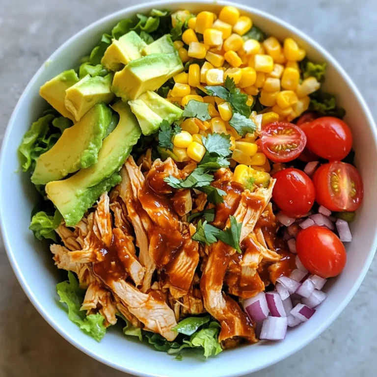 - 2 cups cooked chicken breast, shredded - 1 cup corn kernels, freshly cooked or canned, drained - 1 red bell pepper, diced into bite-sized pieces - 1 ripe avocado, diced - 1 cup cherry tomatoes, halved - 1 cup romaine lettuce, chopped into bite-sized pieces - 1/2 cup red onion, finely chopped - 1/2 cup shredded cheese, cheddar or Monterey Jack - 1/2 cup BBQ sauce, your choice - 1/4 cup ranch dressing - Salt and pepper to taste - 1/4 cup fresh cilantro, chopped - Lime slices To make this salad shine, you need fresh and vibrant ingredients. Start with shredded chicken. I always recommend using warm chicken as it absorbs the BBQ sauce better. Corn adds a sweet crunch. Red bell pepper brings color and crispness. The creamy avocado makes each bite delightful. Cherry tomatoes pop with flavor, while romaine lettuce adds a nice crunch. Red onion gives a sharp bite. Finally, the shredded cheese adds richness. For dressings, BBQ sauce is key. It adds that smoky flavor everyone loves. Ranch dressing gives a creamy finish. Salt and pepper enhance all the flavors. Optional garnishes like fresh cilantro and lime slices brighten the dish. They add freshness and zing. This combination of ingredients creates a zesty and flavorful meal that is sure to please. {{ingredient_image_2}} To start, take 2 cups of cooked chicken breast and shred it into small pieces. Place the shredded chicken in a large mixing bowl. Pour 1/2 cup of BBQ sauce over it. Make sure every piece is coated well. Use a fork or spoon to mix it together. Once done, set the bowl aside. This lets the chicken soak up the BBQ flavor. Next, we need to build our salad base. In a separate bowl, combine the chopped romaine lettuce, corn kernels, diced red bell pepper, diced avocado, halved cherry tomatoes, and finely chopped red onion. When cutting, use a sharp knife for easy slicing. Cut the vegetables into small, bite-sized pieces for a better mix. Now, it’s time to add the BBQ chicken to the salad. Carefully add the chicken mixture to the salad base. Using tongs or a large spoon, toss everything together gently. Be careful not to mash the avocado while mixing. You want to keep that creamy texture intact. After mixing, drizzle 1/4 cup of ranch dressing over the top of the salad. Toss it lightly again to coat everything evenly. Taste the salad and adjust seasoning with salt and pepper as needed. Finally, sprinkle the shredded cheese on top. Garnish with fresh chopped cilantro for extra flavor. Enjoy your vibrant BBQ Chicken Chopped Salad! When you make BBQ chicken salad, the BBQ sauce matters a lot. Choose a sauce that you love. If you want a smoky flavor, pick a sauce that has a hint of smoke. For a sweeter taste, go for a sauce with brown sugar. Taste the sauce before you use it. This way, you know it fits your salad. Handling avocados can be tricky. First, cut the avocado in half and remove the pit. Be careful! Use a spoon to scoop out the flesh. Dice it gently so it stays in nice pieces. If you want to keep the avocado fresh, sprinkle lime juice on it. This helps it from turning brown. Serve the salad in deep bowls or on a big platter. This makes it easy for everyone to grab a serving. For a fun twist, add lime slices on the side. They add extra zest when squeezed over the salad. For more flavor, you can add toppings. Crushed tortilla chips give a nice crunch. You can also try adding black beans for protein. Sliced jalapeños bring a spicy kick if you like heat. To make life easier, store salad parts separately. Keep chicken and veggies in one container. Store the dressings in small jars. This way, everything stays fresh and crisp. You can make the salad a day ahead. Just keep the toppings and dressings aside. Before serving, combine everything. This keeps your salad lively and tasty. Pro Tips Freshness is Key: Use fresh ingredients whenever possible, especially vegetables and herbs, to enhance the flavor and texture of your salad. BBQ Sauce Selection: Choose a BBQ sauce that complements the other flavors in your salad—consider smoky, sweet, or tangy varieties based on your preference. Avocado Handling: To prevent the avocado from browning, add it last and toss the salad gently to keep the pieces intact. Make it Your Own: Feel free to add other ingredients like black beans, jalapeños, or different types of cheese for a personalized touch! {{image_4}} You can change the protein in this salad easily. Try using turkey or tofu instead of chicken. Turkey keeps the flavor but adds a lighter touch. Tofu gives a great plant-based option, too. You can also switch the dressing. Instead of ranch, use a vinaigrette for a tangy flavor. This simple swap adds a new twist to the salad. Think about adding seasonal veggies to your salad. In spring, add fresh peas or radishes for a crisp bite. In summer, try cucumbers or zucchini for coolness. Fall brings squash or roasted sweet potatoes, which add warmth. In winter, use hearty greens like kale for added nutrition. Adjust your salad based on what is fresh and tasty. If you need a gluten-free option, check your BBQ sauce and ranch dressing. Many brands offer gluten-free choices. You can also make the salad vegetarian or vegan. Just skip the chicken and cheese. Add beans or lentils for protein, and use a vegan dressing. These changes keep the salad delicious while meeting your needs. To keep your BBQ chicken chopped salad fresh, refrigerate it right away. Store it in an airtight container. This helps prevent moisture loss and keeps flavors intact. Use glass or plastic containers with tight lids for the best results. Your BBQ chicken chopped salad lasts about 3 to 4 days in the fridge. After that, it may spoil. Look for signs like off smells or discoloration. If the chicken feels slimy, it’s time to toss it out. When reheating, use the microwave for an easy option. Heat in 30-second bursts to avoid overcooking. If you want to keep the salad crispy, try warming the chicken separately. This way, you preserve the fresh veggies' crunch. Yes, you can make this salad ahead. Prepare the salad base and chicken separately. Store each in airtight containers. This keeps the veggies fresh and crisp. Mix them when ready to serve. The best BBQ sauce is one you enjoy. Some like sweet, while others prefer smoky. Try different brands or make your own. A homemade sauce can add a personal touch. To spice it up, add chopped jalapeños or a splash of hot sauce. You can also use spicy BBQ sauce for extra heat. Freshly cracked black pepper can add a nice kick, too. Absolutely! You can use blue cheese dressing for a bold flavor. If you prefer lighter options, try a vinaigrette. Greek yogurt mixed with herbs is a healthy swap as well. Yes, this salad is great for meal prepping. Store the components in separate containers. This way, you can mix them when you’re ready to eat. It stays fresh and tasty all week! This blog post covered everything you need for a BBQ chicken chopped salad. We explored key ingredients, dressings, and tips for preparation. You learned about variations for dietary needs and how to store leftovers. My final thought is that making this salad can be fun and easy. Explore different flavors, and make it your own. Enjoy every bite, knowing you crafted a great meal!