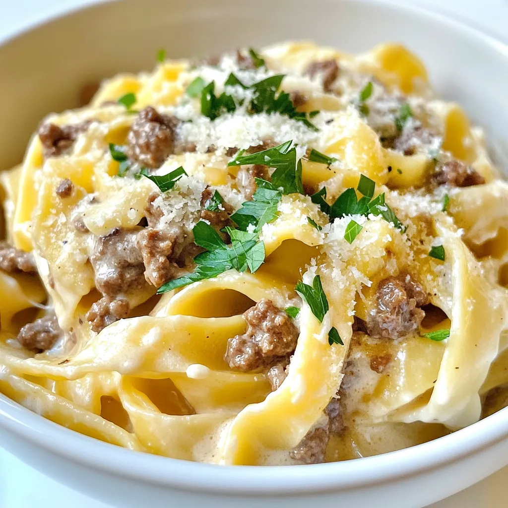 - 8 oz (225 g) fettuccine or your preferred pasta - 1 lb (450 g) ground beef - 1 cup heavy cream - 1 medium onion, finely chopped - 3 cloves garlic, minced - 1 teaspoon Italian seasoning - 1 cup freshly grated Parmesan cheese - 1 cup beef broth When making creamy beef pasta, start by gathering these key ingredients. The fettuccine gives a nice base for the dish. You can use any pasta you like, but fettuccine holds the sauce well. Ground beef adds richness and flavor. Heavy cream makes the dish creamy and dreamy. Next, aromatics like onion and garlic are important. They add depth and fragrance. Always chop the onion finely, so it cooks evenly. Minced garlic should be fresh for the best taste. Italian seasoning brings warmth and herbs to the mix. Use a teaspoon for a lovely flavor boost. Finally, cheese and broth are must-haves. Freshly grated Parmesan melts beautifully and adds a salty kick. Beef broth creates a savory sauce that binds all the flavors. With these ingredients, you are on your way to a delicious meal. {{ingredient_image_2}} Preparing the Water Start by filling a large pot with water. Add a good amount of salt. This helps to flavor the pasta. Bring the water to a rolling boil. Cooking Time and Drain Once boiling, add the fettuccine. Cook it according to the package instructions until it's al dente. This usually takes around 8-10 minutes. When done, drain the pasta. Set it aside in a large bowl so it stays warm. Heating the Olive Oil In a large skillet, pour in the olive oil. Turn the heat to medium. Let the oil heat for a minute. Cooking the Onion and Ground Beef Add the finely chopped onion to the skillet. Sauté for about 2-3 minutes. Stir often until the onions are soft. Next, raise the heat to medium-high. Add the ground beef. Break it up as it cooks for about 5-7 minutes. Cook it until it turns brown. If you see excess fat, drain it carefully. Adding Garlic and Seasoning Now, stir in the minced garlic and Italian seasoning. Cook this mixture for another minute. The smell will be fantastic! Combining Broth and Cream Pour in the beef broth, stirring well. Lower the heat and let it simmer for 5 minutes. This helps the flavors blend together. Slowly add the heavy cream and stir in the freshly grated Parmesan cheese. Keep mixing until the cheese melts and the sauce is creamy. Taste it and add salt and black pepper as needed. Now you’re ready to mix everything together! Choosing the Right Pasta I love using fettuccine for this dish. Its wide shape holds the creamy sauce well. You can also try penne or rigatoni if you prefer. Just pick a pasta you enjoy. Avoiding Overcooked Noodles To keep your pasta firm, cook it until al dente. This means it should still have a little bite. Always taste a piece before draining to check its doneness. Suggested Seasoning Adjustments Italian seasoning adds great flavor, but you can adjust it. Try adding crushed red pepper for heat or dried basil for a different taste. Don’t be afraid to experiment. Adding Extra Ingredients for Depth For more flavor, toss in some mushrooms or spinach. They cook quickly and add a nice touch. You can also use sun-dried tomatoes for a burst of sweetness. Ideal Pairings Creamy beef pasta pairs well with a fresh salad or garlic bread. A light green salad balances the richness of the dish. You can also serve it with a nice glass of red wine. Presentation Tips When serving, use a large bowl or plate. Twirl the pasta into a nest to make it look fancy. Finish with a sprinkle of parsley for color and extra flavor. Pro Tips Perfect Pasta: Always salt the water generously before adding the pasta. This enhances the flavor of the pasta itself. Rich Flavor: For a deeper flavor, consider adding a splash of red wine after browning the beef and let it reduce before adding the broth. Cheese Secrets: Use freshly grated Parmesan instead of pre-grated for a creamier texture and better flavor in your sauce. Herb Infusion: For an extra burst of flavor, add fresh herbs like basil or oregano right before serving for a fresh taste. {{image_4}} Alternatives to Ground Beef You can swap ground beef for other meats. Try ground turkey or chicken for a lighter meal. For a vegetarian option, use plant-based ground meat. Lentils or mushrooms can also add a rich flavor. Dairy-Free Options If you want to make this dish dairy-free, use coconut cream instead of heavy cream. Nutritional yeast can replace Parmesan cheese for a cheesy flavor without dairy. Spicy Additions Add crushed red pepper flakes for heat. You can also toss in diced jalapeños for a fresh kick. Mixing in a dash of hot sauce can elevate the dish. Using Different Cheese Experiment with different cheeses to change the flavor. Try cheddar for a sharp taste or mozzarella for a milder flavor. Goat cheese can add a creamy tang that’s delightful. Other Pasta Options Fettuccine works great, but you can use penne or rotini. Bowtie pasta also holds the sauce well and adds fun shapes to your plate. Gluten-Free Choices For gluten-free pasta, choose options made from rice or chickpeas. These alternatives provide a similar texture and flavor without the gluten. - How to Store Leftovers: Allow your creamy beef pasta to cool to room temperature. Transfer the pasta into a container. Seal it tightly with a lid. - Suggested Container Types: Use glass or plastic airtight containers. They keep the pasta fresh and prevent odors. - Freezing Tips for Best Quality: For long storage, freeze the pasta in portions. Use freezer-safe bags or containers. Remove as much air as possible before sealing. - Reheating Instructions: Thaw your pasta overnight in the fridge. Heat it in a skillet over medium heat. Add a splash of broth or cream to restore creaminess. - How Long it Lasts in the Fridge: Creamy beef pasta lasts about 3 to 4 days in the fridge. Keep an eye on the texture and smell. - Warning Signs of Spoilage: If you see mold or if the pasta smells sour, discard it. Safety first! Yes, you can use other meats. Ground turkey or chicken works well. You can even try sausage for a spicy kick. Just cook it the same way. The flavors may change, but it will still taste great. To make it healthier, swap out heavy cream for Greek yogurt. You can also use whole wheat pasta for added fiber. Adding more veggies, like spinach or bell peppers, boosts nutrients. Serve this dish with a simple side salad. Garlic bread also pairs nicely and adds crunch. For a lighter option, consider steamed broccoli or green beans. - Additional Questions on Customization - Want extra flavor? Add crushed red pepper or fresh herbs. - For a creamier sauce, try adding more Parmesan cheese. - Common Cooking Mistakes and Solutions - Overcooking the pasta? Make sure to follow the package time. - If the sauce is too thick, add more beef broth or cream. - Not enough flavor? Taste and adjust with salt and pepper as needed. In this blog post, we explored how to make creamy beef pasta. We covered key ingredients, step-by-step cooking instructions, and some useful tips. Along the way, I shared variations to enhance flavors and make the dish your own. Proper storage and shelf life information ensure your leftovers stay fresh. Whether you try different meats or pasta types, experimenting can lead to delicious results. Enjoy creating this meal, and happy cooking!