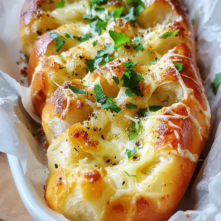 For this tasty treat, gather these simple ingredients: - 12 Hawaiian rolls - 1/2 cup unsalted butter, softened - 4 garlic cloves, minced finely - 1 teaspoon dried parsley flakes - 1 teaspoon dried oregano - 1/2 teaspoon salt - 1 cup shredded mozzarella cheese - 1/4 cup grated Parmesan cheese - 2 tablespoons fresh cilantro, finely chopped (for garnish) You can swap some ingredients if needed: - Use salted butter instead of unsalted for extra flavor. - Any type of bread roll can work, though Hawaiian rolls are the best. - If you don’t have fresh garlic, garlic powder works too. Use about 1 teaspoon. - For a different cheese taste, try cheddar or gouda in place of mozzarella. To make this garlic bread, have these tools handy: - A medium-sized mixing bowl for combining the garlic butter. - A spatula or butter knife for spreading the butter mix. - Aluminum foil to wrap the rolls for baking. - A baking sheet to catch any drips while baking. - An oven to get everything warm and cheesy! {{ingredient_image_2}} First, set your oven to 350°F (175°C). This warm heat helps the bread bake evenly. Gather all your ingredients. You will need 12 Hawaiian rolls, butter, garlic, parsley, oregano, salt, mozzarella cheese, and Parmesan cheese. Having everything ready makes cooking easy. In a medium bowl, add 1/2 cup of softened butter. Then, add 4 minced garlic cloves, 1 teaspoon of dried parsley, 1 teaspoon of dried oregano, and 1/2 teaspoon of salt. Mix these well until you have a smooth garlic butter. This blend gives the bread its tasty kick. Carefully slice each Hawaiian roll in half from left to right. Keep them connected at the bottom. Use a spatula to spread the garlic butter on both halves. Make sure every part gets some butter. Next, sprinkle 1 cup of shredded mozzarella cheese on the bottom half. Top it off with 1/4 cup of grated Parmesan cheese. Finally, place the top half back on and wrap the loaf in aluminum foil. This keeps it moist while baking. Bake for 15 minutes, then remove the foil and bake for another 10 minutes. Look for that golden cheese on top. After baking, let it cool a bit, then add chopped fresh cilantro for a nice touch. Enjoy your delicious creation! To get the best melt, use fresh cheese. Shredded mozzarella melts better than blocks. Mix mozzarella with grated Parmesan for a tasty blend. Make sure to cover the bottom half of the rolls fully with cheese. This helps it melt evenly. Bake it wrapped in foil for 15 minutes. This keeps the cheese warm and gooey. After that, remove the foil and bake a bit longer. This gives you a nice golden top. To kick up the flavor, add more garlic! Use six cloves if you love garlic. You can also mix in some red pepper flakes for heat. Fresh herbs like basil or thyme add a nice touch too. Try using garlic powder in the butter mix for a stronger flavor. For a twist, add a drizzle of balsamic glaze before serving. This adds a sweet tang that pairs well with the cheese. One big mistake is not spreading the butter well. Make sure every inch of the rolls gets garlic butter. Another mistake is overbaking. Keep an eye on the bread after removing the foil. You want it bubbly, not burnt. Also, don’t skip the cooling step. Letting it cool for a few minutes helps the cheese set a bit. This makes serving easier and keeps it from falling apart. Pro Tips Tip: Use Fresh Garlic: Freshly minced garlic enhances the flavor profile significantly compared to pre-minced options. Tip: Don’t Overbake: Keep an eye on the bread during the final minutes to prevent the cheese from burning; a golden top is perfect! Tip: Customize Your Cheese: Feel free to mix and match cheeses like cheddar or gouda for a unique flavor twist. Tip: Serve Warm: For the best experience, serve the garlic bread immediately after baking while it's still warm and gooey. {{image_4}} You can change the taste of this garlic bread by using different cheeses. Try using cheddar for a sharp flavor. Gouda adds a smoky touch, while fontina melts smoothly and tastes rich. Mix cheeses for more depth. Just make sure to keep the total amount at about 1.5 cups to ensure a perfect melt. Herbs and spices can elevate the flavor of your garlic bread. Add fresh basil or thyme for a burst of freshness. A pinch of red pepper flakes can give it a nice kick. You can also sprinkle some Italian seasoning for a classic twist. Experiment with your favorites and make it your own! To make this recipe vegan, swap the butter with a plant-based alternative. Use vegan cheeses like cashew cheese or almond cheese to keep it dairy-free. Look for brands that melt well so you still get that gooey texture. This way, everyone can enjoy the tasty garlic bread! To keep your cheesy Hawaiian roll garlic bread fresh, let it cool first. Wrap it tightly in plastic wrap or aluminum foil. Store it in the fridge for up to three days. This helps to keep the rolls soft and the cheese creamy. Make sure to keep it away from strong-smelling foods to avoid flavor changes. When you’re ready to enjoy your leftovers, preheat your oven to 350°F (175°C). Remove the garlic bread from the fridge. Wrap it in foil to prevent it from drying out. Heat for about 10-15 minutes until warm. If you want the cheese to bubble, unwrap it for the last few minutes. This adds a nice crisp to the top. If you have more than you can eat, freezing is a great option. Wrap the garlic bread tightly in plastic wrap and then in foil. Label it with the date. You can freeze it for up to three months. When you’re ready to eat it, thaw it in the fridge overnight. Then, reheat it in the oven as mentioned above. This keeps the taste and texture intact. Yes, you can use other rolls. I often use soft dinner rolls or brioche. These rolls will give a different taste but still work well. Just pick rolls that are soft and slightly sweet. You can prepare it a day in advance. Just make the garlic butter and spread it on the rolls. Then, wrap them in foil and store them in the fridge. When you’re ready, bake them as usual. This saves time on a busy day. This garlic bread goes great with many dishes. Serve it alongside pasta, soups, or salads. It also makes a tasty snack on its own. You can even pair it with dips like marinara or spinach dip. Enjoy it however you like! This post covered how to make Cheesy Hawaiian Roll Garlic Bread. We started with a list of needed ingredients and substitutes. Then, we looked at simple steps to prepare and bake. Tips helped you avoid common mistakes and added flavor. I shared variations to suit different tastes and storage ideas for leftovers. In conclusion, you can create this dish in many fun ways. Enjoy your cooking and make it your own!