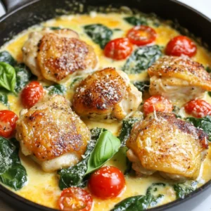 To create the Keto Chicken Spinach Tomato Skillet, you need a few key ingredients. Each one adds unique flavors and keeps the dish low in carbs. - 1 lb boneless, skinless chicken thighs, cut into bite-sized pieces - 2 cups fresh spinach, washed and trimmed - 1 cup cherry tomatoes, halved - 2 tablespoons olive oil - 3 cloves garlic, minced - 1 teaspoon dried oregano - 1 teaspoon smoked paprika - Salt and pepper, to taste - ¼ cup heavy cream - ½ cup grated Parmesan cheese - Fresh basil leaves for garnish (optional) Each ingredient plays a vital role. The chicken thighs provide protein, while spinach offers nutrients and color. Cherry tomatoes add sweetness and juiciness. Olive oil is great for cooking and flavor. Garlic gives a nice aroma and taste. The spices, like oregano and smoked paprika, enhance the overall flavor. Heavy cream and Parmesan cheese create a rich, creamy sauce. If you want a fresh touch, use basil leaves as a garnish. Using fresh ingredients makes a big difference in taste. Always choose the best quality for a delicious meal. {{ingredient_image_2}} First, heat a large skillet over medium heat. Add two tablespoons of olive oil and let it warm up. Once hot, add one pound of boneless, skinless chicken thighs, cut into bite-sized pieces. Season with salt, pepper, one teaspoon of dried oregano, and one teaspoon of smoked paprika. Cook the chicken for about seven to ten minutes, stirring every few minutes. The chicken should turn golden brown and be fully cooked. After the chicken is cooked, add three cloves of minced garlic to the skillet. Sauté for one to two minutes. You want the garlic to smell great, but don't let it burn. Next, toss in one cup of halved cherry tomatoes. Cook them for about three to four minutes, stirring occasionally. The tomatoes should soften and release their juices. Now, lower the heat to a gentle simmer. Pour in a quarter cup of heavy cream and stir well. Let it simmer for two to three minutes, allowing the cream to thicken slightly. Then, gently fold in two cups of fresh spinach. Cook just until the spinach wilts, which takes about one to two minutes. Finally, take the skillet off the heat and stir in half a cup of grated Parmesan cheese. Mix until the cheese melts and creates a creamy sauce. Taste the dish and adjust the seasoning with more salt and pepper if needed. Choosing the right chicken cuts matters. I prefer boneless, skinless chicken thighs. They stay tender and juicy. Chicken breasts can dry out easy. Adjust the seasoning for personal taste. Start with salt, pepper, oregano, and smoked paprika. You can always add more later. For sautéing, use medium heat to avoid burning. Keep stirring the chicken to brown it well. When you add garlic, watch it closely. Garlic burns fast and can make the dish bitter. To avoid overcooking spinach, add it last. It wilts quickly, so just cook it for 1-2 minutes. Serving the dish in the skillet looks great. It adds a rustic touch. Just place it right on the table. For extra flair, garnish with fresh basil leaves. They add a pop of color and a fresh flavor. Enjoy your meal! Pro Tips Perfect Chicken: Make sure to pat the chicken dry with paper towels before seasoning to get a nice golden brown crust. Garlic Timing: Add the garlic right after the chicken is cooked to prevent it from burning, which can create a bitter flavor. Spinach Secrets: To retain its vibrant color and nutrients, add the spinach at the end of cooking and just wilt it. Cheese Tips: For a creamier sauce, use freshly grated Parmesan cheese instead of pre-grated for better melting. {{image_4}} You can change the protein in this dish. Try chicken breast or shrimp instead of chicken thighs. Both options keep the meal light and tasty. You can also swap in low-carb veggies. Zucchini and bell peppers fit well and add nice color. Want to boost the flavor? Add more spices or herbs. Basil and thyme work great with this dish. You can also pour in a splash of white wine for a richer taste. This will create a lovely depth in your sauce. To make this meal even heartier, pair it with cauliflower rice or zucchini noodles. Both options are low-carb and fill you up. A fresh salad on the side adds a crunchy contrast and brightens the plate. Enjoy these simple yet tasty ways to elevate your Keto Chicken Spinach Tomato Skillet! To keep your keto chicken spinach tomato skillet fresh, store it in the fridge. Place the cooled skillet dish in an airtight container. This keeps out moisture and prevents odors. Use glass containers for best results, as they are easy to clean and do not stain. When ready to eat, you can safely reheat the skillet dish. Use the stovetop for even warming. Heat on low and stir often. This helps to maintain the creaminess. You can also use a microwave, but be sure to cover it. This keeps the moisture in and prevents drying out. Yes, you can freeze this dish! To do this, let it cool completely. Then, portion it into freezer-safe bags or containers. This way, you can enjoy it later. When you're ready to eat, thaw it overnight in the fridge. Reheat it gently on low heat for the best flavor. Yes, this recipe works great for meal prep. You can cook it ahead and store it in portions. Here are some tips: - Let the dish cool completely before storing. - Use airtight containers to keep it fresh. - It can last in the fridge for 3-4 days. - Reheat gently on the stove or in the microwave. Absolutely! To make it dairy-free, you can swap out the heavy cream and cheese. Here are some options: - Use coconut cream for a rich texture. - Nutritional yeast can replace Parmesan cheese. - Almond or cashew milk works well instead of cream. - These swaps keep the dish creamy and tasty. This dish pairs well with many sides. Here are some ideas: - Serve with cauliflower rice for a low-carb option. - Zucchini noodles add a fresh touch. - A side salad with greens and vinaigrette works well. - Roasted Brussels sprouts or asparagus make a great match. - Choose sides that keep the meal keto-friendly and delicious. This dish of chicken, spinach, and tomatoes combines rich flavors and easy steps. You learned how to cook the chicken, add garlic and tomatoes, and finish with cream. Mastering tips for seasoning and presentation will elevate your meal. You can vary ingredients for more options and store leftovers properly. Enjoy your cooking and get creative with these ideas! Let this recipe inspire your next meal for a tasty experience.