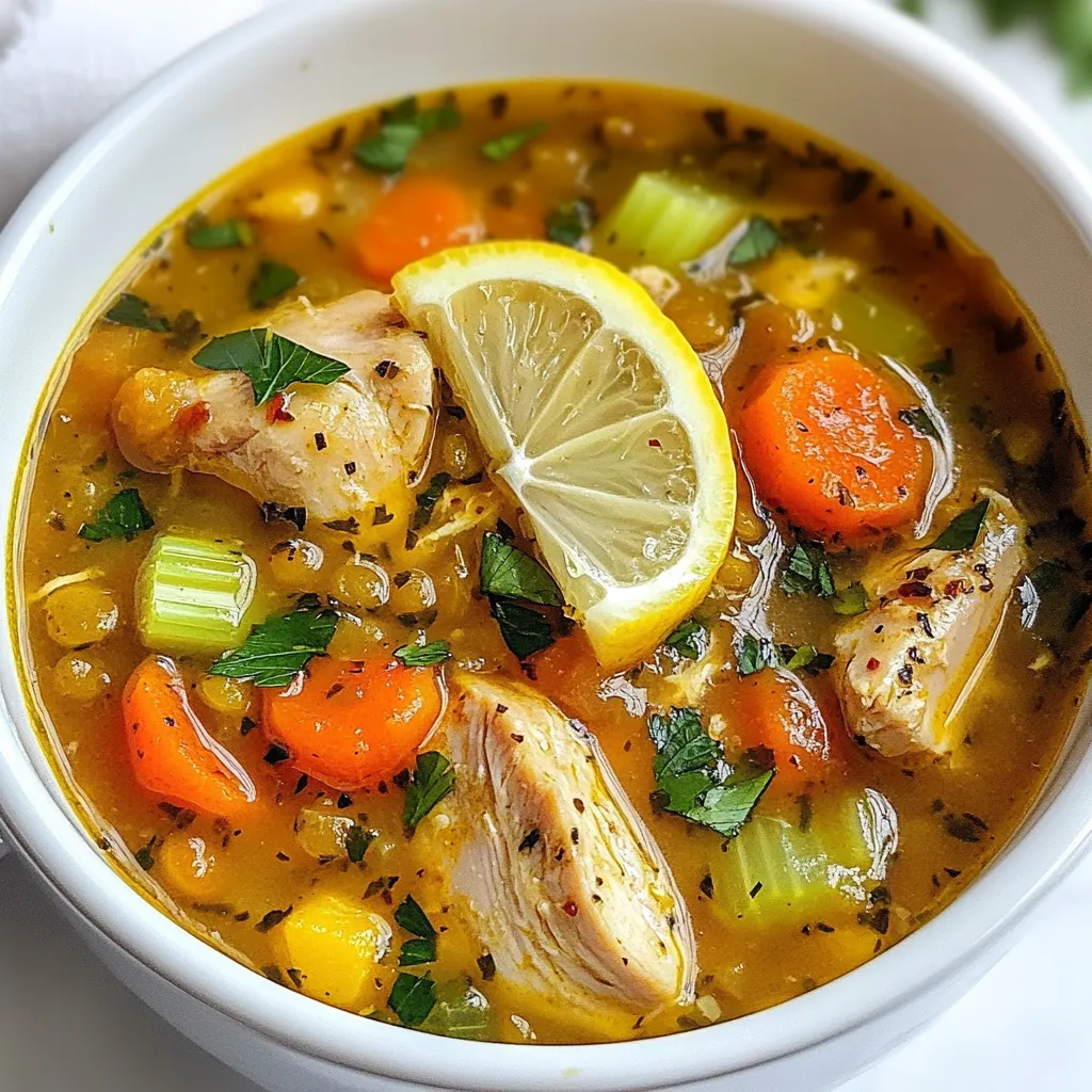 - 2 tablespoons olive oil - 1 medium onion, finely chopped - 2 medium carrots, peeled and diced - 2 celery stalks, diced - 3 cloves garlic, minced - 1 teaspoon ground cumin - 1 teaspoon smoked paprika - 1/2 teaspoon turmeric - 1 pound boneless, skinless chicken thighs, cut into bite-sized pieces - 1 cup dried green or brown lentils, thoroughly rinsed - 6 cups chicken broth or stock - 1 can (14 ounces) diced tomatoes, including the juices - 2 cups fresh spinach or kale, chopped into bite-sized pieces - Salt and freshly ground black pepper to taste - Fresh lemon juice (optional, for garnish) - Fresh parsley or cilantro, finely chopped (for garnish) Each ingredient plays a key role in building flavor. The olive oil creates a rich base. The onion, carrots, and celery add sweetness and crunch. Garlic adds depth, while spices like cumin and smoked paprika bring warmth. The chicken adds protein, and lentils provide fiber and texture. Broth and tomatoes make it hearty and delicious. Finally, greens add freshness and color. {{ingredient_image_2}} Start by heating the olive oil in a large pot on medium heat. Add the chopped onion, carrots, and celery. Cook these vegetables for about 5-7 minutes. You want them to soften and smell great. Stir them often. Look for a light golden color and a tender feel. This step builds a strong base for your soup. Next, add minced garlic, ground cumin, smoked paprika, and turmeric. Stir these spices into the pot. Cook for another minute. This will wake up the flavors and fill your kitchen with a lovely aroma. The spices blend well with the sautéed vegetables, creating a rich flavor. Now, add the chicken thighs cut into bite-sized pieces. Cook them for about 5 minutes. Stir often to brown all sides. A good sear adds depth to the flavor. Make sure the chicken is not pink when you finish. This step is key for a delicious soup. After browning the chicken, add the rinsed lentils, chicken broth, and diced tomatoes with juices. Stir everything together. Increase the heat until it boils, then lower it to a simmer. Cover the pot and let it cook for 25-30 minutes. Check the lentils for tenderness. They should be soft but not mushy. Once the lentils are ready, stir in the chopped spinach or kale. Cook for another 5 minutes. This will wilt the greens and keep their bright color. It also adds nutrition and a fresh taste to your soup. Finally, taste the soup. Add salt and freshly ground black pepper to your liking. Serve the soup hot. A splash of fresh lemon juice brightens the flavors. Garnish with parsley or cilantro for a pop of color. Enjoy your hearty chicken lentil soup! Seasoning is key to making great soup. It can bring all the flavors together. Use salt and pepper to enhance taste. Try adding a pinch of cayenne for heat. If you want depth, add more cumin or smoked paprika. These spices work well with chicken and lentils. A heavy pot, like a Dutch oven, is best for soup. It holds heat well and cooks evenly. Keep the heat medium to avoid burning. If it starts to bubble too much, lower the heat. Slow cooking helps flavors blend nicely. You can make this soup ahead of time. It tastes even better the next day! Store it in the fridge for up to three days. To freeze, let it cool completely, then place it in containers. When ready to eat, thaw it overnight in the fridge. Reheat on the stove or in the microwave. Pro Tips Fresh Herbs Matter: Using fresh parsley or cilantro for garnish not only adds a pop of color but also enhances the flavor profile of the soup. Customize Your Greens: Feel free to substitute spinach or kale with other greens like Swiss chard or collard greens, depending on your preference and what's available. Perfectly Cooked Lentils: Keep an eye on the lentils while they cook; they should be tender but retain their shape. Overcooking can lead to a mushy texture. Enhance with Acidity: A splash of fresh lemon juice just before serving brightens the flavors and balances the richness of the soup. {{image_4}} You can change the protein in Chicken Lentil Soup easily. If you want a meatless option, use tofu. It absorbs flavors well. You can also try turkey instead of chicken. Ground turkey works great too. For a unique taste, add some cooked sausage. Each protein gives a different flavor and texture. Adding more veggies makes this soup even better. Zucchini adds a nice crunch and mild taste. Bell peppers bring a sweet flavor and vibrant color. You could also add carrots for more sweetness. Consider throwing in some peas or corn for extra texture. These veggies not only enhance taste but also boost nutrition. You can change the spice blend to suit your taste. Try adding curry powder for a warm flavor. If you like heat, jalapeño or cayenne pepper adds a kick. Italian seasoning gives a fresh twist. Experiment with herbs like thyme or rosemary for a different aroma. Adjusting spices can create a whole new experience in each bowl. Your Chicken Lentil Soup stays fresh in the fridge for about 4 to 5 days. Store it in an airtight container. This keeps it safe and tasty. Before you eat it again, check for any off smells or changes in texture. To freeze your soup, let it cool first. Pour it into freezer-safe bags or containers. Remove as much air as you can. Label with the date. It can last up to 3 months in the freezer. When you want to eat it, thaw the soup overnight in the fridge. You can reheat your soup on the stovetop or in the microwave. For the stovetop, warm it over low heat. Stir often until it's hot. If using the microwave, place it in a bowl. Heat for 2-3 minutes, stirring halfway through. Both methods work well, but stovetop gives better flavor. You can use turkey or tofu instead of chicken. They both work well. If you prefer a vegetarian option, try chickpeas or lentils. Each substitute gives a unique taste. Adjust cooking times if needed, especially for tofu. Yes, you can use canned lentils. They save time and are already cooked. Drain and rinse them before adding to the soup. This will help reduce the sodium content. Add them in the last 10 minutes of cooking to heat through. To make this soup gluten-free, use gluten-free broth. Most chicken broths are gluten-free, but check the label. Avoid adding any gluten-containing ingredients. This way, everyone can enjoy it safely. Yes, this soup is great for meal prepping. It stores well in the fridge for up to five days. You can also freeze it for up to three months. Just leave out the greens until reheating. Absolutely! You can add zucchini, bell peppers, or corn. Just chop them small and add them when you sauté the other veggies. This adds color and boosts nutrition. Be creative with your choices! You learned how to make a tasty Chicken Lentil Soup. We covered the key ingredients, step-by-step instructions, and helpful tips. You explored ways to customize the soup with different proteins and veggies. Plus, you got solid storage advice. With these insights, you can create a warm, nutritious meal that fits your taste. Enjoy the process of making this soup and share it with others!