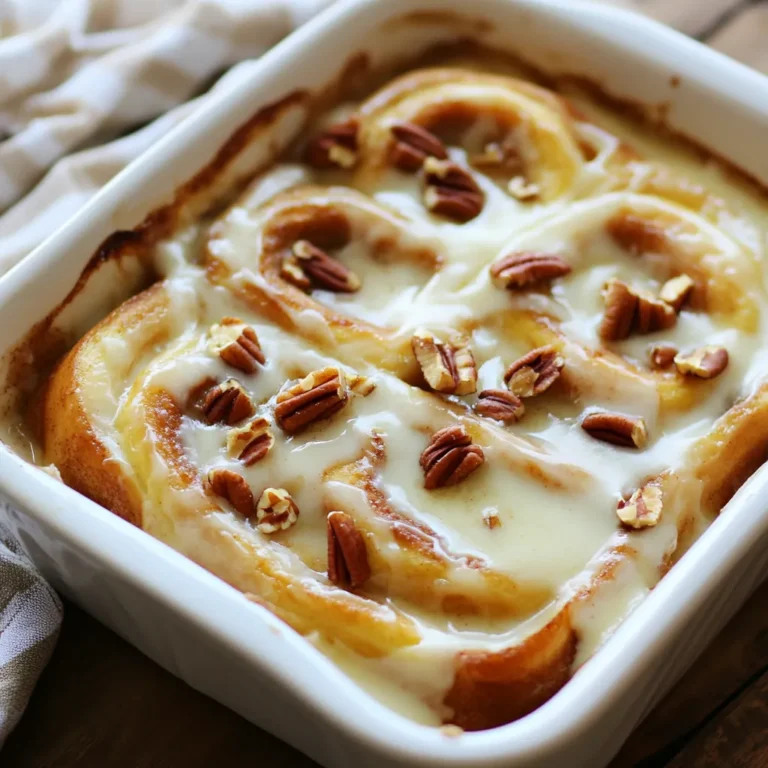 - 2 cans of pre-made cinnamon rolls - 6 large eggs - 1 cup whole milk - 1/2 cup heavy cream - 1 teaspoon pure vanilla extract - 1 teaspoon ground cinnamon - 1/4 teaspoon freshly grated nutmeg - 1/4 cup packed brown sugar - 1/2 cup chopped pecans - Maple syrup for serving In this recipe, the main ingredients make up the base of your dish. The pre-made cinnamon rolls save time and add sweet flavor. Eggs, whole milk, and heavy cream create a rich custard that soaks into the rolls. To elevate the taste, we add flavor enhancers. Vanilla extract brings warmth, while ground cinnamon adds that classic cinnamon flavor. Freshly grated nutmeg gives a nice hint of spice. Brown sugar adds sweetness and depth. If you want some crunch, you can toss in chopped pecans. They add texture and a nutty flavor. Don't forget to serve with maple syrup for a sweet finish! This combination of ingredients creates a delightful breakfast treat that everyone will love. {{ingredient_image_2}} - Set oven temperature to 350°F (175°C) - Prepare baking dish First, preheat your oven to 350°F (175°C). While it heats, grab a 9x13 inch baking dish. Grease it well with cooking spray or softened butter. This makes for easy serving later. - Cut each roll into quarters - Arrange in the baking dish Next, open two cans of pre-made cinnamon rolls. Use a sharp knife or kitchen scissors to cut each roll into quarters. Place these small pieces evenly in the greased baking dish. If you like, sprinkle chopped pecans over the rolls for a nice crunch. - Whisk eggs until fluffy - Combine with milk, cream, vanilla, cinnamon, nutmeg, and brown sugar In a medium mixing bowl, crack six large eggs. Whisk them until they are fluffy. Then add one cup of whole milk, half a cup of heavy cream, one teaspoon of pure vanilla extract, one teaspoon of ground cinnamon, a pinch of freshly grated nutmeg, and a quarter cup of brown sugar. Mix these ingredients well until smooth and slightly frothy. - Pour custard over cinnamon roll pieces - Optionally drizzle icing over the top Now, pour the custard mixture evenly over the cinnamon roll pieces. Make sure every piece gets soaked in that delicious custard. Press down gently with a spatula to help the rolls absorb the mixture. If your cinnamon rolls came with icing, drizzle it over the top for extra sweetness. - Bake for 30-35 minutes - Check for doneness with a toothpick Place the baking dish in the preheated oven. Bake for about 30 to 35 minutes. You’ll know it’s done when the top turns golden brown. Insert a toothpick in the center; if it comes out clean, it’s ready. - Let rest for 5 minutes - Serve with maple syrup After baking, take the dish out of the oven. Let it rest for about five minutes. This helps it set a bit, making it easier to serve. When ready, pour some maple syrup over each serving for a sweet finish. Enjoy your warm and tasty breakfast treat! Soaking the cinnamon rolls is key. When you cut the rolls into quarters, make sure to let them soak in the creamy egg mixture. This step helps the rolls absorb all the flavors. The longer they soak, the softer and more custardy they become. I usually press down gently with a spatula to ensure every piece gets coated well. You can always add more spices for a flavor boost. Try adding a pinch of nutmeg or even some allspice. A little extra vanilla can also lift the taste. For toppings, consider sliced bananas or fresh berries. They add brightness and a nice contrast to the sweet cinnamon. A sprinkle of chopped pecans adds crunch, too! To make your dish look stunning, dust it with powdered sugar right before serving. Fresh berries or banana slices on top add color and freshness. You can also drizzle some icing over the top for that extra sweet touch. A beautiful dish makes breakfast feel special! Pro Tips Use Fresh Ingredients: Using fresh eggs and high-quality milk will enhance the overall flavor and texture of your bake, making it even more delicious. Customize the Toppings: Feel free to experiment with different toppings like chocolate chips, dried fruits, or different nuts to personalize your dish. Soaking Time Matters: Allowing the cinnamon roll pieces to soak in the custard mixture for a bit longer can lead to a richer and more flavorful result. Serve Immediately: This dish is best enjoyed fresh out of the oven, so be sure to serve it right away for maximum flavor and warmth. {{image_4}} You can add different nuts to this dish. Almonds or walnuts work great. They bring a nice crunch and flavor. If you prefer no nuts, that's fine too! The recipe still tastes amazing without them. Change the flavors based on the season. In fall, try using pumpkin spice. It adds a warm and cozy taste. In summer, add fresh fruit like berries or peaches. The fruit keeps it light and fresh. You can even mix in both for a fun twist! For those who need gluten-free options, you can use gluten-free cinnamon rolls. Look for rolls made with almond or coconut flour. This way, everyone can enjoy this tasty dish. Just make sure to check all labels for gluten-free status. To keep your Cinnamon Roll French Toast Bake fresh, use airtight containers. Glass or plastic containers work well. Make sure to let it cool before sealing. This helps prevent sogginess. For the best results, reheat in the oven. Preheat your oven to 350°F (175°C). Place the leftovers in an oven-safe dish. Cover it with foil to keep moisture in. Heat for about 15-20 minutes. This will help maintain the soft texture. You can also use the microwave. Place a piece on a microwave-safe plate. Heat for 30 seconds to 1 minute. Check to see if it is warm throughout. You can freeze this dish for later. Cut it into portions before freezing. Wrap each piece in plastic wrap. Then, place them in a freezer bag. Make sure to squeeze out the air. It keeps the dish fresh for up to three months. When you’re ready to eat, thaw in the fridge overnight. Reheat in the oven or microwave as described above. This way, you can enjoy your tasty breakfast treat anytime! Yes, you can use homemade cinnamon rolls. Make sure they are soft and fluffy. If they are a bit dry, soak them in the custard mix longer. This helps them soak up more flavor. Cut them into quarters, just like the store-bought ones. This way, they will bake evenly. The bake time is about 30 to 35 minutes. You will know it’s done when the top turns golden brown. A toothpick should come out clean from the center. If it still has wet batter, bake for a few more minutes. Yes, you can double or halve the recipe. If you double it, use a larger baking dish. For halving, use a smaller dish. Keep the same bake time but check for doneness. Adjusting the recipe is easy, and it helps with serving size. In this blog post, we explored how to create a delicious baked cinnamon roll dish. We covered key ingredients, from eggs to flavor enhancers, and added tips for perfect texture. Each step was detailed, making sure you can easily follow along. Remember, you can customize this dish with your favorite nuts or spices. It’s fun to experiment and find what you love. Enjoy your cooking!