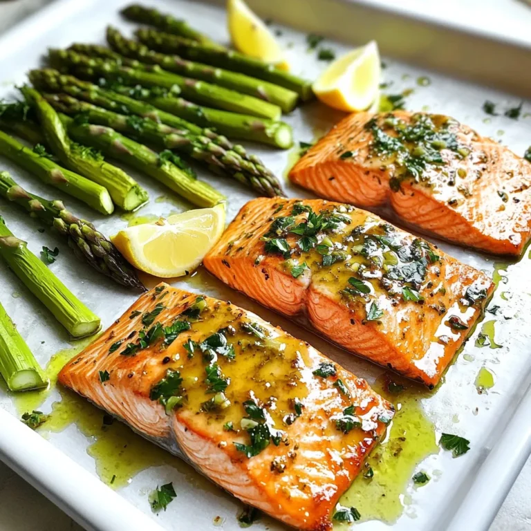 - 4 salmon fillets (approximately 6 ounces each) - 1 bunch asparagus (about 1 pound), ends trimmed - 4 tablespoons extra virgin olive oil - 4 cloves garlic, finely minced - 1 tablespoon freshly squeezed lemon juice - 1 teaspoon dried thyme - 1 teaspoon dried oregano - Sea salt and freshly cracked black pepper, to taste - Lemon wedges, for serving - Chopped fresh parsley, for garnish The main ingredients in this dish are simple yet fresh. Salmon fillets are rich in omega-3 fatty acids, which are great for health. Asparagus adds a crunch and a burst of green color to your meal. For the seasoning, I love using extra virgin olive oil. It adds a nice depth of flavor. The garlic brings a rich aroma and taste. Fresh lemon juice cuts through the richness of the fish and brightens the dish. Thyme and oregano give it an earthy touch. I suggest using sea salt and freshly cracked black pepper for the best flavor. These simple seasonings allow the salmon and asparagus to shine. When it comes to garnishing, lemon wedges add a nice touch. You can squeeze them over the dish right before eating. Chopped parsley brings a fresh color and taste that completes the meal. These ingredients combine to make a balanced, tasty dish that is easy to prepare. You’ll find it’s perfect for a family dinner or a gathering with friends. - Preheat the oven to 400°F (200°C). - Line a large baking sheet with parchment paper. - In a bowl, combine olive oil, garlic, lemon juice, thyme, oregano, salt, and pepper. - Whisk until the mixture is blended and fragrant. - Place salmon fillets on one side of the baking sheet. - Coat the salmon with the garlic herb mixture. - Arrange asparagus on the other side and season with salt and pepper. - Transfer the baking sheet to the oven and bake for 12-15 minutes. - Check for doneness. The salmon should flake easily, and the asparagus should be tender yet crisp. - Remove from the oven and sprinkle with chopped parsley. - Serve immediately with lemon wedges on the side for squeezing over the dish. - Use a meat thermometer for optimal doneness (145°F). This ensures your salmon is safe to eat and has the best texture. - Allow salmon to rest before serving. This step helps the juices settle, making each bite juicy and flavorful. - Trim asparagus properly for even cooking. Cut off the tough ends to ensure that all pieces cook at the same rate. - Toss asparagus lightly in oil to avoid sogginess. A light coat helps keep them crisp and bright. - Present directly on the sheet pan for a rustic look. This gives a homey feel and makes cleanup easy. - Pair with a side salad or quinoa for a complete meal. This adds color and balance to your plate, enhancing the dining experience. {{image_4}} You can change the veggies in this dish for fun flavors. Try using broccoli, green beans, or zucchini instead of asparagus. These options work well and add great taste. For a pop of color, add cherry tomatoes or bell peppers. They not only look nice but also taste fresh and sweet. Spice up the dish with fresh herbs. Dill and basil are great choices that add a unique taste. You can also add a sprinkle of red pepper flakes if you like some heat. This small change can really wake up the flavors in your meal. Want to try something different? Cook the salmon on a grill for a delicious smoky flavor. The grill gives it a nice char that pairs well with the garlic and herbs. You can also broil the salmon for a crispy top finish. This method makes the salmon golden and crunchy, adding an exciting twist. Cool the Garlic Herb Salmon and asparagus completely before you refrigerate them. This step helps keep the food fresh. Place the dish in an airtight container. It will stay good for up to three days in the fridge. If you want to save leftovers, wrap the cooked salmon and asparagus tightly. Use plastic wrap first, then cover with aluminum foil. This double layer protects against freezer burn. You can freeze them for up to three months. When you're ready to eat, thaw them in the fridge before reheating. For the best taste and texture, reheat in the oven. Set it to a low temperature and warm until hot. This keeps the salmon moist and the asparagus crisp. If you use a microwave, set it on low power. Place a damp paper towel over the dish to avoid drying it out. This method helps keep the meal tasty and enjoyable. Yes, just ensure it is fully thawed before cooking. Frozen salmon can still taste great. Thaw it overnight in the fridge or use the cold water method. Place the sealed salmon in cold water for about an hour. Once thawed, pat it dry and follow the recipe as usual. Consider pairing with rice, quinoa, or a green salad for a balanced meal. These sides add great texture and flavor. Rice soaks up the juices, while quinoa adds protein. A salad brings freshness and crunch. Mix and match based on your taste. Salmon is cooked when it flakes easily with a fork and has an internal temperature of 145°F. Use a fork to gently press the salmon. If it breaks apart, it's ready. A meat thermometer is your best friend for checking the temp. Insert it into the thickest part for accuracy. You can prepare ingredients and marinate salmon a few hours ahead for better flavor infusing. Chop your asparagus and get the marinade ready. Marinate the salmon in the fridge for up to two hours. This enhances the taste and saves time on busy nights. This recipe for Garlic Herb Salmon and Asparagus is easy and tasty. You learned how to prep and cook the dish step by step. Using fresh herbs and seasonings enhances flavors while keeping it simple. You can swap veggies as you like or try grilling for a new twist. Remember, storing leftovers properly keeps them fresh. Enjoy making this meal, and share it with friends and family for a healthy dinner!