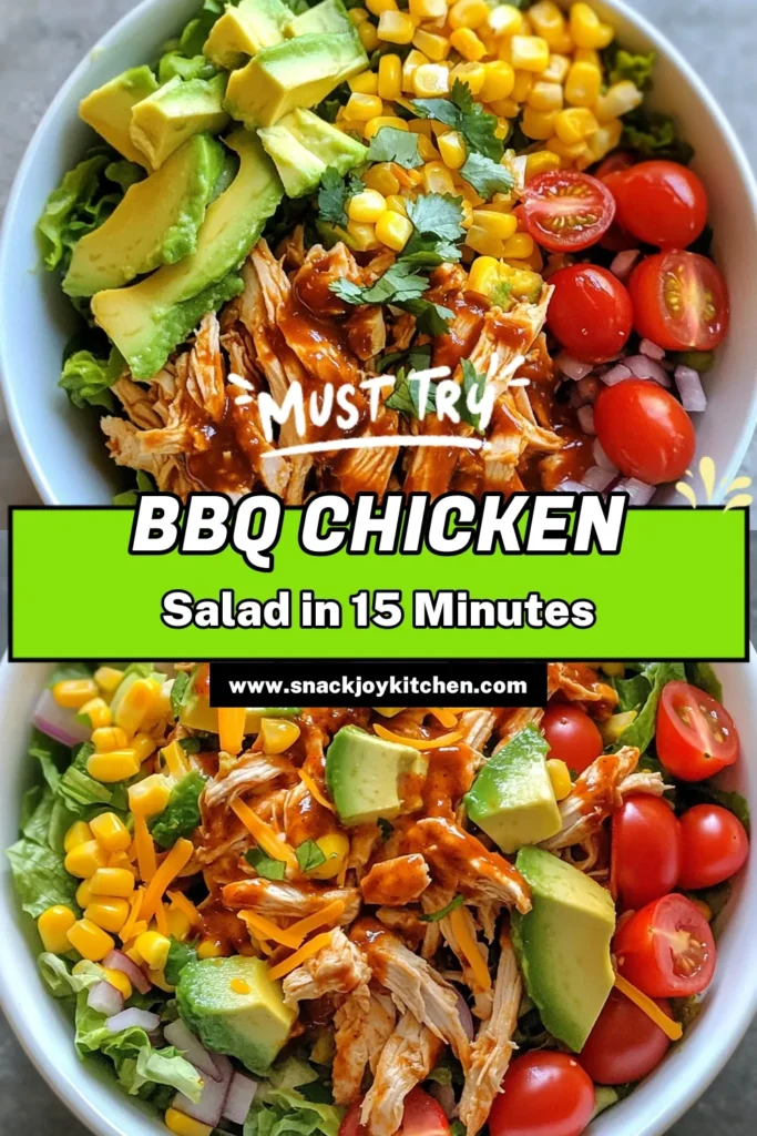 Enjoy a refreshing and satisfying BBQ Chicken Chopped Salad that’s perfect for summer! This healthy BBQ salad features shredded chicken and fresh veggies tossed in BBQ sauce and ranch dressing. It's an easy BBQ chicken recipe that you can whip up in just 15 minutes. Perfect for meal prep or a quick weeknight dinner, this chopped salad recipe will be a hit. Save this recipe now for your summer gatherings! #BBQChickenSalad #ChoppedSaladRecipe #HealthyBBQSalad #SummerSaladWithChicken