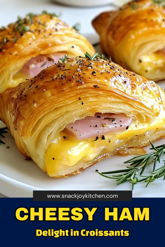 Indulge in these cheesy ham croissants with our easy ham and cheese croissant recipe! Perfect for brunch or a quick snack, these delicious croissant sandwiches are layered with Swiss cheese and savory ham, all kicked up with Dijon mustard. In just 30 minutes, you can enjoy these melt-in-your-mouth treats that are sure to impress. Save this recipe for your next gathering! #CheesyHamCroissants #EasyCroissantSandwiches #HamAndCheeseCroissantRecipe #SwissCheeseCroissants