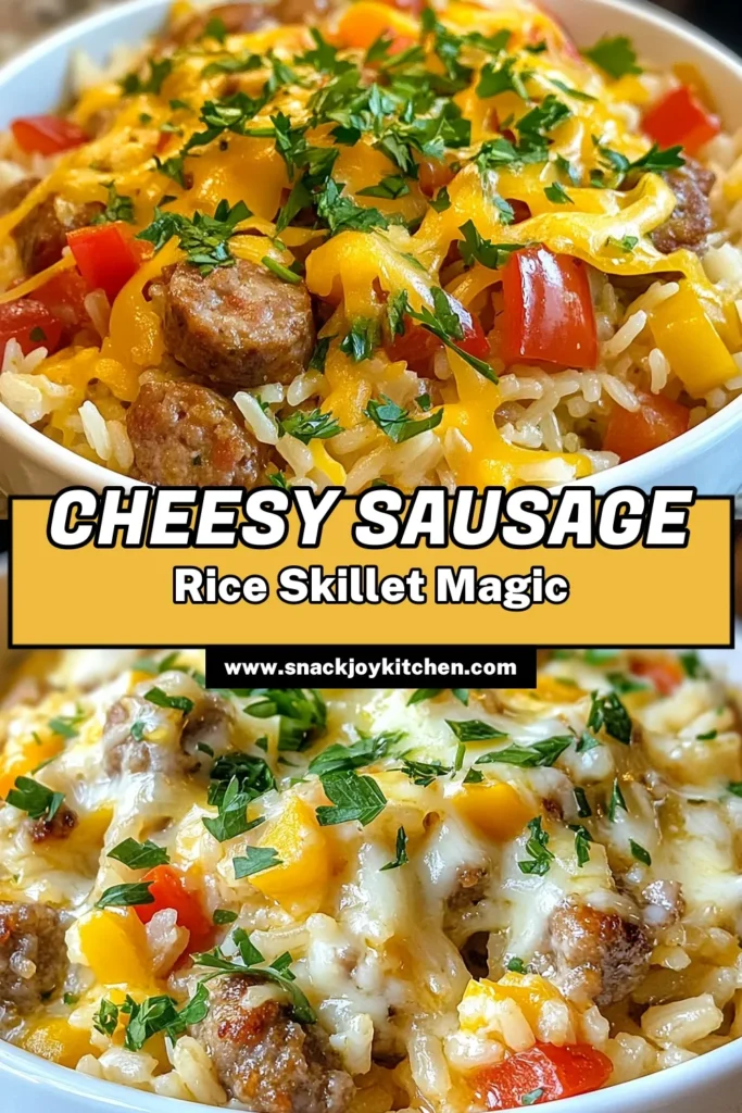 Discover the ultimate Cheesy Sausage Rice Skillet recipe! This one-pan rice skillet combines savory Italian sausage, colorful bell peppers, and gooey cheese for the perfect cheesy comfort food. It's an easy dinner recipe that's sure to please the whole family. Try this delicious dish tonight and make mealtime memorable! Don’t forget to save this recipe for your next meal inspiration! #CheesySausageRiceSkillet #ItalianSausageRecipes #OnePanRiceSkillet #EasyDinnerRecipes