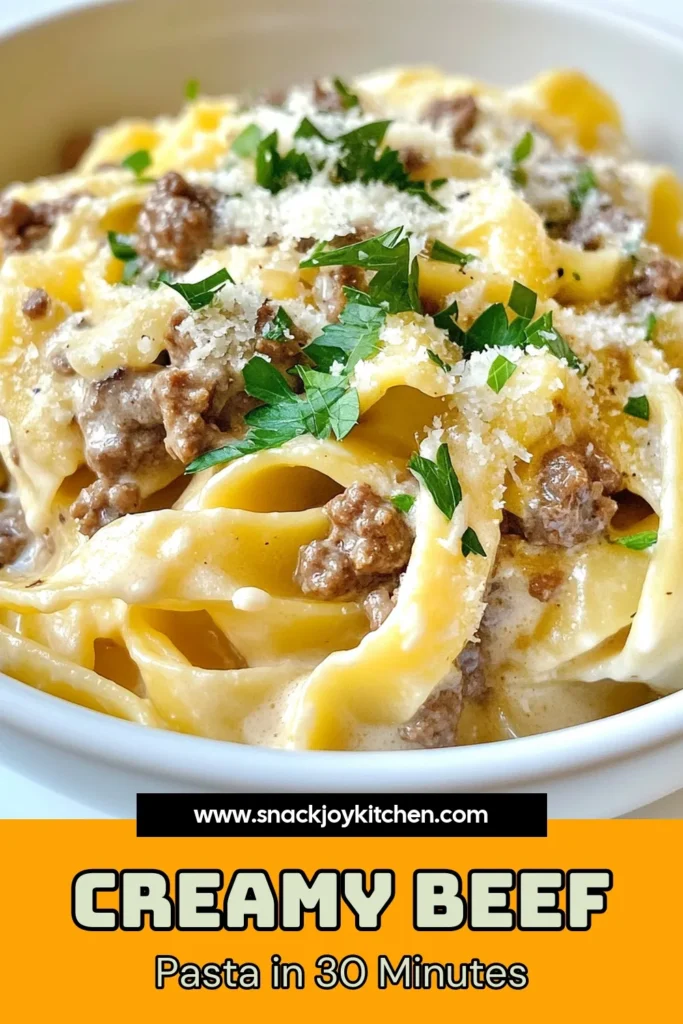 Savor the deliciousness of creamy beef pasta with this easy creamy pasta recipe! This beef fettuccine recipe combines ground beef and a rich sauce for a satisfying Italian pasta dish that your family will adore. Ready in just 30 minutes, it's perfect for busy weeknights. Try this ground beef pasta recipe and make every meal an occasion! Save it for later and indulge in comfort food at its finest. #CreamyBeefPasta #EasyPasta #BeefFettuccine #ItalianDish