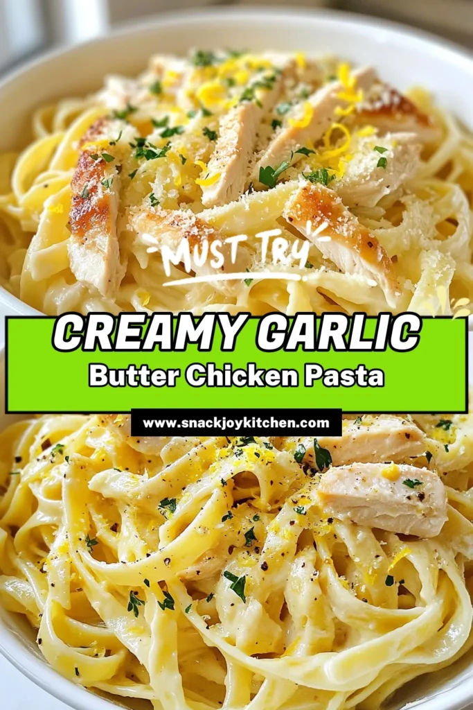 Indulge in the flavors of this Garlic Butter Chicken Pasta! This Fettuccine Chicken Recipe offers a creamy garlic pasta experience that’s quick and easy to make. In just 30 minutes, you’ll have a delicious easy chicken pasta dish that’s perfect for any night. With the zesty freshness of lemon, this Lemon Garlic Butter Pasta will become a family favorite. Try it today and save for later! #PastaRecipe #GarlicButterChicken #EasyDinners #ComfortFood