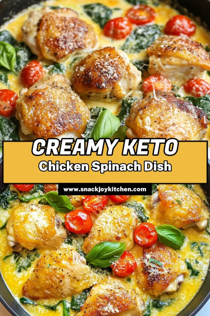 Create a delicious meal with this Keto Chicken Spinach Tomato Skillet! This easy keto recipe combines tender chicken, fresh spinach, and cherry tomatoes in a creamy sauce for a satisfying one-pan chicken dinner. Perfect for busy nights, this low-carb chicken spinach dish is packed with flavor and nutrients. Try this Keto chicken skillet recipe for a delightful dinner that your whole family will love. Save it now! #KetoRecipes #LowCarb #OnePanMeal #FamilyDinner