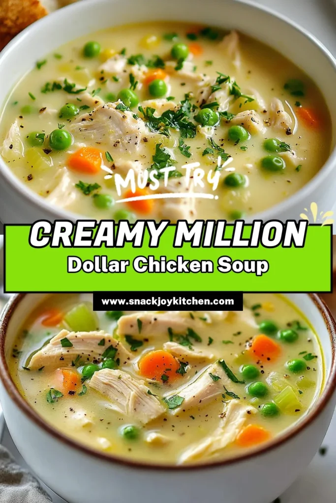 Discover the ultimate comfort food with this Million Dollar Chicken Soup! This creamy chicken soup recipe is not only easy to make but will leave your taste buds craving more. Enjoy the savory flavors of homemade chicken soup, made with fresh ingredients and love. Perfect for a family dinner or cozy nights in! Don’t miss out on this easy chicken soup that everyone will adore. Save and try this delightful recipe today! #ChickenSoup #ComfortFood #SoupSeason #EasyRecipes
