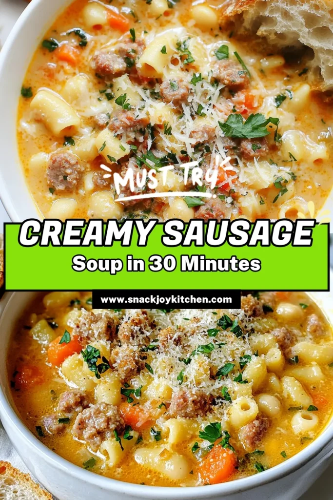 Warm up with this delicious Creamy Sausage Ditalini Soup that's perfect for cozy nights. This easy soup recipe combines Italian sausage, ditalini pasta, cannellini beans, and a rich, creamy broth for a hearty meal. Experience the comforting flavors of creamy sausage soup and impress your family with this Italian sausage soup. Save this ditalini pasta recipe for a satisfying dinner! #CreamySausageSoup #DitaliniPastaRecipe #EasySoupRecipes #ItalianSausageSoup