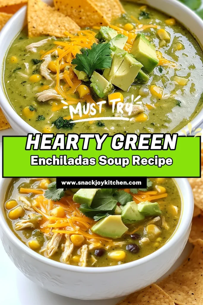 Discover the deliciousness of green enchiladas chicken soup, the perfect easy chicken soup recipe for any night! This healthy enchilada soup combines creamy green enchiladas, shredded chicken, black beans, and corn for a comforting meal. You’ll love this Mexican chicken soup recipe that's quick to prepare and bursting with flavor. Don’t forget to save this recipe for those chilly days! #GreenEnchiladasChickenSoup #EasyChickenSoupRecipe #HealthyEnchiladaSoup #MexicanChickenSoupRecipe