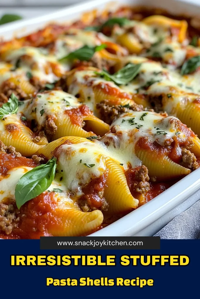 Indulge in these hearty meat stuffed shells, a perfect comfort food option! This easy baked pasta recipe features tender pasta shells filled with a delicious mixture of ground beef, ricotta, and mozzarella. Perfect for busy weeknights, this ground beef pasta dish is a family favorite! Try this cheesy stuffed shells recipe and enjoy the mouthwatering flavors. Save this easy meal idea now! #StuffedShells #PastaRecipe #CheesyGoodness #WeeknightDinner