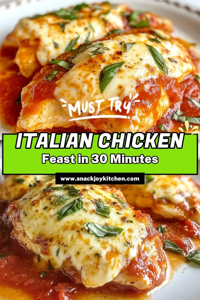Discover this easy Italian chicken dinner with our Three-Ingredient Italian Chicken recipe! Juicy baked chicken with marinara sauce topped with melted mozzarella makes for a delicious and healthy chicken breast recipe. Perfect for busy weeknights, this mozzarella chicken dish is sure to impress. Try it today and elevate your mealtime! Save this quick and savory recipe for later! #ItalianChickenRecipe #EasyDinner #HealthyRecipes #ChickenDinner