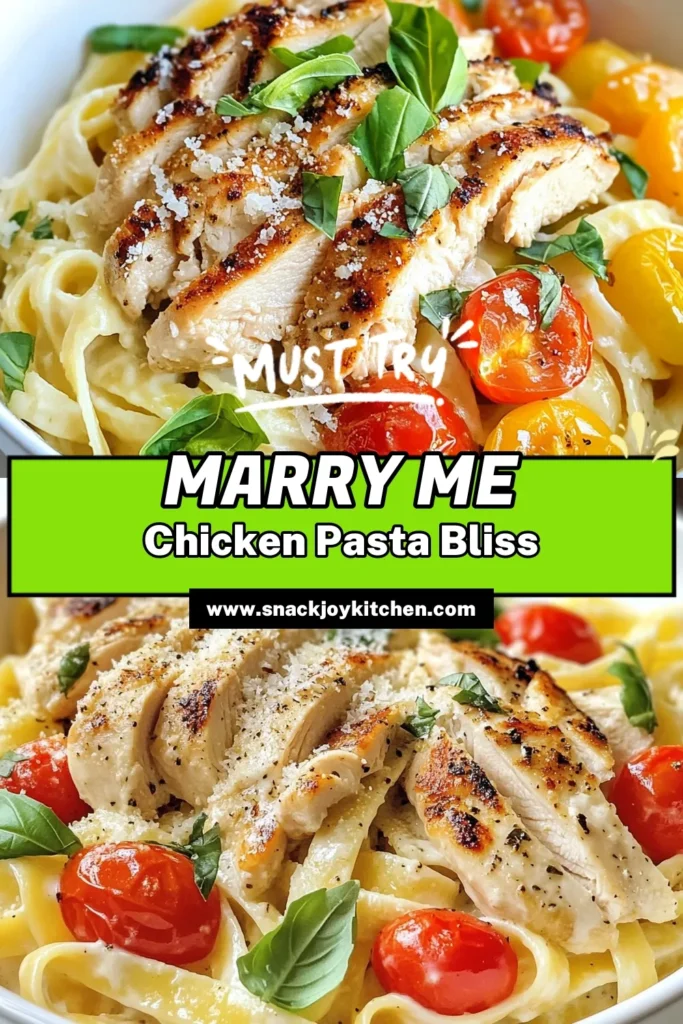 Discover the delicious Marry Me Chicken Pasta recipe, a creamy chicken pasta with tomatoes that will win your heart! This easy chicken pasta dish features tender chicken and fragrant basil, making it perfect for a cozy Italian chicken pasta dinner. In just 30 minutes, you can enjoy pasta with chicken and basil that’s bursting with flavor. Don’t miss out—save this recipe for your dinner plans tonight! #ChickenPasta #ItalianRecipe #EasyDinner #PastaLovers