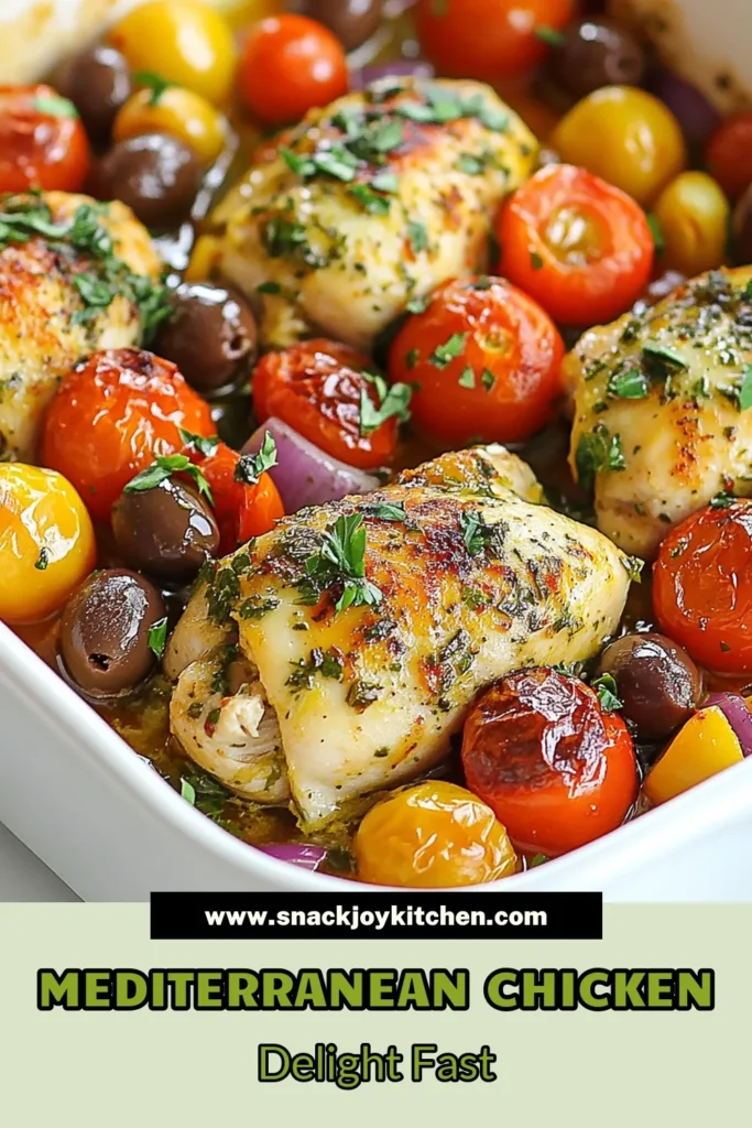 Discover this easy Mediterranean chicken recipe that's perfect for a healthy dinner! Our Mediterranean Chicken Bake combines succulent baked chicken with vibrant vegetables for a delicious one-pan chicken recipe. Packed with flavor and made in just an hour, it’s a simple way to enjoy a wholesome meal. Save this healthy chicken bake for your next weeknight dinner! #MediterraneanChicken #HealthyDinner #EasyRecipe #OnePanMeal