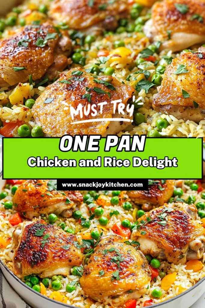 Discover the ultimate one-pan chicken and rice recipe that’s simple and satisfying! This easy chicken bake features succulent chicken thighs, aromatic spices, and vibrant veggies, all perfectly cooked in one dish. Perfect for busy weeknights, this baked chicken and rice meal is not only delicious but a breeze to prepare. Try this one-pot meal recipe today and enjoy the flavors of home-cooked comfort! Save for later! #OnePanChickenAndRice #ChickenThighsRecipe #EasyChickenBake #OnePotMealRecipe