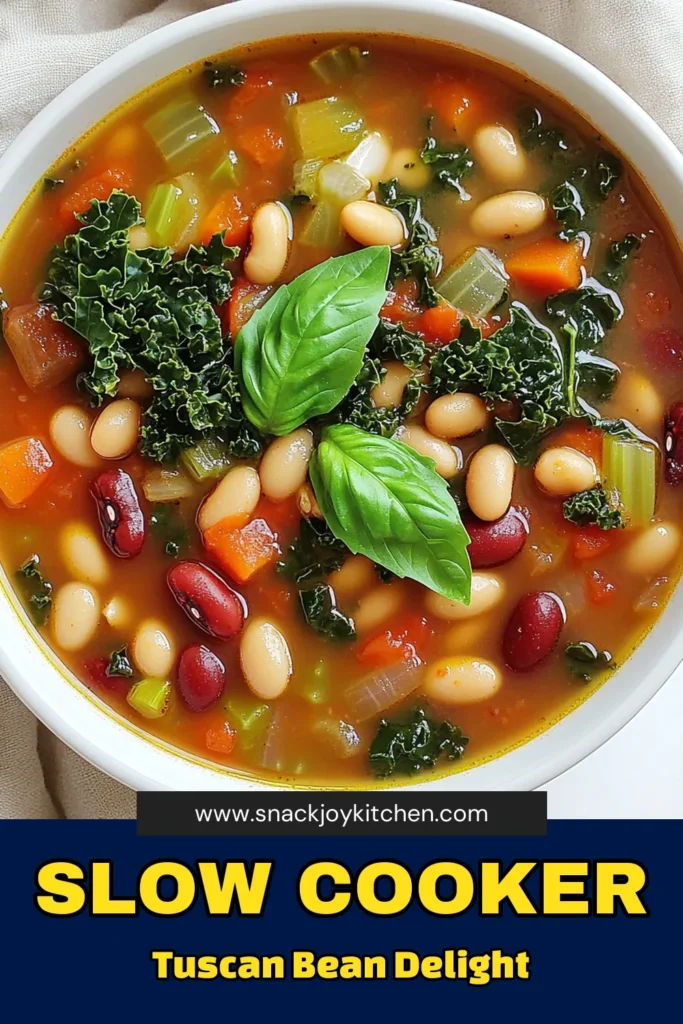 Savor the flavors of this Slow Cooker Tuscan Bean Soup, a hearty and nutritious dish perfect for any occasion! With ingredients like mixed beans, fresh kale, and aromatic herbs simmered to perfection, this recipe is not only easy to make but also packed with goodness. Ready in just a few hours, it's the ideal comfort meal. Click through to discover the full recipe and delight your taste buds! #SlowCookerSoups #HealthyEating #VegetarianRecipes #ComfortFood