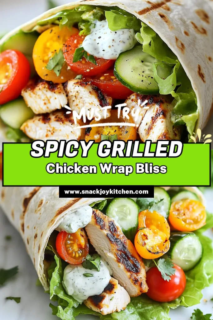 Discover the ultimate grilled chicken wrap recipe with a spicy twist! This zesty chicken wrap is perfect for quick meals, packed with flavor and fresh ingredients. The spicy chicken wraps feature tender grilled chicken, crisp veggies, and a creamy Greek yogurt dressing all wrapped in whole wheat tortillas. Elevate your lunch game and try this delicious recipe today! Save it for your next meal prep! #GrilledChickenWrap #SpicyChickenWraps #WholeWheatTortillaRecipes #HealthyEating